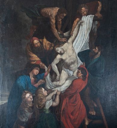 Zdjęcie nr 1: Wielofigurowa dynamiczna scena o kompozycji przekątniowej ukazująca zdjęcie ciała martwego Chrystusa z krzyża. Jest to odtworzenie obrazu środkowego tryptyku przechowywanego w kaplicy arkenbuzerów w katedrze w Antwerpii, namalowanego przez P.P. Rubensa w roku 1614.