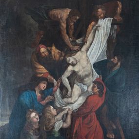 Zdjęcie nr 1: Wielofigurowa dynamiczna scena o kompozycji przekątniowej ukazująca zdjęcie ciała martwego Chrystusa z krzyża. Jest to odtworzenie obrazu środkowego tryptyku przechowywanego w kaplicy arkenbuzerów w katedrze w Antwerpii, namalowanego przez P.P. Rubensa w roku 1614.