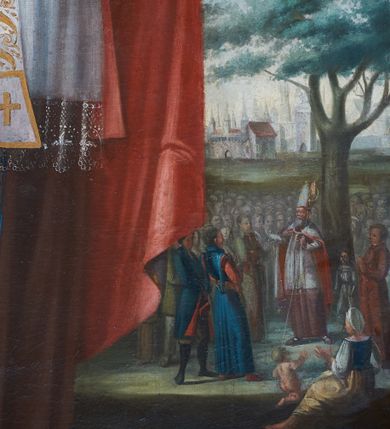 Zdjęcie nr 3: Obraz w kształcie stojącego prostokąta zamkniętego łukiem półkolistym. W centrum kompozycji ukazany św. Wojciech zwrócony en trois quarts w lewo, z pastorałem w prawym ręku i lewą ręką wysuniętą przed siebie, z głową zwróconą w lewo. Święty ubrany w szaty pontyfikalne: długą sutannę, białą komżę oraz białą kapę z czerwoną podszewką; na szyi przewieszona biała stuła ze złotym haftem oraz palisz; na głowie infuła. Twarz ukazana z lewego profilu, okolona długą, gęstą i siwą brodą. W dolnej partii obrazu leżące na ziemi wiosło oraz szabla. W tle ukazana scenka nauczania przez św. Wojciecha. W górnej partii obrazu błękitne niebo i wyłaniające się z obłoków uskrzydlone główki anielskie.