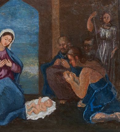 Zdjęcie nr 6: Ołtarz przyścienny, architektoniczny, jednokondygnacyjny, jednoosiowy, z niewielkim zwieńczeniem. Mensa drewniana na murowanej prostopadłościennej skrzyni. Retabulum z wydzieloną predellą ujętą po bokach konsolkami. Boki nastawy w wycięte w formie uproszczonych wolut. Nastawa ujęta parą ustawionych na tle pilastrów kolumn o kompozytowych kapitelach i trzonach dekorowanych w 3/4 wysokości ornamentem okuciowym, powyżej wicią roślinną. Kolumny, ustawione na konsolach zdobionych na krawędziach ornamentem cekinowym, wspierają występujące nad nimi belkowanie i gzyms. Zwieńczenie o fantazyjnym wykroju. W polu środkowym prostokątna nisza ujęta podwójną ramą: zewnętrzna srebrzona, formowana z motywów liści akantu, wewnętrzna profilowana z aplikowanym ornamentem rocaille'owym. W niszy obraz z przedstawieniem Najświętszego Serca Jezusa. Predella dekorowana trzema płycinami, z których boczne wypełnione malowanymi obrazami: Zwiastowanie NMP po lewej i Boże Narodzenie po prawej stronie. W zwieńczeniu owalny obraz z przedstawieniem Matki Boskiej Bolesnej. Konsole kolumn i flankujące nastawę dekorowane na krawędziach ornamentem cekinowym i wolutowo skręconą wicią roślinną. Belkowanie zdobione rozetami w partii fryzu, pośrodku aplikowana rzeźbiona uskrzydlona główka anielska. Całość struktury polichromowana w dwóch odcieniach: jasnobłękitnym oraz brązowym, detal architektoniczny i profilowania złocone i srebrzone.