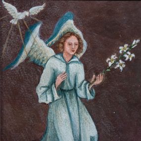 Zdjęcie nr 1: Obraz w kształcie leżącego prostokąta. Po lewej stronie, wewnątrz komnaty ukazana Maria siedząca na tle ciemnozielonej kotary. Matka Boska zwrócona w prawą stronę, z lekko pochylona głową, z lewą ręką złożoną na piersi, prawą opuszczoną, odchyloną od tułowia. Ubrana w jasnofioletową suknię i błękitny płaszcz okrywający ramiona i nogi, na głowie biały welon. Po prawej stronie unoszący się uskrzydlony anioł zwrócony w lewą stronę. Ręce ugięte, uniesione, w lewej trzyma gałązkę lilii. Anioł ubrany w jasnoszarą tunikę. Za nim, w lewym górnym narożu obrazu Gołębica Ducha Świętego, od której rozchodzą się promienie. Rysy twarzy postaci potraktowane syntetycznie.