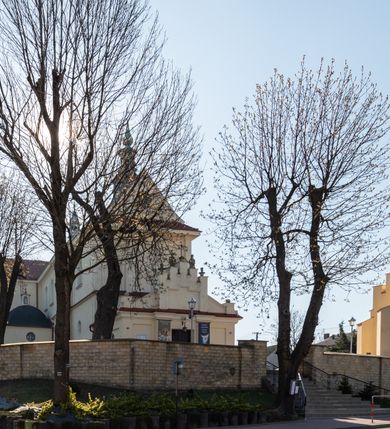 Zdjęcie nr 40: Kościół murowany, orientowany, jednonawowy, z transeptem, prezbiterium z obejściem i przybudówkami. Od zachodu kruchta, od północy kwadratowa kaplica, od południa kolejna przybudówka. 
Prezbiterium zamknięte półokrągło, z obejściem przeprutym do niego arkadami wspartymi na filarach. Ściany nawy i prezbiterium gładkie, przekryte sklepieniem kolebkowym z lunetami, w których mieszczą się okna. Transept i przecięcie naw sklepione krzyżowo. Na ścianach polichromia figuralna ze scenami z Nowego Testamentu, w partii sklepienia drobne, złote gwiazdki. Od zachodu chór zatopiony w występującym asymetrycznie murze, z tralkową balustradą. W prezbiterium siedem okien w kształcie stojącego prostokąta zamkniętego łukiem pełnym wypełnionych witrażami, w nawie sześć okien, w ramionach transeptu po jednym, czterodzielnym, wypełnionym witrażem, na wysokości chóru po dwa z każdej strony. Główne wejście od zachodu przez kruchtę. Fasada poprzedzona przedsionkiem o podziałach ramowych, z prostokątnym wejściem na osi, flankowanym parą pilastrów i prostokątnymi płycinami. Kondygnację wieńczy pełne belkowanie z wysuniętym gzymsem podtrzymującym daszek i trójkątny, schodkowy szczyt zakończony postumentami. Na centralnym krzyż, na sąsiadujących figury dzieci z rogami obfitości, a na zewnętrznych wazony płomieniste; szczyt ujmują postumenty z kulami. Fasada dwukondygnacyjna ze szczytem. Kondygnacja trójosiowa, rozdzielona pilastrami, o polach wypełnionych blendami w kształcie stojących prostokątów zamkniętych łukiem pełnym; szczyt trójkątny, z tarczą zegarową pośrodku. Budynek kościoła o wyraźnych podziałach na bryły składowe, ściany gładkie, przeprute oknami, z gzymsami pod krawędziami dachu. 
Nad nawą główną, na kalenicy, wieżyczka na sygnaturkę z latarnią i baniastym hełmem, druga na skrzyżowaniu naw, z latarnią i  hełmem zakończonym krzyżem. Dach nad nawą główną i przedsionkiem dwuspadowy, nad ramionami transeptu trójspadowym,nad prezbiterium zakończony wielobocznie, na przybudówkach dachy pulpitowe, dwuspadowe i wielospadowe. Dachy kryte dachówką ceramiczną, wieżyczki blachą. 
Najciekawszymi zabytkami kościoła są ołtarz główny z około 1700 roku z nastawą utworzoną z wici winnej latorośli, manierystyczny ołtarz boczny oraz siedemnastowieczna chrzcielnica z warsztatu Santi Gucciego. 
