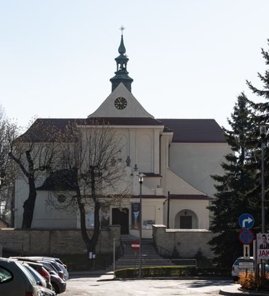 Zdjęcie nr 109: Kościół murowany, orientowany, jednonawowy, z transeptem, prezbiterium z obejściem i przybudówkami. Od zachodu kruchta, od północy kwadratowa kaplica, od południa kolejna przybudówka. 
Prezbiterium zamknięte półokrągło, z obejściem przeprutym do niego arkadami wspartymi na filarach. Ściany nawy i prezbiterium gładkie, przekryte sklepieniem kolebkowym z lunetami, w których mieszczą się okna. Transept i przecięcie naw sklepione krzyżowo. Na ścianach polichromia figuralna ze scenami z Nowego Testamentu, w partii sklepienia drobne, złote gwiazdki. Od zachodu chór zatopiony w występującym asymetrycznie murze, z tralkową balustradą. W prezbiterium siedem okien w kształcie stojącego prostokąta zamkniętego łukiem pełnym wypełnionych witrażami, w nawie sześć okien, w ramionach transeptu po jednym, czterodzielnym, wypełnionym witrażem, na wysokości chóru po dwa z każdej strony. Główne wejście od zachodu przez kruchtę. Fasada poprzedzona przedsionkiem o podziałach ramowych, z prostokątnym wejściem na osi, flankowanym parą pilastrów i prostokątnymi płycinami. Kondygnację wieńczy pełne belkowanie z wysuniętym gzymsem podtrzymującym daszek i trójkątny, schodkowy szczyt zakończony postumentami. Na centralnym krzyż, na sąsiadujących figury dzieci z rogami obfitości, a na zewnętrznych wazony płomieniste; szczyt ujmują postumenty z kulami. Fasada dwukondygnacyjna ze szczytem. Kondygnacja trójosiowa, rozdzielona pilastrami, o polach wypełnionych blendami w kształcie stojących prostokątów zamkniętych łukiem pełnym; szczyt trójkątny, z tarczą zegarową pośrodku. Budynek kościoła o wyraźnych podziałach na bryły składowe, ściany gładkie, przeprute oknami, z gzymsami pod krawędziami dachu. 
Nad nawą główną, na kalenicy, wieżyczka na sygnaturkę z latarnią i baniastym hełmem, druga na skrzyżowaniu naw, z latarnią i  hełmem zakończonym krzyżem. Dach nad nawą główną i przedsionkiem dwuspadowy, nad ramionami transeptu trójspadowym,nad prezbiterium zakończony wielobocznie, na przybudówkach dachy pulpitowe, dwuspadowe i wielospadowe. Dachy kryte dachówką ceramiczną, wieżyczki blachą. 
Najciekawszymi zabytkami kościoła są ołtarz główny z około 1700 roku z nastawą utworzoną z wici winnej latorośli, manierystyczny ołtarz boczny oraz siedemnastowieczna chrzcielnica z warsztatu Santi Gucciego. 
