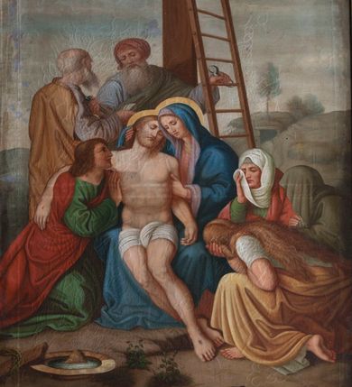 Zdjęcie nr 12: Obrazy w formie stojącego prostokąta, w profilowanej ramie, po bokach ujęte uszami utworzonymi z ornamentu roślinnego. U spodu każdego znajduje się  banderola z podpisem stacji. Zwieńczenie w formie tarczy z numerem stacji, banderolą i krzyżem powyżej, ujęte wolutami utworzonymi z ornamentu roślinnego. Sceny są wielopostaciowe, umieszczone na tle pejzażu roślinnego i sztafażu architektonicznego z linią horyzontu w dwóch trzecich wysokości. Postacie ukazane zostały w dynamicznym ruchu i wydobyte z tła intensywną kolorystyką. Tło najczęściej w tonacji brunatnej. 