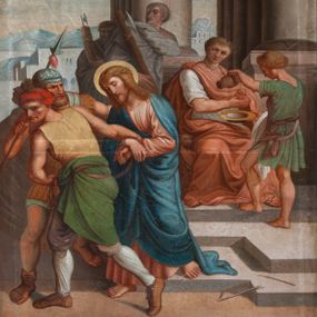 Zdjęcie nr 1: Obrazy w formie stojącego prostokąta, w profilowanej ramie, po bokach ujęte uszami utworzonymi z ornamentu roślinnego. U spodu każdego znajduje się  banderola z podpisem stacji. Zwieńczenie w formie tarczy z numerem stacji, banderolą i krzyżem powyżej, ujęte wolutami utworzonymi z ornamentu roślinnego. Sceny są wielopostaciowe, umieszczone na tle pejzażu roślinnego i sztafażu architektonicznego z linią horyzontu w dwóch trzecich wysokości. Postacie ukazane zostały w dynamicznym ruchu i wydobyte z tła intensywną kolorystyką. Tło najczęściej w tonacji brunatnej. 