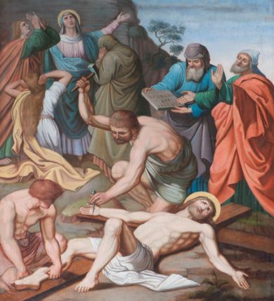 Zdjęcie nr 9: Obrazy w formie stojącego prostokąta, w profilowanej ramie, po bokach ujęte uszami utworzonymi z ornamentu roślinnego. U spodu każdego znajduje się  banderola z podpisem stacji. Zwieńczenie w formie tarczy z numerem stacji, banderolą i krzyżem powyżej, ujęte wolutami utworzonymi z ornamentu roślinnego. Sceny są wielopostaciowe, umieszczone na tle pejzażu roślinnego i sztafażu architektonicznego z linią horyzontu w dwóch trzecich wysokości. Postacie ukazane zostały w dynamicznym ruchu i wydobyte z tła intensywną kolorystyką. Tło najczęściej w tonacji brunatnej. 