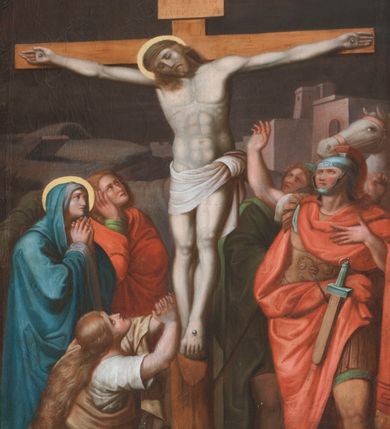 Zdjęcie nr 10: Obrazy w formie stojącego prostokąta, w profilowanej ramie, po bokach ujęte uszami utworzonymi z ornamentu roślinnego. U spodu każdego znajduje się  banderola z podpisem stacji. Zwieńczenie w formie tarczy z numerem stacji, banderolą i krzyżem powyżej, ujęte wolutami utworzonymi z ornamentu roślinnego. Sceny są wielopostaciowe, umieszczone na tle pejzażu roślinnego i sztafażu architektonicznego z linią horyzontu w dwóch trzecich wysokości. Postacie ukazane zostały w dynamicznym ruchu i wydobyte z tła intensywną kolorystyką. Tło najczęściej w tonacji brunatnej. 