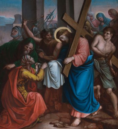 Zdjęcie nr 5: Obrazy w formie stojącego prostokąta, w profilowanej ramie, po bokach ujęte uszami utworzonymi z ornamentu roślinnego. U spodu każdego znajduje się  banderola z podpisem stacji. Zwieńczenie w formie tarczy z numerem stacji, banderolą i krzyżem powyżej, ujęte wolutami utworzonymi z ornamentu roślinnego. Sceny są wielopostaciowe, umieszczone na tle pejzażu roślinnego i sztafażu architektonicznego z linią horyzontu w dwóch trzecich wysokości. Postacie ukazane zostały w dynamicznym ruchu i wydobyte z tła intensywną kolorystyką. Tło najczęściej w tonacji brunatnej. 