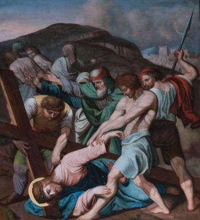 Zdjęcie nr 7: Obrazy w formie stojącego prostokąta, w profilowanej ramie, po bokach ujęte uszami utworzonymi z ornamentu roślinnego. U spodu każdego znajduje się  banderola z podpisem stacji. Zwieńczenie w formie tarczy z numerem stacji, banderolą i krzyżem powyżej, ujęte wolutami utworzonymi z ornamentu roślinnego. Sceny są wielopostaciowe, umieszczone na tle pejzażu roślinnego i sztafażu architektonicznego z linią horyzontu w dwóch trzecich wysokości. Postacie ukazane zostały w dynamicznym ruchu i wydobyte z tła intensywną kolorystyką. Tło najczęściej w tonacji brunatnej. 