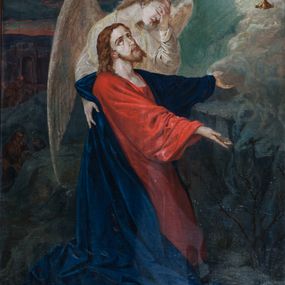 Zdjęcie nr 1: Obraz w kształcie stojącego prostokąta, ujęty prostą, drewnianą ramą. W centrum kompozycji klęczy Chrystus, który rozkłada ręce przed sobą i wznosi wzrok do nieba. Ma pociągłą twarz, duże, szeroko otwarte oczy, wąski nos i nieznacznie rozchylone usta. Krótka broda dzieli się w dwa pukle, falowane, jasnobrązowe włosy spływają mu na plecy. Jest ubrany w czerwoną suknię i niebieski płaszcz, który owija się wokół lewej ręki, jest na plecach przytrzymywany przez anioła i spływa na ziemię, układając się w krótkie, twardo łamane fałdy. Anioł stoi za Chrystusem i twarz zakrywa lewą dłonią, jakby nie chciał patrzeć na to, co się dzieje. Jest ubrany w długą, białą suknię, skrzydła ma złożone, sięgające kolan. Przed nimi na obłokach i w promieniach światła unosi się złoty kielich, którego czara jest otoczona koroną cierniową a z wnętrza wyłania się krzyż. Na drugim planie, z lewej strony kompozycji trzech mężczyzn siedzi za skałą, na kolejnym planie ludzie stoją na tle bramy. Scena rozgrywa się wśród skał, na tle widocznych na horyzoncie wzniesień, poniżej ciemnego nieba i widocznych nad horyzontem ostatnich promieni zachodzącego słońca. 