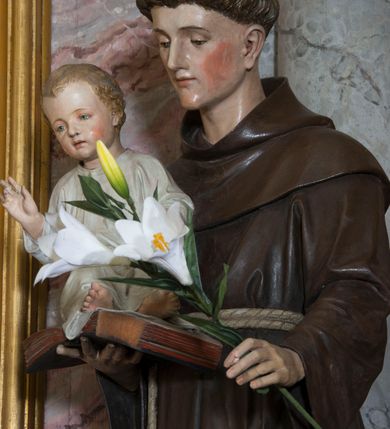 Zdjęcie nr 3: Rzeźba pełna przedstawiająca stojącego św. Antoniego Padewskiego z Dzieciątkiem Jezus. Święty ukazany w delikatnym kontrapoście, z głową lekko pochyloną. Oczy ma opuszczone, nos prosty, usta wąskie, na głowie tonsurę, włosy ciemne. Święty jest ubrany w brązowy habit franciszkański przepasany jasnym sznurem z węzłami. Na prawej ręce trzyma księgę, na której siedzi ubrane w białą sukienkę Dzieciątko, w lewej kwiat lilii. Polichromia w partiach ciała naturalistyczna.