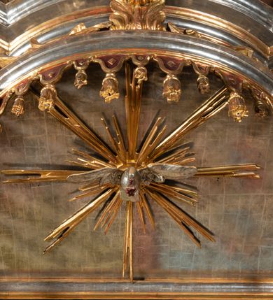 Zdjęcie nr 15: Ambona przyścienna, wisząca, z wejściem od tyłu dwubiegowymi schodami z podestem. Kosz na rzucie owalu o wklęsłych ściankach bocznych i wypukłej frontowej, na wypukłym cokole zdobionym od frontu płaskorzeźbionym motywem rocaille’u. U spodu kosza pięć kabłąków dekorowanych u góry palmetami i fragmentami rocaille’ów, zakończonych zwisem w formie winnego grona. Ścianki kosza opięte wklęsłym pilastrami; od frontu z figurami św. Jana i św. Mateusza siedzących na obłokach, trzymających otwarte księgi z napisem: OVI EX DEO EST VERBA DEI AUDIT / PROPTEREA VOS NON AUDITIS, QVIA EX DEO NON ESTIS. Joanne 8,47; oraz: ERAT ENIM / DOCENS EOS / SICUT PO=/TESTATEM /HABENS / ET NON / SICUT / SCRIBAE / EORUM / ET PHARI=/SAEI. Mat 7,18; na tle pozostałych pilastrów symbole ewangelistów: orzeł trzymający w ‘szponach kałamarz oraz głowa wołu. Ścianki w polach dekorowane rocaille’ami, frontowa z różanymi gałązkami. Kosz zwieńczony profilowanym gzymsem, występującym nad pilastrami. Na zaplecku obraz Szymona Kawalskiego Rozesłanie Apostołów, w kształcie leżącego prostokąta, w profilowanej, złoconej ramie, ujęty uszami utworzonymi z motywów rocaille’ów. Baldachim powtarza rzut kosza, wsparty na belkowaniu dekorowanym palmetami i rocaille’ami w partii fryzu, z podwieszonym lambrekinem. Powyżej ażurowa konstrukcja z wolut dekorowanych rocaille’ami, zbliżona do korony, otaczająca półpostać Chrystusa trzymającego jabłko królewskie i laskę pasterską. U spodu baldachimu podwieszona Gołębica Ducha Świętego w glorii. Struktura marmoryzowana laserunkowo, profile srebrzone, ornamenty złocone.