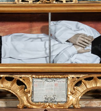 Zdjęcie nr 15: Ołtarz architektoniczny, jednoosiowy, jednokondygnacyjny ze zwieńczeniem, na cokole. Mensa drewniana umieszczona na drewnianej tumbie o wklęsło-wypukłych bokach. Antependium dekorowane rocaille’owym kartuszem z rytym gorejącym sercem, brzegi zdobione rocaille’em. W predelli przeszklona trumienka z figurą św. Jana Nepomucena, w profilowanej, złoconej ramie, na rocaillowej podstawie. Nastawa ujęta parami występujących do przodu filarów: wewnętrzne filary opięte pilastrami; zewnętrzne filary z wolutami zamiast trzonów, z figurami aniołów. Podpory dźwigają pełne belkowanie, przerwane nad polem środkowym. W polu nisza w kształcie stojącego prostokąta zamkniętego trójbocznie, w której obraz Święta Rodzina w profilowanej ramie. Przy filarach od wewnątrz rocaille’owe konsole z figurami św. Doroty i św. Katarzyny Aleksandryjskiej. Zwieńczenie w formie aedikuli zbliżonej do kwadratu o fantazyjnym wklęsło-wypukłym zamknięciu; ujęte pilastrami przechodzącymi w spływy wolutowe, opadające na belkowanie, tworzące postumenty dla figur św. Stefana i św. Emeryka. W polu zwieńczenia obraz z przedstawieniem Świętej Rodziny przy pracy, w kształcie kwadratu o wklęsłych narożach, w profilowanej ramie. Zwieńczenie zamknięte glorią promienistą z literami IHS w otoczeniu obłoków; na osi pilastrów rokokowe wazony z różami.W partii cokołów kanony w rocaille’owych ramach. Trzony pilastrów i woluty dekorowane rocaille’owymi płycinami, we fryzie rocaille. Nisza w polu środkowym ujęta rocaille’ami, zwieńczona mitrą książęcą, flankowana przez parę uskrzydlonych główek anielskich. Woluty zwieńczenia dekorowane motywami rocaille’ów. Rama obrazu w polu ujęta małżowiną, ornamentem roślinnym i rocaille’ami. Struktura marmoryzowana w odcieniu jasnoniebieskim, podpory, tumba i cokoły w odcieniu kości słoniowej; ornamentyka i profile złocone.