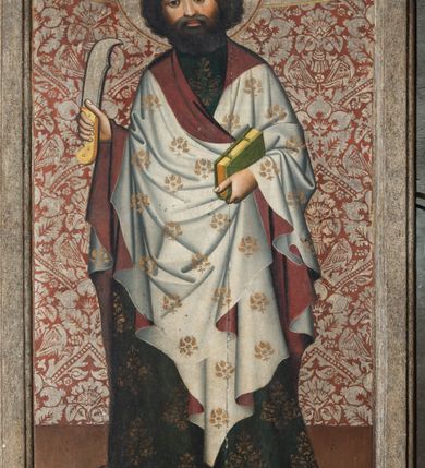 Zdjęcie nr 8: Jedno dwustronnie malowane skrzydło ołtarzowe o kształcie stojącego prostokąta. Na awersie cztery sceny z życia i działalności św. Bartłomieja Apostoła w Indiach: Uzdrowienie córki króla Polemiusza, Wypędzenie diabła ze świątyni, Chrzest króla Polemiusza i jego dworu oraz Pojmanie św. Bartłomieja. Na rewersie Modlitwa w Ogrojcu. Na fragmencie części środkowej (2/3 całości) umieszczono dwie sceny męczeństwa świętego oraz duże całopostaciowe przedstawienie św. Bartłomieja stojącego frontalnie na tle wzorzystej tkaniny. Twarz szeroka okolona czarnymi kędzierzawymi włosami i takąż brodą. Ubrany w długą ciemną suknię, spod której u dołu widać tylko czubki czerwonych spiczastych butów. Okryty białym płaszczem z czerwoną podszewką. Ręce ugięte w łokciach, w prawej dłoni nóż (narzędzie męki), w lewej oprawna księga.  