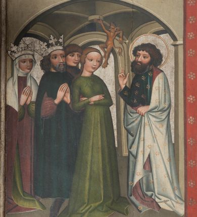 Zdjęcie nr 4: Jedno dwustronnie malowane skrzydło ołtarzowe o kształcie stojącego prostokąta. Na awersie cztery sceny z życia i działalności św. Bartłomieja Apostoła w Indiach: Uzdrowienie córki króla Polemiusza, Wypędzenie diabła ze świątyni, Chrzest króla Polemiusza i jego dworu oraz Pojmanie św. Bartłomieja. Na rewersie Modlitwa w Ogrojcu. Na fragmencie części środkowej (2/3 całości) umieszczono dwie sceny męczeństwa świętego oraz duże całopostaciowe przedstawienie św. Bartłomieja stojącego frontalnie na tle wzorzystej tkaniny. Twarz szeroka okolona czarnymi kędzierzawymi włosami i takąż brodą. Ubrany w długą ciemną suknię, spod której u dołu widać tylko czubki czerwonych spiczastych butów. Okryty białym płaszczem z czerwoną podszewką. Ręce ugięte w łokciach, w prawej dłoni nóż (narzędzie męki), w lewej oprawna księga.  