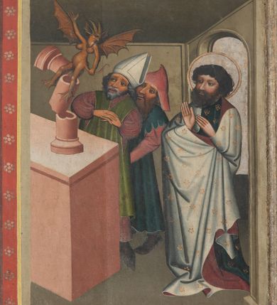 Zdjęcie nr 9: Jedno dwustronnie malowane skrzydło ołtarzowe o kształcie stojącego prostokąta. Na awersie cztery sceny z życia i działalności św. Bartłomieja Apostoła w Indiach: Uzdrowienie córki króla Polemiusza, Wypędzenie diabła ze świątyni, Chrzest króla Polemiusza i jego dworu oraz Pojmanie św. Bartłomieja. Na rewersie Modlitwa w Ogrojcu. Na fragmencie części środkowej (2/3 całości) umieszczono dwie sceny męczeństwa świętego oraz duże całopostaciowe przedstawienie św. Bartłomieja stojącego frontalnie na tle wzorzystej tkaniny. Twarz szeroka okolona czarnymi kędzierzawymi włosami i takąż brodą. Ubrany w długą ciemną suknię, spod której u dołu widać tylko czubki czerwonych spiczastych butów. Okryty białym płaszczem z czerwoną podszewką. Ręce ugięte w łokciach, w prawej dłoni nóż (narzędzie męki), w lewej oprawna księga.  