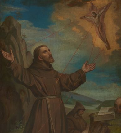 Zdjęcie nr 1: Obraz w kształcie stojącego prostokąta przedstawiający stygmatyzację św. Franciszka. W centrum kompozycji znajduje się św. Franciszek, usytuowany nieco z lewej strony obrazu, w pozycji klęczącej, zwrócony w trzech czwartych w lewo, z rękami rozłożonymi szeroko na boki. Ma podłużną twarz, z krótkim i jasnym zarostem, z oczami skierowanymi na Chrystusa, na głowie tonsurę. Święty ubrany jest w habit franciszkański przewiązany sznurem, a na stopach ma założone sandały. W górnej części obrazu, po prawej stronie znajduje się Chrystus jako serafin, z którego ran wychodzą czerwone promienie tworzące stygmaty u świętego Franciszka. Przed świętym, na wysokim wzniesieniu ułożone są: otwarta księga oraz czaszka. W tle, pośrodku widać zakonnika, ukazanego w pozycji siedzącej, czytającego księgę. W oddali widać pejzaż górski i pochmurne niebo. W dolnej części obrazu słabo czytelna sygnatura „Wład(ysław) P. Bąkowski 1886.” Rama drewniana, profilowana, fakturowana i złocona, zdobiona stylizowanymi rocaille'ami.

