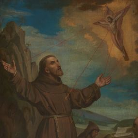 Zdjęcie nr 1: Obraz w kształcie stojącego prostokąta przedstawiający stygmatyzację św. Franciszka. W centrum kompozycji znajduje się św. Franciszek, usytuowany nieco z lewej strony obrazu, w pozycji klęczącej, zwrócony w trzech czwartych w lewo, z rękami rozłożonymi szeroko na boki. Ma podłużną twarz, z krótkim i jasnym zarostem, z oczami skierowanymi na Chrystusa, na głowie tonsurę. Święty ubrany jest w habit franciszkański przewiązany sznurem, a na stopach ma założone sandały. W górnej części obrazu, po prawej stronie znajduje się Chrystus jako serafin, z którego ran wychodzą czerwone promienie tworzące stygmaty u świętego Franciszka. Przed świętym, na wysokim wzniesieniu ułożone są: otwarta księga oraz czaszka. W tle, pośrodku widać zakonnika, ukazanego w pozycji siedzącej, czytającego księgę. W oddali widać pejzaż górski i pochmurne niebo. W dolnej części obrazu słabo czytelna sygnatura „Wład(ysław) P. Bąkowski 1886.” Rama drewniana, profilowana, fakturowana i złocona, zdobiona stylizowanymi rocaille'ami.

