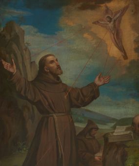Zdjęcie nr 1: Obraz w kształcie stojącego prostokąta przedstawiający stygmatyzację św. Franciszka. W centrum kompozycji znajduje się św. Franciszek, usytuowany nieco z lewej strony obrazu, w pozycji klęczącej, zwrócony w trzech czwartych w lewo, z rękami rozłożonymi szeroko na boki. Ma podłużną twarz, z krótkim i jasnym zarostem, z oczami skierowanymi na Chrystusa, na głowie tonsurę. Święty ubrany jest w habit franciszkański przewiązany sznurem, a na stopach ma założone sandały. W górnej części obrazu, po prawej stronie znajduje się Chrystus jako serafin, z którego ran wychodzą czerwone promienie tworzące stygmaty u świętego Franciszka. Przed świętym, na wysokim wzniesieniu ułożone są: otwarta księga oraz czaszka. W tle, pośrodku widać zakonnika, ukazanego w pozycji siedzącej, czytającego księgę. W oddali widać pejzaż górski i pochmurne niebo. W dolnej części obrazu słabo czytelna sygnatura „Wład(ysław) P. Bąkowski 1886.” Rama drewniana, profilowana, fakturowana i złocona, zdobiona stylizowanymi rocaille'ami.

