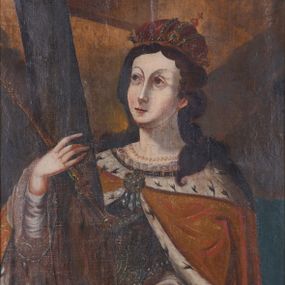 Zdjęcie nr 1: Obraz w kształcie stojącego prostokąta. W centrum kompozycji św. Helena ukazana w półpostaci, zwrócona trzy czwarte w prawo z wysokim krzyżem, który podtrzymuje rękami po swojej prawej stronie, w prawej dłoni trzyma złocone i kameryzowane berło. Twarz owalna z drobnymi ustami, długim i wąskim nosem, wzrokiem skierowanym w prawą stronę obrazu, półkoliście zarysowanymi brwiami, okolona długimi i ciemnobrązowymi włosami, które opadają na plecy i lewe ramię. Święta jest ubrana w strój królewski: bogato dekorowaną suknię z bufiastymi rękawami, czerwony płaszcz z gronostajową podszewką i pelerynką, spięty na piersi ozdobną broszą. Na głowie ma założoną koronę w typie zamkniętym, na szyi sznur pereł, a na uszach złote kolczyki z niebieskimi kamieniami. W tle krajobraz w tonacji brązowo-niebieskiej, z widoczną w połowie obrazu linią horyzontu oraz żółtobrązowym niebem. Rama drewniana, profilowana i złocona.