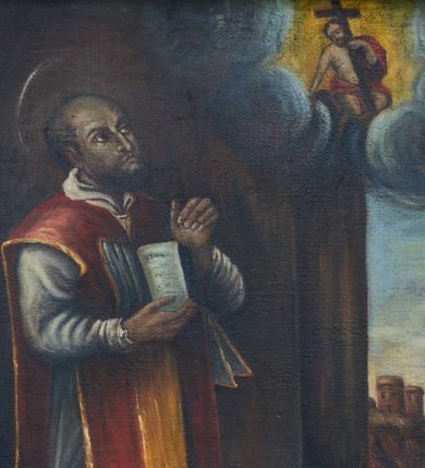 Zdjęcie nr 1: Obraz w kształcie stojącego prostokąta z przedstawieniem św. Walentego. Po lewej stronie kompozycji św. Walenty zwrócony trzy czwarte w lewo z głową skierowaną w stronę Chrystusa zasiadającego pośród obłoków w prawym narożu obrazu. U dołu, po prawej stronie postać śpiącego chorego. Święty Walenty o twarzy skierowanej w lewo, w dłoniach trzyma otwartą księgę. Twarz podłużna, o ciemnej karnacji, okolona krótką brodą i włosami. Ubrany jest w białą albę oraz czerwony ornat półkoliście wycięty ze złotą pretekstą i obszyty złotymi galonami. Nad głową świętego widoczny jest zarys białego, kolistego nimbu. Śpiący chory ukazany w pozycji leżącej z ugiętymi kolanami. Ubrany jest w białą koszulę i niebieski płaszcz. Powyżej Chrystus w postawie siedzącej z krzyżem w lewej dłoni. Ubrany w czerwony płaszcz odsłaniający nagi tors i kolana. Całość zakomponowana jest na tle budowli z kolumną. Na dalszym planie, po prawej stronie otwiera się rozległy krajobraz z wieżami na skarpie. Kolorystyka obrazu ciepła, utrzymana w tonacji brązu i urozmaicona ciepłą czerwienią oraz intensywną żółcią. Rama drewniana, profilowana i złocona. 