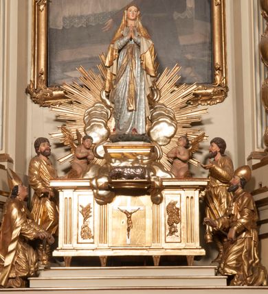 Zdjęcie nr 31: Nastawa jednoosiowa, jednokondygnacyjna ze zwieńczeniem, na wysokim dwustrefowym cokole z wyodrębnionymi czterema prostopadłościanami. Ołtarz kamienny, prostopadłościenny, z kamienną mensą. Antepedium ujęte srebrzoną opaską z napisem „kości ich niech wypuszczą pędu ze swego miejsca, aby byli wsławieni przez swoich synów”, pole podzielone na cztery części ornamentem roślinnym, każda wypełniona złoconą wicią kwiatową i czterema okrągłymi prześwitami. Na ołtarzu ustawione tabernakulum w formie Arki Przymierza. Nastawa ujęta dwiema parami pilastrów i dwiema parami kolumn o kręconych trzonach ustawionych pod kątem na zewnątrz, dźwigającymi pełne belkowanie z kostkowaniem, wyłamane na ich osi, przerwane nad polem środkowym oraz fragmenty przerwanego, półkolistego przyczółka. W polu środkowym wnęka w formie stojącego prostokąta zamkniętego łukiem półkolistym, w niej mniejszy obraz w kształcie stojącego prostokąta zamkniętego łukiem półkolistym nadwieszonym z przedstawieniem Wizji św. Franciszka, ujęty ramą dekorowaną rocaille&#039;em. Zwieńczenie w formie grupy rzeźbiarskiej Przemienienia Pańskiego na tle obłoków i w glorii promienistej. 
W partii belkowania nad polem głównym, na rzeźbionej skale podtrzymywanej przez rocaille klęczące postacie św. Piotra, św. Jana i św. Jakuba w dynamicznych pozach. Nad nimi unosi się Chrystus w otoku z obłoków i glorii, flankowany przez figury Mojżesza i Eliasza klęczące na przerwanym przyczółku, za nimi nadlatujące putta na obłokach. Po lewej stronie Piotr klęczący frontalnie z uniesionymi rękami. Obok niego klęczący św. Jan zwrócony profilem w lewo, z rękami wyciągniętymi w przód, o młodzieńczych rysach i długich, kręconych włosach. Święty Jakub po prawej stronie, w pozycji siedzącej, zwrócony w trzech czwartych w prawo z rękami wyciągniętymi w lewo. Wszyscy ubrani w przylegające do ciała tuniki oraz płaszcze przepasane w partii nóg. Nad nimi Chrystus w pozycji stojącej, frontalnie, w kontrapoście, z uniesioną głową i rękami rozłożonymi na boki, ubrany jest w tunikę oraz płaszcz przewiązany przez lewe ramię i wokół nóg. Na lewym fragmencie przyczółka klęczy Eliasz, zwrócony w trzech czwartych w lewo, pochylony, prawą ręką przytrzymuje na boku księgę, lewą wyciąga w przód. Ubrany jest w tunikę oraz rozwiany płaszcz. Na prawym fragmencie przyczółka klęczy Mojżesz, zwrócony w trzech czwartych w prawo, z pochylona głową, obiema rękami trzyma tablice przykazań. Ubrany jest w tunikę o krótkich rękawach oraz płaszcz zawinięty na lewym ramieniu i opadający na nogi. Obaj prorocy ukazani jako starcy. Nastawa flankowana dwoma wspornikami z figurami św. Wacława i św. Floriana. Struktura polichromowana w kolorze beżowym z żółtymi detalami oraz złoconymi profilami, ornamentyką i zwieńczeniem. Figury w partii ciała polichromowane naturalistycznie z brązowymi włosami i brodami oraz złoconymi szatami i atrybutami. 

