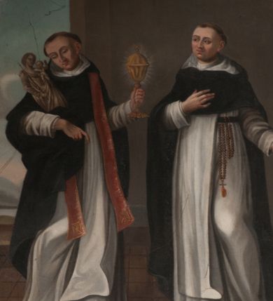 Zdjęcie nr 1: Obraz w formie zbliżonej do trapezu, o wklęsłych bokach i górnej krawędzi w formie łuku segmentowego z uskokiem. We wnętrzu ukazani w całej postaci dwa święci. Po lewej św. Jacek zwrócony frontalnie, w kontrapoście, z głową przechyloną na prawe ramię, w lewej ręce wysuniętej w bok trzyma puszkę na komunikanty w glorii, prawym ramieniem przytula figurę Matki Boskiej z Dzieciątkiem. Twarz ma pociągłą, o migdałowatych oczach, skierowanych w dół, prostym nosie i pełnych ustach, na głowie ma tonsurę. Ubrany jest w biały habit dominikański oraz czarny płaszcz z kapturem, podtrzymywany z przodu prawą ręką, na szyi ma zawieszoną czerwoną stułę. W prawej części obrazu bł. Czesław zwrócony w trzech czwartych w prawo, w kontrapoście, prawą rękę kładzie na piersi, lewą wyciąga w bok. Twarz ma pociągłą, o migdałowatych oczach, lekko garbatym nosie i pełnych ustach, na głowie ma tonsurę. Ubrany jest w biały habit, przepasany w talii, z różańcem przy boku oraz czarny płaszcz z kapturem. Na jego lewej nodze znajduje się ognista kula. Postacie ukazane we wnętrzu z szarymi ścianami oraz prześwitem w lewej części z widocznym w oddali pejzażem. W dolnej części obrazu napisy „S(więty) Jacek” i „S(więty) Czesław”. Obraz ujęty profilowaną ramą dekorowaną kwiatami słonecznika. 

