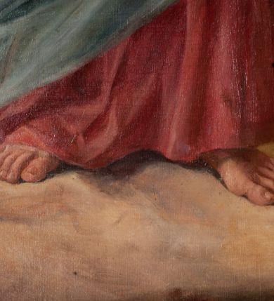 Zdjęcie nr 5: Obraz w formie stojącego prostokąta zamkniętego łukiem półkolistym nadwieszonym z przedstawieniem św. Małgorzaty klęczącej przed Chrystusem na tle ołtarza. Święta ukazana tyłem, zwrócona w trzech czwartych w prawo, z uniesioną głową i rozłożonymi na boki rękami. Ubrana jest w czarny habit przepasany w talii, z zawieszonym przy boku różańcem, na głowie ma czarny welon. Przed nią, pośród obłoków unosi się Chrystus, ukazany w całej postaci, zwrócony w trzech czwartych w lewo, z pochyloną głową. Prawą rękę unosi w geście błogosławieństwa, lewą wskazuje na unoszące się na tle jego piersi gorejące serce. Twarz ma pociągłą, o łagodnych rysach, okoloną krótką brodą i jasnymi włosami opadającymi na ramiona. Wokół głowy ma nimb zamknięty. Ubrany jest w jasnoróżową tunikę oraz przepasany diagonalnie przez lewe ramię jasnoniebieski płaszcz. Za Chrystusem ołtarz przykryty koronkowym obrusem, na którym stoi monstrancja i pięć lichtarzy z zapalonymi świecami. W tle obłoki i diagonalnie padające wiązki promieni. W lewym dolnym rogu sygnatura „A(ntoni) Zembaczyńsky / 1910”. Obraz ujęty profilowaną, złoconą ramą dekorowaną po bokach rocaille&#039;em. 
