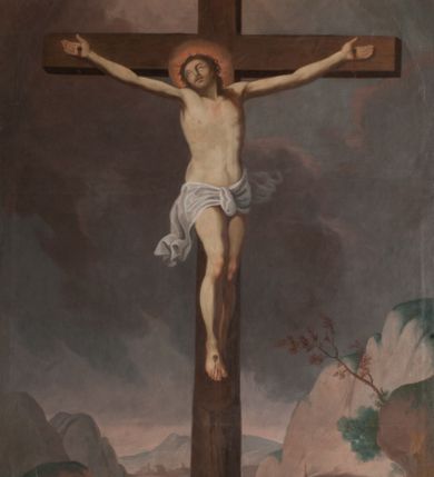 Zdjęcie nr 1: Obraz w formie stojącego prostokąta. Niemal całe pole zajmuje prosty krzyż, do którego przybita jest trzema gwoździami postać żywego Chrystusa. Ciało w lekkim zwisie, o szeroko rozłożonych ramionach układających się w delikatny łuk, uniesiona głowa skierowana w prawo. Twarz okrągła, z oczami skierowanymi w górę, o małym nosie i ustach, okolona krótką brodą i jasnobrązowymi włosami opadającymi na lewe ramię. Na głowie korona cierniowa. Biodra przepasane białym, krótkim, przylegającym do ciała perizonium, ze zwisem tkaniny na prawym boku. Ciało szczupłe, o lekko zarysowanej muskulaturze. U podstawy krzyża czaszka. W tle górzysty pejzaż z przedstawieniem kilku grup żołnierzy w zbrojach rzymskich ze sztandarami i krzyżami. U dołu pionowej belki krzyża napis „Poświęcony ten Obraz / R(oku) 1797 dnia 3. / Czerwca”.  

