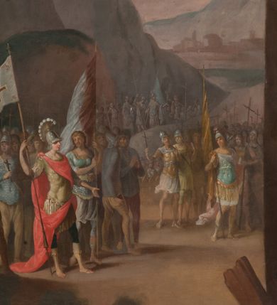 Zdjęcie nr 7: Obraz w formie stojącego prostokąta. Niemal całe pole zajmuje prosty krzyż, do którego przybita jest trzema gwoździami postać żywego Chrystusa. Ciało w lekkim zwisie, o szeroko rozłożonych ramionach układających się w delikatny łuk, uniesiona głowa skierowana w prawo. Twarz okrągła, z oczami skierowanymi w górę, o małym nosie i ustach, okolona krótką brodą i jasnobrązowymi włosami opadającymi na lewe ramię. Na głowie korona cierniowa. Biodra przepasane białym, krótkim, przylegającym do ciała perizonium, ze zwisem tkaniny na prawym boku. Ciało szczupłe, o lekko zarysowanej muskulaturze. U podstawy krzyża czaszka. W tle górzysty pejzaż z przedstawieniem kilku grup żołnierzy w zbrojach rzymskich ze sztandarami i krzyżami. U dołu pionowej belki krzyża napis „Poświęcony ten Obraz / R(oku) 1797 dnia 3. / Czerwca”.  

