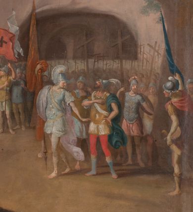 Zdjęcie nr 9: Obraz w formie stojącego prostokąta. Niemal całe pole zajmuje prosty krzyż, do którego przybita jest trzema gwoździami postać żywego Chrystusa. Ciało w lekkim zwisie, o szeroko rozłożonych ramionach układających się w delikatny łuk, uniesiona głowa skierowana w prawo. Twarz okrągła, z oczami skierowanymi w górę, o małym nosie i ustach, okolona krótką brodą i jasnobrązowymi włosami opadającymi na lewe ramię. Na głowie korona cierniowa. Biodra przepasane białym, krótkim, przylegającym do ciała perizonium, ze zwisem tkaniny na prawym boku. Ciało szczupłe, o lekko zarysowanej muskulaturze. U podstawy krzyża czaszka. W tle górzysty pejzaż z przedstawieniem kilku grup żołnierzy w zbrojach rzymskich ze sztandarami i krzyżami. U dołu pionowej belki krzyża napis „Poświęcony ten Obraz / R(oku) 1797 dnia 3. / Czerwca”.  

