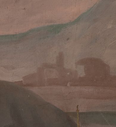 Zdjęcie nr 14: Obraz w formie stojącego prostokąta. Niemal całe pole zajmuje prosty krzyż, do którego przybita jest trzema gwoździami postać żywego Chrystusa. Ciało w lekkim zwisie, o szeroko rozłożonych ramionach układających się w delikatny łuk, uniesiona głowa skierowana w prawo. Twarz okrągła, z oczami skierowanymi w górę, o małym nosie i ustach, okolona krótką brodą i jasnobrązowymi włosami opadającymi na lewe ramię. Na głowie korona cierniowa. Biodra przepasane białym, krótkim, przylegającym do ciała perizonium, ze zwisem tkaniny na prawym boku. Ciało szczupłe, o lekko zarysowanej muskulaturze. U podstawy krzyża czaszka. W tle górzysty pejzaż z przedstawieniem kilku grup żołnierzy w zbrojach rzymskich ze sztandarami i krzyżami. U dołu pionowej belki krzyża napis „Poświęcony ten Obraz / R(oku) 1797 dnia 3. / Czerwca”.  

