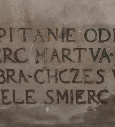 Zdjęcie nr 10: Nagrobek Grzegorza i Katarzyny Branickich znajduje się w kaplicy rodowej pod wezwaniem Najświętszej Marii Panny, na ścianie południowej, naprzeciwko wejścia. Składa się z trójosiowego cokołu i potrójnej filarowo-kolumnowej arkady z klęczącymi postaciami zmarłych po bokach adorujących znajdującą się pośrodku scenę ze zmartwychwstałym Chrystusem ukazującym się niewiernemu Tomaszowi. Całość wieńczy półkolista arkada z herbami Gryf i Kotwicz i tablicami inskrypcyjnymi. 
Dolna część artykułowa lizenami ozdobionymi motywami kandelabrowymi. W polu środkowym czaszka ze skrzyżowanymi piszczelami z inskrypcją w górnej i dolnej części: „POWIEDZ SVIETA [M]ADROSCI IESLI ZE SMIERC ZIWA / CZI MARTWA IESLI MARTWA CZEMV ZIWĄ BIWA / MALOWANA A IESLI ZIWA SMIERCIĄ CZEMV / ZOWIĄ IĄ NAD TO ZYWOT PRZECZ BIERZE KOZI/DEMV / TA IEST NA TWE PITANIE ODPOWIEC PRAWDZIWA / GDI TI ZYESZ SMIERC MARTVA GDY VMIERAS ZIWA / A IESLI ZLA CZI DOBRA CHCZES WIEDZIEC LI O TYM / IAKIS SĄM TAKĄ SMIELE SMIERC MIEĆ BĘDZIESZ PO TYM”. Na lewym polu inskrypcja „CO ZA DZIW ZEM POPIOLEM / WIEDZCIE ZESCIE WY / IAKO IA TENZE POPIOL, TO / IEDNO ZE ZYWY / BO GDIM SIĘ W PROCH ROSSIPAL / DOPIROM PRAWDZIWIE DOSZEDL, ZE CZLOWIEK TYMZE / PROCHEM CHOCIA ZYWIE / PATRZ ZE ZYWY POPIELIE A / TO POMNI SOBIE / ZES NA SWIECIE POPIOLEM / POPIOLEM I W GROBIE / A ZASZ NIEWIES CZYMEM BYL / A TERAZEM IAKI / OGLIANDAI, VWAZAIACZ ZE / SAM BEDZIESZ TAKI / BYLEM TERAS MIE NIE MASZ / IAK BIM TISZ NA SWIECIE / NIE BYL WY DZIS IESTESCIE / IUTRO NIEBEDZIECIE”. W polu cokołu „KTO TV LEZY POBOZNOSC / CNOTA OBYCZAIE / IAKICH NIERYCHLO VIZRĄ / BLISKO LEGLE KRAIE / IAKOSZ IE TAK MALY KĄT / MOGL ZACHOWAC W SOBIE / CZOSZ ALBO CNOTI LVCZKIE / GRZEBIĄ SCZIALEM W GROBIE / TILKOC TV CIALO LIEZY LIECZ / DVSZA W PRZESTRONE / NIEBIESKIE GMACHI WESŁA / KĘDI NIEZLICZONE / LATA POWIEDZIE. CZEMV IZE / MATKĄ BYLA / NIERZKAC POTOMSTWV ALIE / I SIROTOM SILA / TAKCI ZYWOT ZYWOTEM BYWA ZAKVPIONY / DOBRI FRIMARK DAC PLOCHI / ZA ON NIESKONCZONY”. Cokół zamyka wąski, silnie wysunięty gzyms z kimationem jońskim.
Trójosiowy podział nagrobka jest zachowany w partii środkowej, składającej się z trzech arkadowych wnęk, z których środkowa ujęta jest wolnostojącymi kolumnami jońskimi pokrytymi spiralnie ułożonymi pasami z motywem wici roślinnej, a sąsiednie od zewnątrz flankowane filarami pokrytymi motywami kandelabrowymi. W niezbyt głębokich niszach, których podniebienia zdobią kasetony z rozetami w kluczach uskrzydlone główki aniołków umieszczono wykonane w marmurze pińczowskim płaskorzeźby Chrystusa Zmartwychwstałego i adorujących go zmarłych, Grzegorza i Katarzynę Branickich. 
Zbawiciel jest ujęty całopostaciowo, frontalnie, w niewielkim wykroku, z głową zwróconą lekko do klęczącego po prawej stronie św. Tomasza. Jego ciało jest smukłe, wąskie w ramionach, z zaznaczonymi żebrami i mięśniami, osłonięte przewiązaną na biodrach szatą i płaszczem na lewym ramieniu. Chrystus ma pociągłą twarz, o wysokim czole, szerokich kościach policzkowych, wydatnym nosie i z głębokimi oczodołami. Przedstawiony został z długimi wąsami i brodą oraz opadającymi na ramiona, kręconymi włosami. W lewej ręce trzyma chorągiew i podtrzymuje szatę, a prawą rękę ma opuszczoną ku dołowi. 
Święty Tomasz ukazany jest z profilu, w szacie podwójnie przewiązanej w pasie sznurem i przerzuconym przez lewe ramie płaszczem. Twarz z brodą i długimi włosami, odwrócona w stronę Chrystusa. Do góry unosi również prawą rękę, zachowaną tylko do łokcia, lewą rękę trzyma ponad pasem. Figura mężczyzny wyrzeźbiona w kamieniu, polichromowana, przysłania wieniec z obłoków i uskrzydlonych głów puttów otaczający Chrystusa. 
Postacie stoją na podwójnym postumencie. W jego górnej części wyryto sentencję łacińską na prostokątnej tablicy umieszczonej w ozdobnym kartuszu, z zawiniętym spiralnie wycięciem krawędzi górnej i z dodaną w krawędzi dolnej główką uskrzydlonego putta. Napis na postumencie: „PER QVEM ET NOS / RESVRGERE DEVOTA / MENTE, CREDIMVS”. Na płycie poniżej płaskorzeźbione, leżące na prawym boku putto podpierające głowę na prawej ręce, natomiast w lewej trzymające klepsydrę. Nagie ciało, lekko przysłonięte draperią, spoczywa na poduszce z dwoma pomponami. Prawa noga jest wyprostowana, lewa zgięta w kolanie. Twarz pucołowata, z otwartymi oczami, otoczona gęstymi puklami loków. Przed dzieckiem leży czaszka. Nad nim znajduje się grawerowany kartusz z napisem: „HODIE MIHI / CRAS TIBI”. 
W arkadzie po lewej stronie przedstawiony został w trzech czwartych, zwrócony ramionami do widza Grzegorz Branicki. Postać klęczy na poduszce, szerokie dłonie złożone ma razem na piersiach, a głowę lekko uniesioną. Twarz Branickiego o pociągłych rysach, szerokich kościach policzkowych i dużych oczach, z wysokim czołem przysłoniętym zaczesanymi do przodu włosami. Ukazany z wąsami i długą, pofalowaną brodą. Ubrany jest w pełną, dekorowaną zbroję, spod której wystaje jaka i nogawice. Na szyi zawieszony łańcuch, a u stóp ostrogi. Przy nogach Branickiego leżą rękawice i hełm z trzema piórami. Nad głową wznoszą się panoplia, złożone z okrągłej tarczy i skrzyżowanych miecza, szabli, buławy, łuku, kołczanu ze strzałami i włóczni.
Po lewej stronie arkadę wypełnia ujęta z profilu, postać klęczącej na dwóch kolanach Katarzyny Branickiej. Jest ubrana w długą szubę, opadającą sztywnymi, rozchodzącymi się fałdami, u dołu załamującymi się, które zasłaniają sylwetkę. Na głowie ma czepiec przysłaniający włosy i podwikę. Twarz o łagodnych rysach, z długim nosem, małymi ustami i lekko zadartym podbródkiem. Ręce złożone razem na piersiach. Na palcach wskazującym i serdecznym lewej dłoni pierścienie, a ponad nadgarstkiem czterokrotnie nawinięty różaniec. Ponad figurą płaskorzeźbione tondo z Matką Boską z Dzieciątkiem otoczonymi wieńcem obłoków. Maria siedzi, ubrana w długą suknię, z welonem na głowie, z płaszczem zarzuconym na ramiona, którym lekko okrywa nagie Dzieciątko.
Zwieńczenie nagrobka o brzegach inkrustowanych marmurowymi kołami i elipsami, ujęte ornamentalnymi uszami, jest zakończone pasem z zawijającymi się do środkami kartuszami i równolegle ułożonymi liśćmi akantu. Tympanon wypełnia dekoracja złożona z czterech kartuszy: dwóch owalnych na tle paludamentu, zwieńczonych uskrzydloną główką anioła z godłami herbów Gryf i Kotwicz i dwóch podłużnych z inskrypcjami. Na tablicy po lewej stronie inskrypcja: „MAGNIFICO D(OMI)NO GREGORIO A RUSCA BRANICZKI OLIM VENA/TORI ET BURGRABIO CRAC(OVIENSI) CAPITANEO NIEPOŁOMIECEN(SI) VIRO / INTEGERRIMO DE REGIBVS SVIS ET RE PVB(LICA) BENE MERITO RELIGIO/NIS CATHOLICE AMANTISSIMO AMICIS FIDELISSIMO, OMNIBVS AFFABI/LI ET BENIGNO JOANNES A RUSCA BRANICZKI VENATOR CRACO(VIENSIS) CAPITANEVS NIEPOŁOMICEN(SI) MESTVS FILIUS PARENTI CHA/RISSIMO POSVIT OBYT 9 MAII A(NNO) D(OMINI) 1595 AETATIS SUE 60”. Napis wykuty po prawej stronie: “MAGNIFICAE D(OMI)NE CATHARINAE MAGNIFICI OLIM D(OMI)NI AUGUSTINI / KOTFICZ D(OMINI) SIGISMVNDI I POLONIAE REGIS STABVLI PREFECTI / VEXILIFERISQUE CURIE ET BURGRABY CRACO(VIENSIS) FILIE MATRONAE / LECTISSIME QVE CVM PVDORE ET MORVM MIRA ELEGANTIA / MARITI SUMMUM AMOREM VIRTUTE ET MODESTIA OMNIVM BENE/VOLENTIAM MERVISSET ACERBISSIMA MORTE AB OCVLIS EREPTA EST / IDEM FILIUS MATRI AMANTISSIME CVM LACRIMIS POSVIT. OBYT / 8 OCTOBRIS A(NNO) D)OMINI) 1588 AETATIS SUE 38&quot;. 
