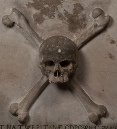 Zdjęcie nr 13: Nagrobek Grzegorza i Katarzyny Branickich znajduje się w kaplicy rodowej pod wezwaniem Najświętszej Marii Panny, na ścianie południowej, naprzeciwko wejścia. Składa się z trójosiowego cokołu i potrójnej filarowo-kolumnowej arkady z klęczącymi postaciami zmarłych po bokach adorujących znajdującą się pośrodku scenę ze zmartwychwstałym Chrystusem ukazującym się niewiernemu Tomaszowi. Całość wieńczy półkolista arkada z herbami Gryf i Kotwicz i tablicami inskrypcyjnymi. 
Dolna część artykułowa lizenami ozdobionymi motywami kandelabrowymi. W polu środkowym czaszka ze skrzyżowanymi piszczelami z inskrypcją w górnej i dolnej części: „POWIEDZ SVIETA [M]ADROSCI IESLI ZE SMIERC ZIWA / CZI MARTWA IESLI MARTWA CZEMV ZIWĄ BIWA / MALOWANA A IESLI ZIWA SMIERCIĄ CZEMV / ZOWIĄ IĄ NAD TO ZYWOT PRZECZ BIERZE KOZI/DEMV / TA IEST NA TWE PITANIE ODPOWIEC PRAWDZIWA / GDI TI ZYESZ SMIERC MARTVA GDY VMIERAS ZIWA / A IESLI ZLA CZI DOBRA CHCZES WIEDZIEC LI O TYM / IAKIS SĄM TAKĄ SMIELE SMIERC MIEĆ BĘDZIESZ PO TYM”. Na lewym polu inskrypcja „CO ZA DZIW ZEM POPIOLEM / WIEDZCIE ZESCIE WY / IAKO IA TENZE POPIOL, TO / IEDNO ZE ZYWY / BO GDIM SIĘ W PROCH ROSSIPAL / DOPIROM PRAWDZIWIE DOSZEDL, ZE CZLOWIEK TYMZE / PROCHEM CHOCIA ZYWIE / PATRZ ZE ZYWY POPIELIE A / TO POMNI SOBIE / ZES NA SWIECIE POPIOLEM / POPIOLEM I W GROBIE / A ZASZ NIEWIES CZYMEM BYL / A TERAZEM IAKI / OGLIANDAI, VWAZAIACZ ZE / SAM BEDZIESZ TAKI / BYLEM TERAS MIE NIE MASZ / IAK BIM TISZ NA SWIECIE / NIE BYL WY DZIS IESTESCIE / IUTRO NIEBEDZIECIE”. W polu cokołu „KTO TV LEZY POBOZNOSC / CNOTA OBYCZAIE / IAKICH NIERYCHLO VIZRĄ / BLISKO LEGLE KRAIE / IAKOSZ IE TAK MALY KĄT / MOGL ZACHOWAC W SOBIE / CZOSZ ALBO CNOTI LVCZKIE / GRZEBIĄ SCZIALEM W GROBIE / TILKOC TV CIALO LIEZY LIECZ / DVSZA W PRZESTRONE / NIEBIESKIE GMACHI WESŁA / KĘDI NIEZLICZONE / LATA POWIEDZIE. CZEMV IZE / MATKĄ BYLA / NIERZKAC POTOMSTWV ALIE / I SIROTOM SILA / TAKCI ZYWOT ZYWOTEM BYWA ZAKVPIONY / DOBRI FRIMARK DAC PLOCHI / ZA ON NIESKONCZONY”. Cokół zamyka wąski, silnie wysunięty gzyms z kimationem jońskim.
Trójosiowy podział nagrobka jest zachowany w partii środkowej, składającej się z trzech arkadowych wnęk, z których środkowa ujęta jest wolnostojącymi kolumnami jońskimi pokrytymi spiralnie ułożonymi pasami z motywem wici roślinnej, a sąsiednie od zewnątrz flankowane filarami pokrytymi motywami kandelabrowymi. W niezbyt głębokich niszach, których podniebienia zdobią kasetony z rozetami w kluczach uskrzydlone główki aniołków umieszczono wykonane w marmurze pińczowskim płaskorzeźby Chrystusa Zmartwychwstałego i adorujących go zmarłych, Grzegorza i Katarzynę Branickich. 
Zbawiciel jest ujęty całopostaciowo, frontalnie, w niewielkim wykroku, z głową zwróconą lekko do klęczącego po prawej stronie św. Tomasza. Jego ciało jest smukłe, wąskie w ramionach, z zaznaczonymi żebrami i mięśniami, osłonięte przewiązaną na biodrach szatą i płaszczem na lewym ramieniu. Chrystus ma pociągłą twarz, o wysokim czole, szerokich kościach policzkowych, wydatnym nosie i z głębokimi oczodołami. Przedstawiony został z długimi wąsami i brodą oraz opadającymi na ramiona, kręconymi włosami. W lewej ręce trzyma chorągiew i podtrzymuje szatę, a prawą rękę ma opuszczoną ku dołowi. 
Święty Tomasz ukazany jest z profilu, w szacie podwójnie przewiązanej w pasie sznurem i przerzuconym przez lewe ramie płaszczem. Twarz z brodą i długimi włosami, odwrócona w stronę Chrystusa. Do góry unosi również prawą rękę, zachowaną tylko do łokcia, lewą rękę trzyma ponad pasem. Figura mężczyzny wyrzeźbiona w kamieniu, polichromowana, przysłania wieniec z obłoków i uskrzydlonych głów puttów otaczający Chrystusa. 
Postacie stoją na podwójnym postumencie. W jego górnej części wyryto sentencję łacińską na prostokątnej tablicy umieszczonej w ozdobnym kartuszu, z zawiniętym spiralnie wycięciem krawędzi górnej i z dodaną w krawędzi dolnej główką uskrzydlonego putta. Napis na postumencie: „PER QVEM ET NOS / RESVRGERE DEVOTA / MENTE, CREDIMVS”. Na płycie poniżej płaskorzeźbione, leżące na prawym boku putto podpierające głowę na prawej ręce, natomiast w lewej trzymające klepsydrę. Nagie ciało, lekko przysłonięte draperią, spoczywa na poduszce z dwoma pomponami. Prawa noga jest wyprostowana, lewa zgięta w kolanie. Twarz pucołowata, z otwartymi oczami, otoczona gęstymi puklami loków. Przed dzieckiem leży czaszka. Nad nim znajduje się grawerowany kartusz z napisem: „HODIE MIHI / CRAS TIBI”. 
W arkadzie po lewej stronie przedstawiony został w trzech czwartych, zwrócony ramionami do widza Grzegorz Branicki. Postać klęczy na poduszce, szerokie dłonie złożone ma razem na piersiach, a głowę lekko uniesioną. Twarz Branickiego o pociągłych rysach, szerokich kościach policzkowych i dużych oczach, z wysokim czołem przysłoniętym zaczesanymi do przodu włosami. Ukazany z wąsami i długą, pofalowaną brodą. Ubrany jest w pełną, dekorowaną zbroję, spod której wystaje jaka i nogawice. Na szyi zawieszony łańcuch, a u stóp ostrogi. Przy nogach Branickiego leżą rękawice i hełm z trzema piórami. Nad głową wznoszą się panoplia, złożone z okrągłej tarczy i skrzyżowanych miecza, szabli, buławy, łuku, kołczanu ze strzałami i włóczni.
Po lewej stronie arkadę wypełnia ujęta z profilu, postać klęczącej na dwóch kolanach Katarzyny Branickiej. Jest ubrana w długą szubę, opadającą sztywnymi, rozchodzącymi się fałdami, u dołu załamującymi się, które zasłaniają sylwetkę. Na głowie ma czepiec przysłaniający włosy i podwikę. Twarz o łagodnych rysach, z długim nosem, małymi ustami i lekko zadartym podbródkiem. Ręce złożone razem na piersiach. Na palcach wskazującym i serdecznym lewej dłoni pierścienie, a ponad nadgarstkiem czterokrotnie nawinięty różaniec. Ponad figurą płaskorzeźbione tondo z Matką Boską z Dzieciątkiem otoczonymi wieńcem obłoków. Maria siedzi, ubrana w długą suknię, z welonem na głowie, z płaszczem zarzuconym na ramiona, którym lekko okrywa nagie Dzieciątko.
Zwieńczenie nagrobka o brzegach inkrustowanych marmurowymi kołami i elipsami, ujęte ornamentalnymi uszami, jest zakończone pasem z zawijającymi się do środkami kartuszami i równolegle ułożonymi liśćmi akantu. Tympanon wypełnia dekoracja złożona z czterech kartuszy: dwóch owalnych na tle paludamentu, zwieńczonych uskrzydloną główką anioła z godłami herbów Gryf i Kotwicz i dwóch podłużnych z inskrypcjami. Na tablicy po lewej stronie inskrypcja: „MAGNIFICO D(OMI)NO GREGORIO A RUSCA BRANICZKI OLIM VENA/TORI ET BURGRABIO CRAC(OVIENSI) CAPITANEO NIEPOŁOMIECEN(SI) VIRO / INTEGERRIMO DE REGIBVS SVIS ET RE PVB(LICA) BENE MERITO RELIGIO/NIS CATHOLICE AMANTISSIMO AMICIS FIDELISSIMO, OMNIBVS AFFABI/LI ET BENIGNO JOANNES A RUSCA BRANICZKI VENATOR CRACO(VIENSIS) CAPITANEVS NIEPOŁOMICEN(SI) MESTVS FILIUS PARENTI CHA/RISSIMO POSVIT OBYT 9 MAII A(NNO) D(OMINI) 1595 AETATIS SUE 60”. Napis wykuty po prawej stronie: “MAGNIFICAE D(OMI)NE CATHARINAE MAGNIFICI OLIM D(OMI)NI AUGUSTINI / KOTFICZ D(OMINI) SIGISMVNDI I POLONIAE REGIS STABVLI PREFECTI / VEXILIFERISQUE CURIE ET BURGRABY CRACO(VIENSIS) FILIE MATRONAE / LECTISSIME QVE CVM PVDORE ET MORVM MIRA ELEGANTIA / MARITI SUMMUM AMOREM VIRTUTE ET MODESTIA OMNIVM BENE/VOLENTIAM MERVISSET ACERBISSIMA MORTE AB OCVLIS EREPTA EST / IDEM FILIUS MATRI AMANTISSIME CVM LACRIMIS POSVIT. OBYT / 8 OCTOBRIS A(NNO) D)OMINI) 1588 AETATIS SUE 38&quot;. 
