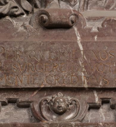 Zdjęcie nr 67: Nagrobek Grzegorza i Katarzyny Branickich znajduje się w kaplicy rodowej pod wezwaniem Najświętszej Marii Panny, na ścianie południowej, naprzeciwko wejścia. Składa się z trójosiowego cokołu i potrójnej filarowo-kolumnowej arkady z klęczącymi postaciami zmarłych po bokach adorujących znajdującą się pośrodku scenę ze zmartwychwstałym Chrystusem ukazującym się niewiernemu Tomaszowi. Całość wieńczy półkolista arkada z herbami Gryf i Kotwicz i tablicami inskrypcyjnymi. 
Dolna część artykułowa lizenami ozdobionymi motywami kandelabrowymi. W polu środkowym czaszka ze skrzyżowanymi piszczelami z inskrypcją w górnej i dolnej części: „POWIEDZ SVIETA [M]ADROSCI IESLI ZE SMIERC ZIWA / CZI MARTWA IESLI MARTWA CZEMV ZIWĄ BIWA / MALOWANA A IESLI ZIWA SMIERCIĄ CZEMV / ZOWIĄ IĄ NAD TO ZYWOT PRZECZ BIERZE KOZI/DEMV / TA IEST NA TWE PITANIE ODPOWIEC PRAWDZIWA / GDI TI ZYESZ SMIERC MARTVA GDY VMIERAS ZIWA / A IESLI ZLA CZI DOBRA CHCZES WIEDZIEC LI O TYM / IAKIS SĄM TAKĄ SMIELE SMIERC MIEĆ BĘDZIESZ PO TYM”. Na lewym polu inskrypcja „CO ZA DZIW ZEM POPIOLEM / WIEDZCIE ZESCIE WY / IAKO IA TENZE POPIOL, TO / IEDNO ZE ZYWY / BO GDIM SIĘ W PROCH ROSSIPAL / DOPIROM PRAWDZIWIE DOSZEDL, ZE CZLOWIEK TYMZE / PROCHEM CHOCIA ZYWIE / PATRZ ZE ZYWY POPIELIE A / TO POMNI SOBIE / ZES NA SWIECIE POPIOLEM / POPIOLEM I W GROBIE / A ZASZ NIEWIES CZYMEM BYL / A TERAZEM IAKI / OGLIANDAI, VWAZAIACZ ZE / SAM BEDZIESZ TAKI / BYLEM TERAS MIE NIE MASZ / IAK BIM TISZ NA SWIECIE / NIE BYL WY DZIS IESTESCIE / IUTRO NIEBEDZIECIE”. W polu cokołu „KTO TV LEZY POBOZNOSC / CNOTA OBYCZAIE / IAKICH NIERYCHLO VIZRĄ / BLISKO LEGLE KRAIE / IAKOSZ IE TAK MALY KĄT / MOGL ZACHOWAC W SOBIE / CZOSZ ALBO CNOTI LVCZKIE / GRZEBIĄ SCZIALEM W GROBIE / TILKOC TV CIALO LIEZY LIECZ / DVSZA W PRZESTRONE / NIEBIESKIE GMACHI WESŁA / KĘDI NIEZLICZONE / LATA POWIEDZIE. CZEMV IZE / MATKĄ BYLA / NIERZKAC POTOMSTWV ALIE / I SIROTOM SILA / TAKCI ZYWOT ZYWOTEM BYWA ZAKVPIONY / DOBRI FRIMARK DAC PLOCHI / ZA ON NIESKONCZONY”. Cokół zamyka wąski, silnie wysunięty gzyms z kimationem jońskim.
Trójosiowy podział nagrobka jest zachowany w partii środkowej, składającej się z trzech arkadowych wnęk, z których środkowa ujęta jest wolnostojącymi kolumnami jońskimi pokrytymi spiralnie ułożonymi pasami z motywem wici roślinnej, a sąsiednie od zewnątrz flankowane filarami pokrytymi motywami kandelabrowymi. W niezbyt głębokich niszach, których podniebienia zdobią kasetony z rozetami w kluczach uskrzydlone główki aniołków umieszczono wykonane w marmurze pińczowskim płaskorzeźby Chrystusa Zmartwychwstałego i adorujących go zmarłych, Grzegorza i Katarzynę Branickich. 
Zbawiciel jest ujęty całopostaciowo, frontalnie, w niewielkim wykroku, z głową zwróconą lekko do klęczącego po prawej stronie św. Tomasza. Jego ciało jest smukłe, wąskie w ramionach, z zaznaczonymi żebrami i mięśniami, osłonięte przewiązaną na biodrach szatą i płaszczem na lewym ramieniu. Chrystus ma pociągłą twarz, o wysokim czole, szerokich kościach policzkowych, wydatnym nosie i z głębokimi oczodołami. Przedstawiony został z długimi wąsami i brodą oraz opadającymi na ramiona, kręconymi włosami. W lewej ręce trzyma chorągiew i podtrzymuje szatę, a prawą rękę ma opuszczoną ku dołowi. 
Święty Tomasz ukazany jest z profilu, w szacie podwójnie przewiązanej w pasie sznurem i przerzuconym przez lewe ramie płaszczem. Twarz z brodą i długimi włosami, odwrócona w stronę Chrystusa. Do góry unosi również prawą rękę, zachowaną tylko do łokcia, lewą rękę trzyma ponad pasem. Figura mężczyzny wyrzeźbiona w kamieniu, polichromowana, przysłania wieniec z obłoków i uskrzydlonych głów puttów otaczający Chrystusa. 
Postacie stoją na podwójnym postumencie. W jego górnej części wyryto sentencję łacińską na prostokątnej tablicy umieszczonej w ozdobnym kartuszu, z zawiniętym spiralnie wycięciem krawędzi górnej i z dodaną w krawędzi dolnej główką uskrzydlonego putta. Napis na postumencie: „PER QVEM ET NOS / RESVRGERE DEVOTA / MENTE, CREDIMVS”. Na płycie poniżej płaskorzeźbione, leżące na prawym boku putto podpierające głowę na prawej ręce, natomiast w lewej trzymające klepsydrę. Nagie ciało, lekko przysłonięte draperią, spoczywa na poduszce z dwoma pomponami. Prawa noga jest wyprostowana, lewa zgięta w kolanie. Twarz pucołowata, z otwartymi oczami, otoczona gęstymi puklami loków. Przed dzieckiem leży czaszka. Nad nim znajduje się grawerowany kartusz z napisem: „HODIE MIHI / CRAS TIBI”. 
W arkadzie po lewej stronie przedstawiony został w trzech czwartych, zwrócony ramionami do widza Grzegorz Branicki. Postać klęczy na poduszce, szerokie dłonie złożone ma razem na piersiach, a głowę lekko uniesioną. Twarz Branickiego o pociągłych rysach, szerokich kościach policzkowych i dużych oczach, z wysokim czołem przysłoniętym zaczesanymi do przodu włosami. Ukazany z wąsami i długą, pofalowaną brodą. Ubrany jest w pełną, dekorowaną zbroję, spod której wystaje jaka i nogawice. Na szyi zawieszony łańcuch, a u stóp ostrogi. Przy nogach Branickiego leżą rękawice i hełm z trzema piórami. Nad głową wznoszą się panoplia, złożone z okrągłej tarczy i skrzyżowanych miecza, szabli, buławy, łuku, kołczanu ze strzałami i włóczni.
Po lewej stronie arkadę wypełnia ujęta z profilu, postać klęczącej na dwóch kolanach Katarzyny Branickiej. Jest ubrana w długą szubę, opadającą sztywnymi, rozchodzącymi się fałdami, u dołu załamującymi się, które zasłaniają sylwetkę. Na głowie ma czepiec przysłaniający włosy i podwikę. Twarz o łagodnych rysach, z długim nosem, małymi ustami i lekko zadartym podbródkiem. Ręce złożone razem na piersiach. Na palcach wskazującym i serdecznym lewej dłoni pierścienie, a ponad nadgarstkiem czterokrotnie nawinięty różaniec. Ponad figurą płaskorzeźbione tondo z Matką Boską z Dzieciątkiem otoczonymi wieńcem obłoków. Maria siedzi, ubrana w długą suknię, z welonem na głowie, z płaszczem zarzuconym na ramiona, którym lekko okrywa nagie Dzieciątko.
Zwieńczenie nagrobka o brzegach inkrustowanych marmurowymi kołami i elipsami, ujęte ornamentalnymi uszami, jest zakończone pasem z zawijającymi się do środkami kartuszami i równolegle ułożonymi liśćmi akantu. Tympanon wypełnia dekoracja złożona z czterech kartuszy: dwóch owalnych na tle paludamentu, zwieńczonych uskrzydloną główką anioła z godłami herbów Gryf i Kotwicz i dwóch podłużnych z inskrypcjami. Na tablicy po lewej stronie inskrypcja: „MAGNIFICO D(OMI)NO GREGORIO A RUSCA BRANICZKI OLIM VENA/TORI ET BURGRABIO CRAC(OVIENSI) CAPITANEO NIEPOŁOMIECEN(SI) VIRO / INTEGERRIMO DE REGIBVS SVIS ET RE PVB(LICA) BENE MERITO RELIGIO/NIS CATHOLICE AMANTISSIMO AMICIS FIDELISSIMO, OMNIBVS AFFABI/LI ET BENIGNO JOANNES A RUSCA BRANICZKI VENATOR CRACO(VIENSIS) CAPITANEVS NIEPOŁOMICEN(SI) MESTVS FILIUS PARENTI CHA/RISSIMO POSVIT OBYT 9 MAII A(NNO) D(OMINI) 1595 AETATIS SUE 60”. Napis wykuty po prawej stronie: “MAGNIFICAE D(OMI)NE CATHARINAE MAGNIFICI OLIM D(OMI)NI AUGUSTINI / KOTFICZ D(OMINI) SIGISMVNDI I POLONIAE REGIS STABVLI PREFECTI / VEXILIFERISQUE CURIE ET BURGRABY CRACO(VIENSIS) FILIE MATRONAE / LECTISSIME QVE CVM PVDORE ET MORVM MIRA ELEGANTIA / MARITI SUMMUM AMOREM VIRTUTE ET MODESTIA OMNIVM BENE/VOLENTIAM MERVISSET ACERBISSIMA MORTE AB OCVLIS EREPTA EST / IDEM FILIUS MATRI AMANTISSIME CVM LACRIMIS POSVIT. OBYT / 8 OCTOBRIS A(NNO) D)OMINI) 1588 AETATIS SUE 38". 
