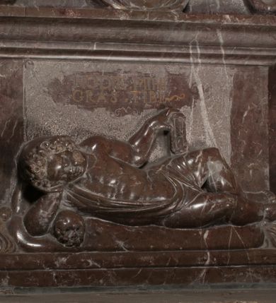 Zdjęcie nr 78: Nagrobek Grzegorza i Katarzyny Branickich znajduje się w kaplicy rodowej pod wezwaniem Najświętszej Marii Panny, na ścianie południowej, naprzeciwko wejścia. Składa się z trójosiowego cokołu i potrójnej filarowo-kolumnowej arkady z klęczącymi postaciami zmarłych po bokach adorujących znajdującą się pośrodku scenę ze zmartwychwstałym Chrystusem ukazującym się niewiernemu Tomaszowi. Całość wieńczy półkolista arkada z herbami Gryf i Kotwicz i tablicami inskrypcyjnymi. 
Dolna część artykułowa lizenami ozdobionymi motywami kandelabrowymi. W polu środkowym czaszka ze skrzyżowanymi piszczelami z inskrypcją w górnej i dolnej części: „POWIEDZ SVIETA [M]ADROSCI IESLI ZE SMIERC ZIWA / CZI MARTWA IESLI MARTWA CZEMV ZIWĄ BIWA / MALOWANA A IESLI ZIWA SMIERCIĄ CZEMV / ZOWIĄ IĄ NAD TO ZYWOT PRZECZ BIERZE KOZI/DEMV / TA IEST NA TWE PITANIE ODPOWIEC PRAWDZIWA / GDI TI ZYESZ SMIERC MARTVA GDY VMIERAS ZIWA / A IESLI ZLA CZI DOBRA CHCZES WIEDZIEC LI O TYM / IAKIS SĄM TAKĄ SMIELE SMIERC MIEĆ BĘDZIESZ PO TYM”. Na lewym polu inskrypcja „CO ZA DZIW ZEM POPIOLEM / WIEDZCIE ZESCIE WY / IAKO IA TENZE POPIOL, TO / IEDNO ZE ZYWY / BO GDIM SIĘ W PROCH ROSSIPAL / DOPIROM PRAWDZIWIE DOSZEDL, ZE CZLOWIEK TYMZE / PROCHEM CHOCIA ZYWIE / PATRZ ZE ZYWY POPIELIE A / TO POMNI SOBIE / ZES NA SWIECIE POPIOLEM / POPIOLEM I W GROBIE / A ZASZ NIEWIES CZYMEM BYL / A TERAZEM IAKI / OGLIANDAI, VWAZAIACZ ZE / SAM BEDZIESZ TAKI / BYLEM TERAS MIE NIE MASZ / IAK BIM TISZ NA SWIECIE / NIE BYL WY DZIS IESTESCIE / IUTRO NIEBEDZIECIE”. W polu cokołu „KTO TV LEZY POBOZNOSC / CNOTA OBYCZAIE / IAKICH NIERYCHLO VIZRĄ / BLISKO LEGLE KRAIE / IAKOSZ IE TAK MALY KĄT / MOGL ZACHOWAC W SOBIE / CZOSZ ALBO CNOTI LVCZKIE / GRZEBIĄ SCZIALEM W GROBIE / TILKOC TV CIALO LIEZY LIECZ / DVSZA W PRZESTRONE / NIEBIESKIE GMACHI WESŁA / KĘDI NIEZLICZONE / LATA POWIEDZIE. CZEMV IZE / MATKĄ BYLA / NIERZKAC POTOMSTWV ALIE / I SIROTOM SILA / TAKCI ZYWOT ZYWOTEM BYWA ZAKVPIONY / DOBRI FRIMARK DAC PLOCHI / ZA ON NIESKONCZONY”. Cokół zamyka wąski, silnie wysunięty gzyms z kimationem jońskim.
Trójosiowy podział nagrobka jest zachowany w partii środkowej, składającej się z trzech arkadowych wnęk, z których środkowa ujęta jest wolnostojącymi kolumnami jońskimi pokrytymi spiralnie ułożonymi pasami z motywem wici roślinnej, a sąsiednie od zewnątrz flankowane filarami pokrytymi motywami kandelabrowymi. W niezbyt głębokich niszach, których podniebienia zdobią kasetony z rozetami w kluczach uskrzydlone główki aniołków umieszczono wykonane w marmurze pińczowskim płaskorzeźby Chrystusa Zmartwychwstałego i adorujących go zmarłych, Grzegorza i Katarzynę Branickich. 
Zbawiciel jest ujęty całopostaciowo, frontalnie, w niewielkim wykroku, z głową zwróconą lekko do klęczącego po prawej stronie św. Tomasza. Jego ciało jest smukłe, wąskie w ramionach, z zaznaczonymi żebrami i mięśniami, osłonięte przewiązaną na biodrach szatą i płaszczem na lewym ramieniu. Chrystus ma pociągłą twarz, o wysokim czole, szerokich kościach policzkowych, wydatnym nosie i z głębokimi oczodołami. Przedstawiony został z długimi wąsami i brodą oraz opadającymi na ramiona, kręconymi włosami. W lewej ręce trzyma chorągiew i podtrzymuje szatę, a prawą rękę ma opuszczoną ku dołowi. 
Święty Tomasz ukazany jest z profilu, w szacie podwójnie przewiązanej w pasie sznurem i przerzuconym przez lewe ramie płaszczem. Twarz z brodą i długimi włosami, odwrócona w stronę Chrystusa. Do góry unosi również prawą rękę, zachowaną tylko do łokcia, lewą rękę trzyma ponad pasem. Figura mężczyzny wyrzeźbiona w kamieniu, polichromowana, przysłania wieniec z obłoków i uskrzydlonych głów puttów otaczający Chrystusa. 
Postacie stoją na podwójnym postumencie. W jego górnej części wyryto sentencję łacińską na prostokątnej tablicy umieszczonej w ozdobnym kartuszu, z zawiniętym spiralnie wycięciem krawędzi górnej i z dodaną w krawędzi dolnej główką uskrzydlonego putta. Napis na postumencie: „PER QVEM ET NOS / RESVRGERE DEVOTA / MENTE, CREDIMVS”. Na płycie poniżej płaskorzeźbione, leżące na prawym boku putto podpierające głowę na prawej ręce, natomiast w lewej trzymające klepsydrę. Nagie ciało, lekko przysłonięte draperią, spoczywa na poduszce z dwoma pomponami. Prawa noga jest wyprostowana, lewa zgięta w kolanie. Twarz pucołowata, z otwartymi oczami, otoczona gęstymi puklami loków. Przed dzieckiem leży czaszka. Nad nim znajduje się grawerowany kartusz z napisem: „HODIE MIHI / CRAS TIBI”. 
W arkadzie po lewej stronie przedstawiony został w trzech czwartych, zwrócony ramionami do widza Grzegorz Branicki. Postać klęczy na poduszce, szerokie dłonie złożone ma razem na piersiach, a głowę lekko uniesioną. Twarz Branickiego o pociągłych rysach, szerokich kościach policzkowych i dużych oczach, z wysokim czołem przysłoniętym zaczesanymi do przodu włosami. Ukazany z wąsami i długą, pofalowaną brodą. Ubrany jest w pełną, dekorowaną zbroję, spod której wystaje jaka i nogawice. Na szyi zawieszony łańcuch, a u stóp ostrogi. Przy nogach Branickiego leżą rękawice i hełm z trzema piórami. Nad głową wznoszą się panoplia, złożone z okrągłej tarczy i skrzyżowanych miecza, szabli, buławy, łuku, kołczanu ze strzałami i włóczni.
Po lewej stronie arkadę wypełnia ujęta z profilu, postać klęczącej na dwóch kolanach Katarzyny Branickiej. Jest ubrana w długą szubę, opadającą sztywnymi, rozchodzącymi się fałdami, u dołu załamującymi się, które zasłaniają sylwetkę. Na głowie ma czepiec przysłaniający włosy i podwikę. Twarz o łagodnych rysach, z długim nosem, małymi ustami i lekko zadartym podbródkiem. Ręce złożone razem na piersiach. Na palcach wskazującym i serdecznym lewej dłoni pierścienie, a ponad nadgarstkiem czterokrotnie nawinięty różaniec. Ponad figurą płaskorzeźbione tondo z Matką Boską z Dzieciątkiem otoczonymi wieńcem obłoków. Maria siedzi, ubrana w długą suknię, z welonem na głowie, z płaszczem zarzuconym na ramiona, którym lekko okrywa nagie Dzieciątko.
Zwieńczenie nagrobka o brzegach inkrustowanych marmurowymi kołami i elipsami, ujęte ornamentalnymi uszami, jest zakończone pasem z zawijającymi się do środkami kartuszami i równolegle ułożonymi liśćmi akantu. Tympanon wypełnia dekoracja złożona z czterech kartuszy: dwóch owalnych na tle paludamentu, zwieńczonych uskrzydloną główką anioła z godłami herbów Gryf i Kotwicz i dwóch podłużnych z inskrypcjami. Na tablicy po lewej stronie inskrypcja: „MAGNIFICO D(OMI)NO GREGORIO A RUSCA BRANICZKI OLIM VENA/TORI ET BURGRABIO CRAC(OVIENSI) CAPITANEO NIEPOŁOMIECEN(SI) VIRO / INTEGERRIMO DE REGIBVS SVIS ET RE PVB(LICA) BENE MERITO RELIGIO/NIS CATHOLICE AMANTISSIMO AMICIS FIDELISSIMO, OMNIBVS AFFABI/LI ET BENIGNO JOANNES A RUSCA BRANICZKI VENATOR CRACO(VIENSIS) CAPITANEVS NIEPOŁOMICEN(SI) MESTVS FILIUS PARENTI CHA/RISSIMO POSVIT OBYT 9 MAII A(NNO) D(OMINI) 1595 AETATIS SUE 60”. Napis wykuty po prawej stronie: “MAGNIFICAE D(OMI)NE CATHARINAE MAGNIFICI OLIM D(OMI)NI AUGUSTINI / KOTFICZ D(OMINI) SIGISMVNDI I POLONIAE REGIS STABVLI PREFECTI / VEXILIFERISQUE CURIE ET BURGRABY CRACO(VIENSIS) FILIE MATRONAE / LECTISSIME QVE CVM PVDORE ET MORVM MIRA ELEGANTIA / MARITI SUMMUM AMOREM VIRTUTE ET MODESTIA OMNIVM BENE/VOLENTIAM MERVISSET ACERBISSIMA MORTE AB OCVLIS EREPTA EST / IDEM FILIUS MATRI AMANTISSIME CVM LACRIMIS POSVIT. OBYT / 8 OCTOBRIS A(NNO) D)OMINI) 1588 AETATIS SUE 38&quot;. 
