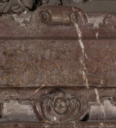 Zdjęcie nr 88: Nagrobek Grzegorza i Katarzyny Branickich znajduje się w kaplicy rodowej pod wezwaniem Najświętszej Marii Panny, na ścianie południowej, naprzeciwko wejścia. Składa się z trójosiowego cokołu i potrójnej filarowo-kolumnowej arkady z klęczącymi postaciami zmarłych po bokach adorujących znajdującą się pośrodku scenę ze zmartwychwstałym Chrystusem ukazującym się niewiernemu Tomaszowi. Całość wieńczy półkolista arkada z herbami Gryf i Kotwicz i tablicami inskrypcyjnymi. 
Dolna część artykułowa lizenami ozdobionymi motywami kandelabrowymi. W polu środkowym czaszka ze skrzyżowanymi piszczelami z inskrypcją w górnej i dolnej części: „POWIEDZ SVIETA [M]ADROSCI IESLI ZE SMIERC ZIWA / CZI MARTWA IESLI MARTWA CZEMV ZIWĄ BIWA / MALOWANA A IESLI ZIWA SMIERCIĄ CZEMV / ZOWIĄ IĄ NAD TO ZYWOT PRZECZ BIERZE KOZI/DEMV / TA IEST NA TWE PITANIE ODPOWIEC PRAWDZIWA / GDI TI ZYESZ SMIERC MARTVA GDY VMIERAS ZIWA / A IESLI ZLA CZI DOBRA CHCZES WIEDZIEC LI O TYM / IAKIS SĄM TAKĄ SMIELE SMIERC MIEĆ BĘDZIESZ PO TYM”. Na lewym polu inskrypcja „CO ZA DZIW ZEM POPIOLEM / WIEDZCIE ZESCIE WY / IAKO IA TENZE POPIOL, TO / IEDNO ZE ZYWY / BO GDIM SIĘ W PROCH ROSSIPAL / DOPIROM PRAWDZIWIE DOSZEDL, ZE CZLOWIEK TYMZE / PROCHEM CHOCIA ZYWIE / PATRZ ZE ZYWY POPIELIE A / TO POMNI SOBIE / ZES NA SWIECIE POPIOLEM / POPIOLEM I W GROBIE / A ZASZ NIEWIES CZYMEM BYL / A TERAZEM IAKI / OGLIANDAI, VWAZAIACZ ZE / SAM BEDZIESZ TAKI / BYLEM TERAS MIE NIE MASZ / IAK BIM TISZ NA SWIECIE / NIE BYL WY DZIS IESTESCIE / IUTRO NIEBEDZIECIE”. W polu cokołu „KTO TV LEZY POBOZNOSC / CNOTA OBYCZAIE / IAKICH NIERYCHLO VIZRĄ / BLISKO LEGLE KRAIE / IAKOSZ IE TAK MALY KĄT / MOGL ZACHOWAC W SOBIE / CZOSZ ALBO CNOTI LVCZKIE / GRZEBIĄ SCZIALEM W GROBIE / TILKOC TV CIALO LIEZY LIECZ / DVSZA W PRZESTRONE / NIEBIESKIE GMACHI WESŁA / KĘDI NIEZLICZONE / LATA POWIEDZIE. CZEMV IZE / MATKĄ BYLA / NIERZKAC POTOMSTWV ALIE / I SIROTOM SILA / TAKCI ZYWOT ZYWOTEM BYWA ZAKVPIONY / DOBRI FRIMARK DAC PLOCHI / ZA ON NIESKONCZONY”. Cokół zamyka wąski, silnie wysunięty gzyms z kimationem jońskim.
Trójosiowy podział nagrobka jest zachowany w partii środkowej, składającej się z trzech arkadowych wnęk, z których środkowa ujęta jest wolnostojącymi kolumnami jońskimi pokrytymi spiralnie ułożonymi pasami z motywem wici roślinnej, a sąsiednie od zewnątrz flankowane filarami pokrytymi motywami kandelabrowymi. W niezbyt głębokich niszach, których podniebienia zdobią kasetony z rozetami w kluczach uskrzydlone główki aniołków umieszczono wykonane w marmurze pińczowskim płaskorzeźby Chrystusa Zmartwychwstałego i adorujących go zmarłych, Grzegorza i Katarzynę Branickich. 
Zbawiciel jest ujęty całopostaciowo, frontalnie, w niewielkim wykroku, z głową zwróconą lekko do klęczącego po prawej stronie św. Tomasza. Jego ciało jest smukłe, wąskie w ramionach, z zaznaczonymi żebrami i mięśniami, osłonięte przewiązaną na biodrach szatą i płaszczem na lewym ramieniu. Chrystus ma pociągłą twarz, o wysokim czole, szerokich kościach policzkowych, wydatnym nosie i z głębokimi oczodołami. Przedstawiony został z długimi wąsami i brodą oraz opadającymi na ramiona, kręconymi włosami. W lewej ręce trzyma chorągiew i podtrzymuje szatę, a prawą rękę ma opuszczoną ku dołowi. 
Święty Tomasz ukazany jest z profilu, w szacie podwójnie przewiązanej w pasie sznurem i przerzuconym przez lewe ramie płaszczem. Twarz z brodą i długimi włosami, odwrócona w stronę Chrystusa. Do góry unosi również prawą rękę, zachowaną tylko do łokcia, lewą rękę trzyma ponad pasem. Figura mężczyzny wyrzeźbiona w kamieniu, polichromowana, przysłania wieniec z obłoków i uskrzydlonych głów puttów otaczający Chrystusa. 
Postacie stoją na podwójnym postumencie. W jego górnej części wyryto sentencję łacińską na prostokątnej tablicy umieszczonej w ozdobnym kartuszu, z zawiniętym spiralnie wycięciem krawędzi górnej i z dodaną w krawędzi dolnej główką uskrzydlonego putta. Napis na postumencie: „PER QVEM ET NOS / RESVRGERE DEVOTA / MENTE, CREDIMVS”. Na płycie poniżej płaskorzeźbione, leżące na prawym boku putto podpierające głowę na prawej ręce, natomiast w lewej trzymające klepsydrę. Nagie ciało, lekko przysłonięte draperią, spoczywa na poduszce z dwoma pomponami. Prawa noga jest wyprostowana, lewa zgięta w kolanie. Twarz pucołowata, z otwartymi oczami, otoczona gęstymi puklami loków. Przed dzieckiem leży czaszka. Nad nim znajduje się grawerowany kartusz z napisem: „HODIE MIHI / CRAS TIBI”. 
W arkadzie po lewej stronie przedstawiony został w trzech czwartych, zwrócony ramionami do widza Grzegorz Branicki. Postać klęczy na poduszce, szerokie dłonie złożone ma razem na piersiach, a głowę lekko uniesioną. Twarz Branickiego o pociągłych rysach, szerokich kościach policzkowych i dużych oczach, z wysokim czołem przysłoniętym zaczesanymi do przodu włosami. Ukazany z wąsami i długą, pofalowaną brodą. Ubrany jest w pełną, dekorowaną zbroję, spod której wystaje jaka i nogawice. Na szyi zawieszony łańcuch, a u stóp ostrogi. Przy nogach Branickiego leżą rękawice i hełm z trzema piórami. Nad głową wznoszą się panoplia, złożone z okrągłej tarczy i skrzyżowanych miecza, szabli, buławy, łuku, kołczanu ze strzałami i włóczni.
Po lewej stronie arkadę wypełnia ujęta z profilu, postać klęczącej na dwóch kolanach Katarzyny Branickiej. Jest ubrana w długą szubę, opadającą sztywnymi, rozchodzącymi się fałdami, u dołu załamującymi się, które zasłaniają sylwetkę. Na głowie ma czepiec przysłaniający włosy i podwikę. Twarz o łagodnych rysach, z długim nosem, małymi ustami i lekko zadartym podbródkiem. Ręce złożone razem na piersiach. Na palcach wskazującym i serdecznym lewej dłoni pierścienie, a ponad nadgarstkiem czterokrotnie nawinięty różaniec. Ponad figurą płaskorzeźbione tondo z Matką Boską z Dzieciątkiem otoczonymi wieńcem obłoków. Maria siedzi, ubrana w długą suknię, z welonem na głowie, z płaszczem zarzuconym na ramiona, którym lekko okrywa nagie Dzieciątko.
Zwieńczenie nagrobka o brzegach inkrustowanych marmurowymi kołami i elipsami, ujęte ornamentalnymi uszami, jest zakończone pasem z zawijającymi się do środkami kartuszami i równolegle ułożonymi liśćmi akantu. Tympanon wypełnia dekoracja złożona z czterech kartuszy: dwóch owalnych na tle paludamentu, zwieńczonych uskrzydloną główką anioła z godłami herbów Gryf i Kotwicz i dwóch podłużnych z inskrypcjami. Na tablicy po lewej stronie inskrypcja: „MAGNIFICO D(OMI)NO GREGORIO A RUSCA BRANICZKI OLIM VENA/TORI ET BURGRABIO CRAC(OVIENSI) CAPITANEO NIEPOŁOMIECEN(SI) VIRO / INTEGERRIMO DE REGIBVS SVIS ET RE PVB(LICA) BENE MERITO RELIGIO/NIS CATHOLICE AMANTISSIMO AMICIS FIDELISSIMO, OMNIBVS AFFABI/LI ET BENIGNO JOANNES A RUSCA BRANICZKI VENATOR CRACO(VIENSIS) CAPITANEVS NIEPOŁOMICEN(SI) MESTVS FILIUS PARENTI CHA/RISSIMO POSVIT OBYT 9 MAII A(NNO) D(OMINI) 1595 AETATIS SUE 60”. Napis wykuty po prawej stronie: “MAGNIFICAE D(OMI)NE CATHARINAE MAGNIFICI OLIM D(OMI)NI AUGUSTINI / KOTFICZ D(OMINI) SIGISMVNDI I POLONIAE REGIS STABVLI PREFECTI / VEXILIFERISQUE CURIE ET BURGRABY CRACO(VIENSIS) FILIE MATRONAE / LECTISSIME QVE CVM PVDORE ET MORVM MIRA ELEGANTIA / MARITI SUMMUM AMOREM VIRTUTE ET MODESTIA OMNIVM BENE/VOLENTIAM MERVISSET ACERBISSIMA MORTE AB OCVLIS EREPTA EST / IDEM FILIUS MATRI AMANTISSIME CVM LACRIMIS POSVIT. OBYT / 8 OCTOBRIS A(NNO) D)OMINI) 1588 AETATIS SUE 38&quot;. 
