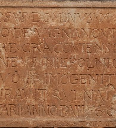 Zdjęcie nr 4: Epitafium złożone z dwóch tablic w kształcie leżącego prostokąta, dolnej z przedstawieniem zmarłego i górnej z inskrypcją. W dolnej tablicy, ujętej arabeską, ukazane nagie dziecko, leżące na marszczonej w równoległe fałdy tkaninie biegnącej pomiędzy jego udami. Nogi ma skrzyżowane. Prawa jest ułożona prosto, a lewa ugięta w kolanie. Jego głowa jest wsparta na zgiętej w łokciu lewej ręce, drugą rękę  ma ułożoną wzdłuż tułowia, w dłoni trzyma różę. Twarz jest pełna, nos krótki i szeroki, oczy zamknięte, usta pełne, lekko uśmiechnięte, na głowie krótkie, kręcone włosy. Pod lewą ręką znajduje się ludzka czaszka. Na tablicy powyżej inskrypcja &quot;GENEROSOVS DOMINVS MARTINVS / CŻVRILO DE VIGNANO VICE VENA/TOR T[E]RRE CRACOVIENSIS ET / CAPITANEVS NIEPOL[O]MICENSIS / FILIO SVO PRIMOGENITO IOANNI / PONICNRAVIT QVI NATVS OBIIT / 26 IANVARII ANNO D(OMI)NI 1560  [V]IXIT HORIS TRIBVS&quot;.
