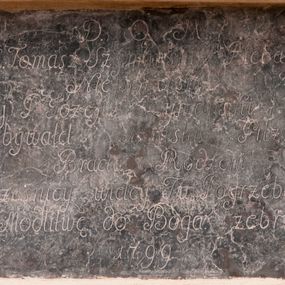 Zdjęcie nr 1: Płyta w formie leżącego prostokąta. W polu inskrypcja „D(eo) O(ptimo) M(aximo) / X(iądz) Tomasz Szymański Pleban / Niepołomki / y P(an) Józef Szymański. / Obywatel Miasta Pilzna / Bracia Rodzeni. / Grześnicy wielcy Tu Pogrzebani. / O Modlitwę do Boga żebrzą. / 1799”.