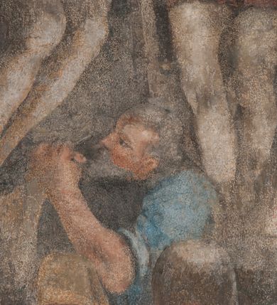 Zdjęcie nr 7: Iluzjonistyczną dekoracją malarską pokryto ściany kaplicy oraz strefę ponadcokołową: ściany tarczowe, pendentywy wokół stiukowych kartuszy herbowych oraz czaszę kopuły i wnętrze latarni. Ściany dolnej części podzielono na dwie strefy. Dolną tworzą zlokalizowane w narożach ścian iluzjonistycznie malowane pary nisz o konchach wypełnionych muszlą. W niszach ukazano osiem stojących frontalnie postaci starców, bez atrybutów i nimbów. Zapewne w ten sposób przedstawiono proroków lub apostołów. Każda z postaci ubrana jest w tunikę oraz płaszcz. Różnicuje je jedynie układ rąk, sposób kształtowania zarostu oraz kolorystyka szat. W drugiej strefie w przyłuczach arkad ukazano całopostaciowe przedstawienia uskrzydlonych aniołów trzymających narzędzia męki Pańskiej. Na ścianie wschodniej anioł prezentuje chustę Weroniki (z prawej) oraz latarnię (z lewej). Po bokach wejścia do kaplicy na ścianie północnej po prawej stronie anioł trzyma lancę i koronę cierniową, a po lewej krzyż. Z kolei na ścianie wschodniej po prawej ukazano anioła z drabiną, a po lewej z gąbką na trzcinie. Natomiast na ścianie południowej, po obu stronach zwieńczenia nagrobka, przedstawiono z prawej anioła z włócznią, a po lewej anioła z wiązką do biczowania. W tej strefie bezpośrednio przy łukach arkad wyobrażono leżące postacie geniuszy malowanych w technice en grisaille. Pod arkadą na ścianie wschodniej (ołtarzowej), ukazano dolną część owalnego jasno ugrowego baldachimu z lambrekinem i zielone, opadające paludamentum, rozsuwane kotarowo przez dwa uskrzydlone anioły. Dekoracja stanowi oprawę dla wiszącego tu obrazu Matki Boskiej z Dzieciątkiem w bogato rzeźbionej ramie. Z kolei na ścianie zachodniej wyobrażono monumentalną scenę Zdjęcia z krzyża. Jest to zwarta kompozycja ogniskująca się na wysokim drewnianym krzyżu, z którego ściągane jest martwe ciało Chrystusa. Z dwóch stron dłuższych ramion krzyż podtrzymują dwaj aniołowie. Ciało Jezusa opuszczane jest na białym pasie tkaniny przewiązanym pod jego ramionami. Chrystus ze zwisającą głową ma ręce ułożone wzdłuż ciała. Biodra przepasane ma białym perizonium. Jego skrzyżowane nogi są ugięte i jeszcze przybite gwoździem do krzyża. Gwóźdź wyciąga z nich obcęgami mężczyzna w niebieskiej, podwiniętej koszuli. Ciało opuszczają dwaj mężczyźni widoczni za poprzecznymi ramionami krzyża, trzymający końce taśmy. Człowiek z lewej strony w niebieskiej koszuli dodatkowo odbiera drugą białą taśmę od mężczyzny ubranego w szaroczarny strój. Osoba ta stoi na drabinie opartej o poprzeczne ramię krzyża. Drugi mężczyzna za krzyżem, w brązowej koszuli, lewą ręką trzyma koniec taśmy, a w uniesionej prawej młotek. Ciało Zbawiciela podtrzymuje lewą ręką kolejny mężczyzna stojący tyłem do widza na drugiej drabinie opartej o lewe ramię krzyża. Jest on ubrany w krótkie brązowe spodenki i bladozieloną koszulę. Pod krzyżem stoi zwarta siedmioosobowa grupa. Najprawdopodobniej z prawej strony ukazano św. Jana i Matkę Boską, na środku dwóch żołnierzy w ostro zakończonych hełmach, dwie kobiety, w tym zapewne Marię Magdalenę i starca widocznego z lewej strony kompozycji. Na ścianach tarczowych nad gzymsem wyobrażono po bokach okrągłych okien siedzących czterech ewangelistów i czterech ojców Kościoła. Na ścianie wschodniej znalazł się z prawej św. Jan z orłem, który w dziobie trzyma złoty kałamarz, a po lewej św. Mateusz rozmawiający z aniołem. Z kolei na ścianie południowej po lewej stronie przedstawiono św. Marka z lwem oraz św. Ambrożego trzymającego w prawej ręce naczynie z wylewającym się miodem. Na ścianie zachodniej z lewej znalazł się czytający św. Augustyn z sercem na dłoni, a z prawej św. Grzegorz Wielki z widoczną za nim tiarą i sową. Na ścianie północnej po lewej ukazano św. Hieronima z leżącym lwem, a po prawej stronie św. Łukasz z wołem. W pendentywach wykonano malarską dekorację w formie wijącej się wstęgi, na tle której widnieją stiukowe kartusze rollwerkowe, o owalnych kaboszonowych polach czwórdzielnych w krzyż. Po stronie wschodniej w pendentywach znajdują się dwa puste kartusze z niezachowanymi herbami. Natomiast herby zachowały się w pendentywach po stronie zachodniej. Na pendentywie północno-zachodnim: Jastrzębiec, Nowina, Gozdawa, Pobóg, a na południowo-zachodnim Gryf, Kotwicz, Kotwicz, Zabawa. W kopule wyobrażono Koronację Matki Boskiej adorowanej przez różnych świętych. Scenę koronacji Marii przez Trójcę Świętą przedstawiono w części wschodniej czaszy. Ukazana frontalnie Maria klęczy ze złożonymi rękami do modlitwy na obłokach. Ma owalną twarz okoloną jasnymi długimi włosami rozsypującymi się na jej ramiona. Na uniesionej ku górze głowie ma ubraną zsuwającą się białą chustę okrywającą włosy. Madonna ubrana jest w zasłaniający jej ramiona bladoniebieski płaszcz, opadający po bokach na obłoki. Nieznacznie wyżej z prawej strony na obłokach siedzi Bóg Ojciec. Wyobrażono go w trzech czwartych w prawo. Jest to starszy mężczyzna o siwych włosach i brodzie. W wyciągniętej prawej ręce nad głową Marii wraz z Chrystusem trzyma złotą koronę w typie zamkniętym. Z kolei w lewej podtrzymuje glob ze złotym krzyżykiem. Bóg Ojciec na głowie ma tiarę papieską. Ubrany jest w szaro-niebieską szatę oraz wzorzystą złotą kapę narzuconą na ramiona i spiętą pod szyją klamrą, z połami okrywającymi nogi. Naprzeciwko siedzi Chrystus widoczny w trzech czwartych w lewo z twarzą ukazaną w profilu. W wyciągniętej prawej ręce trzyma wraz z Bogiem Ojcem koronę, a lewą podtrzymuje złote berło. Chrystus ma jasne włosy opadające puklami na ramiona i podobną krótką brodę. Na głowie ma otwartą złotą koronę. Został przedstawiony z nagim torsem, na którym zaznaczono przebity bok. Jego postać otacza narzucony na ramiona bladoczerwony całun udrapowany w formie płaszcza. Nad koroną bliżej głowy Boga Ojca widoczna jest gołębica Ducha Świętego otoczona świetlistym otokiem. Ponad sceną koronacji wokół otworu do latarni wyobrażono wirujące złocisto-szare obłoki, na tle których widać uskrzydlone główki aniołków oraz postacie mniejszych i większych aniołków, które muzykują na różnych instrumentach, bądź też trzymają gałązki palmowe lub kwiaty albo kwiaty rozsypują. Uskrzydlone główki aniołków widoczne są także pośród obłoków, na których klęczy Madonna. Z prawej strony koronacji wyobrażono dwóch biskupów. Starszy, być może św. Wojciech, został przedstawiony w postawie półklęczącej w trzech czwartych w lewo. Prawą ręką zdaje się wskazywać na scenę koronacji, lewą zaś przyciska do piersi. Ma odkrytą głowę z widocznymi siwymi włosami i taką samą brodą. Ubrany jest w niebiesko-zielonkawą kapę ze złotym kapturem zakończonym chwostem. Na ziemi przy jego stopie widoczna jest złota infuła. Świętemu przyglądają się dwaj aniołowie widoczni z tyłu. Za nim klęczy młodszy biskup z leżącym przy nim na ziemi pastorałem i mieczem. Zapewne jest to św. Stanisław ze Szczepanowa. Święty ukazany został frontalnie z prawą ręką przyciśniętą do piersi, a z lewą nieznacznie odsuniętą w bok. Ma pociągłą twarz o krótkich jasnych włosach i podobnym zaroście. Ubrany jest w albę oraz szaro-bordową kapę o złotym kapturze. Przy jego kolanach stoi złota infuła, a za nim widoczny jest anioł z gałązką palmową. Za św. Stanisławem w rozwianych szatach klęczy św. Jadwiga Śląska, którą identyfikuje bryła kościoła widoczna przy jej stopach. Postać Jadwigi ukazano w profilu z założonymi rękami przed sobą. Na głowie ma niewielką złotą koronę, spod której widoczna jest biała chusta okrywająca włosy. Ubrana jest w bladoczerwoną suknię przepasaną w talii i narzucony na ramiona bladoszkarłatny płaszcz z gronostajowym kołnierzem i obszyciem. Za św. Jadwigą stoi inna święta z odsłoniętą lewą ręką wspartą o bok. Brak atrybutu nie pozwala na jej identyfikację. Ukazano ją w trzech czwartych w prawo z głową w profilu. Ma owalną twarz z wydatnym nosem. Na głowie ma niewielką złotą koronę, spod której widać jasną chustę okrywającą włosy. Ubrana jest w złocisto-szarą suknię z krótkimi rękawami i bladoczerwony rozwiany płaszcz. Pomiędzy obiema kobietami widać dwie postacie uskrzydlonych aniołów. Za świętymi siedzi z otwartą księgą wyobrażony frontalnie św. Jana Kanty. Jest to mężczyzna w średnim wieku z wysokim czołem, krótkimi brązowymi włosami i podobną brodą. Ubrany jest w bladofioletową togę akademicką z gronostajową peleryną. Trzymana przez niego księga ma czerwone okładki. Obok św. Jana Kantego namalowano czteroosobową grupę starszych mężczyzn. Pierwszy z nich, ujętych w trzech czwartych w prawo, zdaje się przyklękając, odbierać prawą ręką palmę męczeństwa podawaną mu przez widocznego nad nim anioła. Lewą ma ułożoną wzdłuż ciała. Ma podłużną twarz widoczną z profilu, otoczoną białymi włosami i spiczastą białą brodą. Ubrany jest w rozwianą jasnobeżową szatę przewiązaną w pasie i taki sam płaszcz narzucony na prawe ramię. Lewy rękaw tuniki jest podciągnięty, odsłaniając przedramię ręki. Na lewej nodze widoczny jest sandał. Za nim przedstawiono klęczącego w ujęciu trzech czwartych w lewo zakonnika eremitę, być może św. Pawła Pustelnika w białym habicie paulińskim. Zakonnik na wysokości bioder ma rozsunięte ręce. Jego twarz o wydatnym nosie otacza krzaczasta, długa, biała broda oraz białe włosy. W głębi za nim częściowo widać dwóch innych brodatych mężczyzn w beżowych szatach. Jeden z nich trzyma w dłoni palmę. W niewielkiej odległości za grupą mężczyzn na pierwszym planie klęczy na obłoku ukazany frontalnie św. Jacek. W rękach uniesionych na wysokości piersi trzyma wieżycową, złotą monstrancję i figurę Matki Boskiej. Dominikanin został przedstawiony z wysokim łysym czołem i wianuszkiem siwiejących włosów. Jego pociągła twarz o wyrazistym nosie i wąskich, nieznacznie zaciśniętych ustach pozbawiona jest zarostu. Ubrany jest w dominikański habit z czarnoniebieskim płaszczem. Z lewej strony sceny koronacji namalowano grupę czterech świętych. Na pierwszym planie widać klęczącego św. Stanisława Kostkę, wspartego na długim kiju z przywiązanym do niego węzełkiem. Święty został przedstawiony w profilu. Ma młodzieńczą, owalną twarz z krótkimi brązowymi włosami i rumianymi policzkami. Ubrany jest w bladobeżowy płaszcz, spod którego widać jasnoseledynową szatę. Za Stanisławem Kostką wyłania się w półpostaci św. Jan Nepomucen z drewnianym krzyżem podtrzymywanym lewą ręką. Jest to dojrzały mężczyzna o pociągłej twarzy, z brązowymi włosami i brodą. Z prawej strony św. Stanisława Kostki ukazano stojące dwie zakonnice, św. Kingę i zapewne bł. Salomeę. Kingę ukazano frontalnie w kontrapoście z głową uniesioną ku niebu w jasnobeżowym habicie klaryski wpadającym w brąz. Księżna prawą ręką przyciska do piersi bryłę soli, a w opuszczonej lewej trzyma kwiat lilii. U jej stóp widać model kościoła klasztornego w Starym Sączu. Obok stoi najprawdopodobniej bł. Salomea. Ukazano ją w mocnym kontrapoście, z dłońmi splecionymi na piersi i spojrzeniem skierowanym ku ziemi. Ubrana jest w rozwiany szaroniebieski habit i jasny welon. Wnętrze latarni wypełniają uskrzydlone głowy aniołków na tle złocisto-szarych obłoków.    







