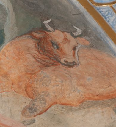 Zdjęcie nr 58: Iluzjonistyczną dekoracją malarską pokryto ściany kaplicy oraz strefę ponadcokołową: ściany tarczowe, pendentywy wokół stiukowych kartuszy herbowych oraz czaszę kopuły i wnętrze latarni. Ściany dolnej części podzielono na dwie strefy. Dolną tworzą zlokalizowane w narożach ścian iluzjonistycznie malowane pary nisz o konchach wypełnionych muszlą. W niszach ukazano osiem stojących frontalnie postaci starców, bez atrybutów i nimbów. Zapewne w ten sposób przedstawiono proroków lub apostołów. Każda z postaci ubrana jest w tunikę oraz płaszcz. Różnicuje je jedynie układ rąk, sposób kształtowania zarostu oraz kolorystyka szat. W drugiej strefie w przyłuczach arkad ukazano całopostaciowe przedstawienia uskrzydlonych aniołów trzymających narzędzia męki Pańskiej. Na ścianie wschodniej anioł prezentuje chustę Weroniki (z prawej) oraz latarnię (z lewej). Po bokach wejścia do kaplicy na ścianie północnej po prawej stronie anioł trzyma lancę i koronę cierniową, a po lewej krzyż. Z kolei na ścianie wschodniej po prawej ukazano anioła z drabiną, a po lewej z gąbką na trzcinie. Natomiast na ścianie południowej, po obu stronach zwieńczenia nagrobka, przedstawiono z prawej anioła z włócznią, a po lewej anioła z wiązką do biczowania. W tej strefie bezpośrednio przy łukach arkad wyobrażono leżące postacie geniuszy malowanych w technice en grisaille. Pod arkadą na ścianie wschodniej (ołtarzowej), ukazano dolną część owalnego jasno ugrowego baldachimu z lambrekinem i zielone, opadające paludamentum, rozsuwane kotarowo przez dwa uskrzydlone anioły. Dekoracja stanowi oprawę dla wiszącego tu obrazu Matki Boskiej z Dzieciątkiem w bogato rzeźbionej ramie. Z kolei na ścianie zachodniej wyobrażono monumentalną scenę Zdjęcia z krzyża. Jest to zwarta kompozycja ogniskująca się na wysokim drewnianym krzyżu, z którego ściągane jest martwe ciało Chrystusa. Z dwóch stron dłuższych ramion krzyż podtrzymują dwaj aniołowie. Ciało Jezusa opuszczane jest na białym pasie tkaniny przewiązanym pod jego ramionami. Chrystus ze zwisającą głową ma ręce ułożone wzdłuż ciała. Biodra przepasane ma białym perizonium. Jego skrzyżowane nogi są ugięte i jeszcze przybite gwoździem do krzyża. Gwóźdź wyciąga z nich obcęgami mężczyzna w niebieskiej, podwiniętej koszuli. Ciało opuszczają dwaj mężczyźni widoczni za poprzecznymi ramionami krzyża, trzymający końce taśmy. Człowiek z lewej strony w niebieskiej koszuli dodatkowo odbiera drugą białą taśmę od mężczyzny ubranego w szaroczarny strój. Osoba ta stoi na drabinie opartej o poprzeczne ramię krzyża. Drugi mężczyzna za krzyżem, w brązowej koszuli, lewą ręką trzyma koniec taśmy, a w uniesionej prawej młotek. Ciało Zbawiciela podtrzymuje lewą ręką kolejny mężczyzna stojący tyłem do widza na drugiej drabinie opartej o lewe ramię krzyża. Jest on ubrany w krótkie brązowe spodenki i bladozieloną koszulę. Pod krzyżem stoi zwarta siedmioosobowa grupa. Najprawdopodobniej z prawej strony ukazano św. Jana i Matkę Boską, na środku dwóch żołnierzy w ostro zakończonych hełmach, dwie kobiety, w tym zapewne Marię Magdalenę i starca widocznego z lewej strony kompozycji. Na ścianach tarczowych nad gzymsem wyobrażono po bokach okrągłych okien siedzących czterech ewangelistów i czterech ojców Kościoła. Na ścianie wschodniej znalazł się z prawej św. Jan z orłem, który w dziobie trzyma złoty kałamarz, a po lewej św. Mateusz rozmawiający z aniołem. Z kolei na ścianie południowej po lewej stronie przedstawiono św. Marka z lwem oraz św. Ambrożego trzymającego w prawej ręce naczynie z wylewającym się miodem. Na ścianie zachodniej z lewej znalazł się czytający św. Augustyn z sercem na dłoni, a z prawej św. Grzegorz Wielki z widoczną za nim tiarą i sową. Na ścianie północnej po lewej ukazano św. Hieronima z leżącym lwem, a po prawej stronie św. Łukasz z wołem. W pendentywach wykonano malarską dekorację w formie wijącej się wstęgi, na tle której widnieją stiukowe kartusze rollwerkowe, o owalnych kaboszonowych polach czwórdzielnych w krzyż. Po stronie wschodniej w pendentywach znajdują się dwa puste kartusze z niezachowanymi herbami. Natomiast herby zachowały się w pendentywach po stronie zachodniej. Na pendentywie północno-zachodnim: Jastrzębiec, Nowina, Gozdawa, Pobóg, a na południowo-zachodnim Gryf, Kotwicz, Kotwicz, Zabawa. W kopule wyobrażono Koronację Matki Boskiej adorowanej przez różnych świętych. Scenę koronacji Marii przez Trójcę Świętą przedstawiono w części wschodniej czaszy. Ukazana frontalnie Maria klęczy ze złożonymi rękami do modlitwy na obłokach. Ma owalną twarz okoloną jasnymi długimi włosami rozsypującymi się na jej ramiona. Na uniesionej ku górze głowie ma ubraną zsuwającą się białą chustę okrywającą włosy. Madonna ubrana jest w zasłaniający jej ramiona bladoniebieski płaszcz, opadający po bokach na obłoki. Nieznacznie wyżej z prawej strony na obłokach siedzi Bóg Ojciec. Wyobrażono go w trzech czwartych w prawo. Jest to starszy mężczyzna o siwych włosach i brodzie. W wyciągniętej prawej ręce nad głową Marii wraz z Chrystusem trzyma złotą koronę w typie zamkniętym. Z kolei w lewej podtrzymuje glob ze złotym krzyżykiem. Bóg Ojciec na głowie ma tiarę papieską. Ubrany jest w szaro-niebieską szatę oraz wzorzystą złotą kapę narzuconą na ramiona i spiętą pod szyją klamrą, z połami okrywającymi nogi. Naprzeciwko siedzi Chrystus widoczny w trzech czwartych w lewo z twarzą ukazaną w profilu. W wyciągniętej prawej ręce trzyma wraz z Bogiem Ojcem koronę, a lewą podtrzymuje złote berło. Chrystus ma jasne włosy opadające puklami na ramiona i podobną krótką brodę. Na głowie ma otwartą złotą koronę. Został przedstawiony z nagim torsem, na którym zaznaczono przebity bok. Jego postać otacza narzucony na ramiona bladoczerwony całun udrapowany w formie płaszcza. Nad koroną bliżej głowy Boga Ojca widoczna jest gołębica Ducha Świętego otoczona świetlistym otokiem. Ponad sceną koronacji wokół otworu do latarni wyobrażono wirujące złocisto-szare obłoki, na tle których widać uskrzydlone główki aniołków oraz postacie mniejszych i większych aniołków, które muzykują na różnych instrumentach, bądź też trzymają gałązki palmowe lub kwiaty albo kwiaty rozsypują. Uskrzydlone główki aniołków widoczne są także pośród obłoków, na których klęczy Madonna. Z prawej strony koronacji wyobrażono dwóch biskupów. Starszy, być może św. Wojciech, został przedstawiony w postawie półklęczącej w trzech czwartych w lewo. Prawą ręką zdaje się wskazywać na scenę koronacji, lewą zaś przyciska do piersi. Ma odkrytą głowę z widocznymi siwymi włosami i taką samą brodą. Ubrany jest w niebiesko-zielonkawą kapę ze złotym kapturem zakończonym chwostem. Na ziemi przy jego stopie widoczna jest złota infuła. Świętemu przyglądają się dwaj aniołowie widoczni z tyłu. Za nim klęczy młodszy biskup z leżącym przy nim na ziemi pastorałem i mieczem. Zapewne jest to św. Stanisław ze Szczepanowa. Święty ukazany został frontalnie z prawą ręką przyciśniętą do piersi, a z lewą nieznacznie odsuniętą w bok. Ma pociągłą twarz o krótkich jasnych włosach i podobnym zaroście. Ubrany jest w albę oraz szaro-bordową kapę o złotym kapturze. Przy jego kolanach stoi złota infuła, a za nim widoczny jest anioł z gałązką palmową. Za św. Stanisławem w rozwianych szatach klęczy św. Jadwiga Śląska, którą identyfikuje bryła kościoła widoczna przy jej stopach. Postać Jadwigi ukazano w profilu z założonymi rękami przed sobą. Na głowie ma niewielką złotą koronę, spod której widoczna jest biała chusta okrywająca włosy. Ubrana jest w bladoczerwoną suknię przepasaną w talii i narzucony na ramiona bladoszkarłatny płaszcz z gronostajowym kołnierzem i obszyciem. Za św. Jadwigą stoi inna święta z odsłoniętą lewą ręką wspartą o bok. Brak atrybutu nie pozwala na jej identyfikację. Ukazano ją w trzech czwartych w prawo z głową w profilu. Ma owalną twarz z wydatnym nosem. Na głowie ma niewielką złotą koronę, spod której widać jasną chustę okrywającą włosy. Ubrana jest w złocisto-szarą suknię z krótkimi rękawami i bladoczerwony rozwiany płaszcz. Pomiędzy obiema kobietami widać dwie postacie uskrzydlonych aniołów. Za świętymi siedzi z otwartą księgą wyobrażony frontalnie św. Jana Kanty. Jest to mężczyzna w średnim wieku z wysokim czołem, krótkimi brązowymi włosami i podobną brodą. Ubrany jest w bladofioletową togę akademicką z gronostajową peleryną. Trzymana przez niego księga ma czerwone okładki. Obok św. Jana Kantego namalowano czteroosobową grupę starszych mężczyzn. Pierwszy z nich, ujętych w trzech czwartych w prawo, zdaje się przyklękając, odbierać prawą ręką palmę męczeństwa podawaną mu przez widocznego nad nim anioła. Lewą ma ułożoną wzdłuż ciała. Ma podłużną twarz widoczną z profilu, otoczoną białymi włosami i spiczastą białą brodą. Ubrany jest w rozwianą jasnobeżową szatę przewiązaną w pasie i taki sam płaszcz narzucony na prawe ramię. Lewy rękaw tuniki jest podciągnięty, odsłaniając przedramię ręki. Na lewej nodze widoczny jest sandał. Za nim przedstawiono klęczącego w ujęciu trzech czwartych w lewo zakonnika eremitę, być może św. Pawła Pustelnika w białym habicie paulińskim. Zakonnik na wysokości bioder ma rozsunięte ręce. Jego twarz o wydatnym nosie otacza krzaczasta, długa, biała broda oraz białe włosy. W głębi za nim częściowo widać dwóch innych brodatych mężczyzn w beżowych szatach. Jeden z nich trzyma w dłoni palmę. W niewielkiej odległości za grupą mężczyzn na pierwszym planie klęczy na obłoku ukazany frontalnie św. Jacek. W rękach uniesionych na wysokości piersi trzyma wieżycową, złotą monstrancję i figurę Matki Boskiej. Dominikanin został przedstawiony z wysokim łysym czołem i wianuszkiem siwiejących włosów. Jego pociągła twarz o wyrazistym nosie i wąskich, nieznacznie zaciśniętych ustach pozbawiona jest zarostu. Ubrany jest w dominikański habit z czarnoniebieskim płaszczem. Z lewej strony sceny koronacji namalowano grupę czterech świętych. Na pierwszym planie widać klęczącego św. Stanisława Kostkę, wspartego na długim kiju z przywiązanym do niego węzełkiem. Święty został przedstawiony w profilu. Ma młodzieńczą, owalną twarz z krótkimi brązowymi włosami i rumianymi policzkami. Ubrany jest w bladobeżowy płaszcz, spod którego widać jasnoseledynową szatę. Za Stanisławem Kostką wyłania się w półpostaci św. Jan Nepomucen z drewnianym krzyżem podtrzymywanym lewą ręką. Jest to dojrzały mężczyzna o pociągłej twarzy, z brązowymi włosami i brodą. Z prawej strony św. Stanisława Kostki ukazano stojące dwie zakonnice, św. Kingę i zapewne bł. Salomeę. Kingę ukazano frontalnie w kontrapoście z głową uniesioną ku niebu w jasnobeżowym habicie klaryski wpadającym w brąz. Księżna prawą ręką przyciska do piersi bryłę soli, a w opuszczonej lewej trzyma kwiat lilii. U jej stóp widać model kościoła klasztornego w Starym Sączu. Obok stoi najprawdopodobniej bł. Salomea. Ukazano ją w mocnym kontrapoście, z dłońmi splecionymi na piersi i spojrzeniem skierowanym ku ziemi. Ubrana jest w rozwiany szaroniebieski habit i jasny welon. Wnętrze latarni wypełniają uskrzydlone głowy aniołków na tle złocisto-szarych obłoków.    







