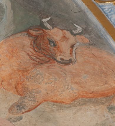 Zdjęcie nr 61: Iluzjonistyczną dekoracją malarską pokryto ściany kaplicy oraz strefę ponadcokołową: ściany tarczowe, pendentywy wokół stiukowych kartuszy herbowych oraz czaszę kopuły i wnętrze latarni. Ściany dolnej części podzielono na dwie strefy. Dolną tworzą zlokalizowane w narożach ścian iluzjonistycznie malowane pary nisz o konchach wypełnionych muszlą. W niszach ukazano osiem stojących frontalnie postaci starców, bez atrybutów i nimbów. Zapewne w ten sposób przedstawiono proroków lub apostołów. Każda z postaci ubrana jest w tunikę oraz płaszcz. Różnicuje je jedynie układ rąk, sposób kształtowania zarostu oraz kolorystyka szat. W drugiej strefie w przyłuczach arkad ukazano całopostaciowe przedstawienia uskrzydlonych aniołów trzymających narzędzia męki Pańskiej. Na ścianie wschodniej anioł prezentuje chustę Weroniki (z prawej) oraz latarnię (z lewej). Po bokach wejścia do kaplicy na ścianie północnej po prawej stronie anioł trzyma lancę i koronę cierniową, a po lewej krzyż. Z kolei na ścianie wschodniej po prawej ukazano anioła z drabiną, a po lewej z gąbką na trzcinie. Natomiast na ścianie południowej, po obu stronach zwieńczenia nagrobka, przedstawiono z prawej anioła z włócznią, a po lewej anioła z wiązką do biczowania. W tej strefie bezpośrednio przy łukach arkad wyobrażono leżące postacie geniuszy malowanych w technice en grisaille. Pod arkadą na ścianie wschodniej (ołtarzowej), ukazano dolną część owalnego jasno ugrowego baldachimu z lambrekinem i zielone, opadające paludamentum, rozsuwane kotarowo przez dwa uskrzydlone anioły. Dekoracja stanowi oprawę dla wiszącego tu obrazu Matki Boskiej z Dzieciątkiem w bogato rzeźbionej ramie. Z kolei na ścianie zachodniej wyobrażono monumentalną scenę Zdjęcia z krzyża. Jest to zwarta kompozycja ogniskująca się na wysokim drewnianym krzyżu, z którego ściągane jest martwe ciało Chrystusa. Z dwóch stron dłuższych ramion krzyż podtrzymują dwaj aniołowie. Ciało Jezusa opuszczane jest na białym pasie tkaniny przewiązanym pod jego ramionami. Chrystus ze zwisającą głową ma ręce ułożone wzdłuż ciała. Biodra przepasane ma białym perizonium. Jego skrzyżowane nogi są ugięte i jeszcze przybite gwoździem do krzyża. Gwóźdź wyciąga z nich obcęgami mężczyzna w niebieskiej, podwiniętej koszuli. Ciało opuszczają dwaj mężczyźni widoczni za poprzecznymi ramionami krzyża, trzymający końce taśmy. Człowiek z lewej strony w niebieskiej koszuli dodatkowo odbiera drugą białą taśmę od mężczyzny ubranego w szaroczarny strój. Osoba ta stoi na drabinie opartej o poprzeczne ramię krzyża. Drugi mężczyzna za krzyżem, w brązowej koszuli, lewą ręką trzyma koniec taśmy, a w uniesionej prawej młotek. Ciało Zbawiciela podtrzymuje lewą ręką kolejny mężczyzna stojący tyłem do widza na drugiej drabinie opartej o lewe ramię krzyża. Jest on ubrany w krótkie brązowe spodenki i bladozieloną koszulę. Pod krzyżem stoi zwarta siedmioosobowa grupa. Najprawdopodobniej z prawej strony ukazano św. Jana i Matkę Boską, na środku dwóch żołnierzy w ostro zakończonych hełmach, dwie kobiety, w tym zapewne Marię Magdalenę i starca widocznego z lewej strony kompozycji. Na ścianach tarczowych nad gzymsem wyobrażono po bokach okrągłych okien siedzących czterech ewangelistów i czterech ojców Kościoła. Na ścianie wschodniej znalazł się z prawej św. Jan z orłem, który w dziobie trzyma złoty kałamarz, a po lewej św. Mateusz rozmawiający z aniołem. Z kolei na ścianie południowej po lewej stronie przedstawiono św. Marka z lwem oraz św. Ambrożego trzymającego w prawej ręce naczynie z wylewającym się miodem. Na ścianie zachodniej z lewej znalazł się czytający św. Augustyn z sercem na dłoni, a z prawej św. Grzegorz Wielki z widoczną za nim tiarą i sową. Na ścianie północnej po lewej ukazano św. Hieronima z leżącym lwem, a po prawej stronie św. Łukasz z wołem. W pendentywach wykonano malarską dekorację w formie wijącej się wstęgi, na tle której widnieją stiukowe kartusze rollwerkowe, o owalnych kaboszonowych polach czwórdzielnych w krzyż. Po stronie wschodniej w pendentywach znajdują się dwa puste kartusze z niezachowanymi herbami. Natomiast herby zachowały się w pendentywach po stronie zachodniej. Na pendentywie północno-zachodnim: Jastrzębiec, Nowina, Gozdawa, Pobóg, a na południowo-zachodnim Gryf, Kotwicz, Kotwicz, Zabawa. W kopule wyobrażono Koronację Matki Boskiej adorowanej przez różnych świętych. Scenę koronacji Marii przez Trójcę Świętą przedstawiono w części wschodniej czaszy. Ukazana frontalnie Maria klęczy ze złożonymi rękami do modlitwy na obłokach. Ma owalną twarz okoloną jasnymi długimi włosami rozsypującymi się na jej ramiona. Na uniesionej ku górze głowie ma ubraną zsuwającą się białą chustę okrywającą włosy. Madonna ubrana jest w zasłaniający jej ramiona bladoniebieski płaszcz, opadający po bokach na obłoki. Nieznacznie wyżej z prawej strony na obłokach siedzi Bóg Ojciec. Wyobrażono go w trzech czwartych w prawo. Jest to starszy mężczyzna o siwych włosach i brodzie. W wyciągniętej prawej ręce nad głową Marii wraz z Chrystusem trzyma złotą koronę w typie zamkniętym. Z kolei w lewej podtrzymuje glob ze złotym krzyżykiem. Bóg Ojciec na głowie ma tiarę papieską. Ubrany jest w szaro-niebieską szatę oraz wzorzystą złotą kapę narzuconą na ramiona i spiętą pod szyją klamrą, z połami okrywającymi nogi. Naprzeciwko siedzi Chrystus widoczny w trzech czwartych w lewo z twarzą ukazaną w profilu. W wyciągniętej prawej ręce trzyma wraz z Bogiem Ojcem koronę, a lewą podtrzymuje złote berło. Chrystus ma jasne włosy opadające puklami na ramiona i podobną krótką brodę. Na głowie ma otwartą złotą koronę. Został przedstawiony z nagim torsem, na którym zaznaczono przebity bok. Jego postać otacza narzucony na ramiona bladoczerwony całun udrapowany w formie płaszcza. Nad koroną bliżej głowy Boga Ojca widoczna jest gołębica Ducha Świętego otoczona świetlistym otokiem. Ponad sceną koronacji wokół otworu do latarni wyobrażono wirujące złocisto-szare obłoki, na tle których widać uskrzydlone główki aniołków oraz postacie mniejszych i większych aniołków, które muzykują na różnych instrumentach, bądź też trzymają gałązki palmowe lub kwiaty albo kwiaty rozsypują. Uskrzydlone główki aniołków widoczne są także pośród obłoków, na których klęczy Madonna. Z prawej strony koronacji wyobrażono dwóch biskupów. Starszy, być może św. Wojciech, został przedstawiony w postawie półklęczącej w trzech czwartych w lewo. Prawą ręką zdaje się wskazywać na scenę koronacji, lewą zaś przyciska do piersi. Ma odkrytą głowę z widocznymi siwymi włosami i taką samą brodą. Ubrany jest w niebiesko-zielonkawą kapę ze złotym kapturem zakończonym chwostem. Na ziemi przy jego stopie widoczna jest złota infuła. Świętemu przyglądają się dwaj aniołowie widoczni z tyłu. Za nim klęczy młodszy biskup z leżącym przy nim na ziemi pastorałem i mieczem. Zapewne jest to św. Stanisław ze Szczepanowa. Święty ukazany został frontalnie z prawą ręką przyciśniętą do piersi, a z lewą nieznacznie odsuniętą w bok. Ma pociągłą twarz o krótkich jasnych włosach i podobnym zaroście. Ubrany jest w albę oraz szaro-bordową kapę o złotym kapturze. Przy jego kolanach stoi złota infuła, a za nim widoczny jest anioł z gałązką palmową. Za św. Stanisławem w rozwianych szatach klęczy św. Jadwiga Śląska, którą identyfikuje bryła kościoła widoczna przy jej stopach. Postać Jadwigi ukazano w profilu z założonymi rękami przed sobą. Na głowie ma niewielką złotą koronę, spod której widoczna jest biała chusta okrywająca włosy. Ubrana jest w bladoczerwoną suknię przepasaną w talii i narzucony na ramiona bladoszkarłatny płaszcz z gronostajowym kołnierzem i obszyciem. Za św. Jadwigą stoi inna święta z odsłoniętą lewą ręką wspartą o bok. Brak atrybutu nie pozwala na jej identyfikację. Ukazano ją w trzech czwartych w prawo z głową w profilu. Ma owalną twarz z wydatnym nosem. Na głowie ma niewielką złotą koronę, spod której widać jasną chustę okrywającą włosy. Ubrana jest w złocisto-szarą suknię z krótkimi rękawami i bladoczerwony rozwiany płaszcz. Pomiędzy obiema kobietami widać dwie postacie uskrzydlonych aniołów. Za świętymi siedzi z otwartą księgą wyobrażony frontalnie św. Jana Kanty. Jest to mężczyzna w średnim wieku z wysokim czołem, krótkimi brązowymi włosami i podobną brodą. Ubrany jest w bladofioletową togę akademicką z gronostajową peleryną. Trzymana przez niego księga ma czerwone okładki. Obok św. Jana Kantego namalowano czteroosobową grupę starszych mężczyzn. Pierwszy z nich, ujętych w trzech czwartych w prawo, zdaje się przyklękając, odbierać prawą ręką palmę męczeństwa podawaną mu przez widocznego nad nim anioła. Lewą ma ułożoną wzdłuż ciała. Ma podłużną twarz widoczną z profilu, otoczoną białymi włosami i spiczastą białą brodą. Ubrany jest w rozwianą jasnobeżową szatę przewiązaną w pasie i taki sam płaszcz narzucony na prawe ramię. Lewy rękaw tuniki jest podciągnięty, odsłaniając przedramię ręki. Na lewej nodze widoczny jest sandał. Za nim przedstawiono klęczącego w ujęciu trzech czwartych w lewo zakonnika eremitę, być może św. Pawła Pustelnika w białym habicie paulińskim. Zakonnik na wysokości bioder ma rozsunięte ręce. Jego twarz o wydatnym nosie otacza krzaczasta, długa, biała broda oraz białe włosy. W głębi za nim częściowo widać dwóch innych brodatych mężczyzn w beżowych szatach. Jeden z nich trzyma w dłoni palmę. W niewielkiej odległości za grupą mężczyzn na pierwszym planie klęczy na obłoku ukazany frontalnie św. Jacek. W rękach uniesionych na wysokości piersi trzyma wieżycową, złotą monstrancję i figurę Matki Boskiej. Dominikanin został przedstawiony z wysokim łysym czołem i wianuszkiem siwiejących włosów. Jego pociągła twarz o wyrazistym nosie i wąskich, nieznacznie zaciśniętych ustach pozbawiona jest zarostu. Ubrany jest w dominikański habit z czarnoniebieskim płaszczem. Z lewej strony sceny koronacji namalowano grupę czterech świętych. Na pierwszym planie widać klęczącego św. Stanisława Kostkę, wspartego na długim kiju z przywiązanym do niego węzełkiem. Święty został przedstawiony w profilu. Ma młodzieńczą, owalną twarz z krótkimi brązowymi włosami i rumianymi policzkami. Ubrany jest w bladobeżowy płaszcz, spod którego widać jasnoseledynową szatę. Za Stanisławem Kostką wyłania się w półpostaci św. Jan Nepomucen z drewnianym krzyżem podtrzymywanym lewą ręką. Jest to dojrzały mężczyzna o pociągłej twarzy, z brązowymi włosami i brodą. Z prawej strony św. Stanisława Kostki ukazano stojące dwie zakonnice, św. Kingę i zapewne bł. Salomeę. Kingę ukazano frontalnie w kontrapoście z głową uniesioną ku niebu w jasnobeżowym habicie klaryski wpadającym w brąz. Księżna prawą ręką przyciska do piersi bryłę soli, a w opuszczonej lewej trzyma kwiat lilii. U jej stóp widać model kościoła klasztornego w Starym Sączu. Obok stoi najprawdopodobniej bł. Salomea. Ukazano ją w mocnym kontrapoście, z dłońmi splecionymi na piersi i spojrzeniem skierowanym ku ziemi. Ubrana jest w rozwiany szaroniebieski habit i jasny welon. Wnętrze latarni wypełniają uskrzydlone głowy aniołków na tle złocisto-szarych obłoków.    







