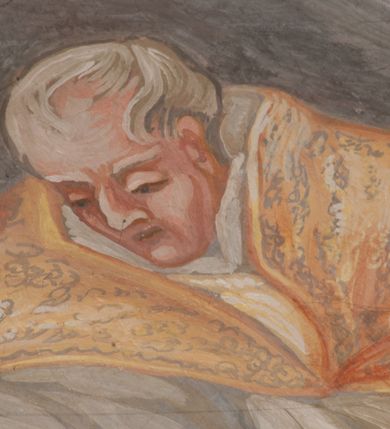 Zdjęcie nr 88: Iluzjonistyczną dekoracją malarską pokryto ściany kaplicy oraz strefę ponadcokołową: ściany tarczowe, pendentywy wokół stiukowych kartuszy herbowych oraz czaszę kopuły i wnętrze latarni. Ściany dolnej części podzielono na dwie strefy. Dolną tworzą zlokalizowane w narożach ścian iluzjonistycznie malowane pary nisz o konchach wypełnionych muszlą. W niszach ukazano osiem stojących frontalnie postaci starców, bez atrybutów i nimbów. Zapewne w ten sposób przedstawiono proroków lub apostołów. Każda z postaci ubrana jest w tunikę oraz płaszcz. Różnicuje je jedynie układ rąk, sposób kształtowania zarostu oraz kolorystyka szat. W drugiej strefie w przyłuczach arkad ukazano całopostaciowe przedstawienia uskrzydlonych aniołów trzymających narzędzia męki Pańskiej. Na ścianie wschodniej anioł prezentuje chustę Weroniki (z prawej) oraz latarnię (z lewej). Po bokach wejścia do kaplicy na ścianie północnej po prawej stronie anioł trzyma lancę i koronę cierniową, a po lewej krzyż. Z kolei na ścianie wschodniej po prawej ukazano anioła z drabiną, a po lewej z gąbką na trzcinie. Natomiast na ścianie południowej, po obu stronach zwieńczenia nagrobka, przedstawiono z prawej anioła z włócznią, a po lewej anioła z wiązką do biczowania. W tej strefie bezpośrednio przy łukach arkad wyobrażono leżące postacie geniuszy malowanych w technice en grisaille. Pod arkadą na ścianie wschodniej (ołtarzowej), ukazano dolną część owalnego jasno ugrowego baldachimu z lambrekinem i zielone, opadające paludamentum, rozsuwane kotarowo przez dwa uskrzydlone anioły. Dekoracja stanowi oprawę dla wiszącego tu obrazu Matki Boskiej z Dzieciątkiem w bogato rzeźbionej ramie. Z kolei na ścianie zachodniej wyobrażono monumentalną scenę Zdjęcia z krzyża. Jest to zwarta kompozycja ogniskująca się na wysokim drewnianym krzyżu, z którego ściągane jest martwe ciało Chrystusa. Z dwóch stron dłuższych ramion krzyż podtrzymują dwaj aniołowie. Ciało Jezusa opuszczane jest na białym pasie tkaniny przewiązanym pod jego ramionami. Chrystus ze zwisającą głową ma ręce ułożone wzdłuż ciała. Biodra przepasane ma białym perizonium. Jego skrzyżowane nogi są ugięte i jeszcze przybite gwoździem do krzyża. Gwóźdź wyciąga z nich obcęgami mężczyzna w niebieskiej, podwiniętej koszuli. Ciało opuszczają dwaj mężczyźni widoczni za poprzecznymi ramionami krzyża, trzymający końce taśmy. Człowiek z lewej strony w niebieskiej koszuli dodatkowo odbiera drugą białą taśmę od mężczyzny ubranego w szaroczarny strój. Osoba ta stoi na drabinie opartej o poprzeczne ramię krzyża. Drugi mężczyzna za krzyżem, w brązowej koszuli, lewą ręką trzyma koniec taśmy, a w uniesionej prawej młotek. Ciało Zbawiciela podtrzymuje lewą ręką kolejny mężczyzna stojący tyłem do widza na drugiej drabinie opartej o lewe ramię krzyża. Jest on ubrany w krótkie brązowe spodenki i bladozieloną koszulę. Pod krzyżem stoi zwarta siedmioosobowa grupa. Najprawdopodobniej z prawej strony ukazano św. Jana i Matkę Boską, na środku dwóch żołnierzy w ostro zakończonych hełmach, dwie kobiety, w tym zapewne Marię Magdalenę i starca widocznego z lewej strony kompozycji. Na ścianach tarczowych nad gzymsem wyobrażono po bokach okrągłych okien siedzących czterech ewangelistów i czterech ojców Kościoła. Na ścianie wschodniej znalazł się z prawej św. Jan z orłem, który w dziobie trzyma złoty kałamarz, a po lewej św. Mateusz rozmawiający z aniołem. Z kolei na ścianie południowej po lewej stronie przedstawiono św. Marka z lwem oraz św. Ambrożego trzymającego w prawej ręce naczynie z wylewającym się miodem. Na ścianie zachodniej z lewej znalazł się czytający św. Augustyn z sercem na dłoni, a z prawej św. Grzegorz Wielki z widoczną za nim tiarą i sową. Na ścianie północnej po lewej ukazano św. Hieronima z leżącym lwem, a po prawej stronie św. Łukasz z wołem. W pendentywach wykonano malarską dekorację w formie wijącej się wstęgi, na tle której widnieją stiukowe kartusze rollwerkowe, o owalnych kaboszonowych polach czwórdzielnych w krzyż. Po stronie wschodniej w pendentywach znajdują się dwa puste kartusze z niezachowanymi herbami. Natomiast herby zachowały się w pendentywach po stronie zachodniej. Na pendentywie północno-zachodnim: Jastrzębiec, Nowina, Gozdawa, Pobóg, a na południowo-zachodnim Gryf, Kotwicz, Kotwicz, Zabawa. W kopule wyobrażono Koronację Matki Boskiej adorowanej przez różnych świętych. Scenę koronacji Marii przez Trójcę Świętą przedstawiono w części wschodniej czaszy. Ukazana frontalnie Maria klęczy ze złożonymi rękami do modlitwy na obłokach. Ma owalną twarz okoloną jasnymi długimi włosami rozsypującymi się na jej ramiona. Na uniesionej ku górze głowie ma ubraną zsuwającą się białą chustę okrywającą włosy. Madonna ubrana jest w zasłaniający jej ramiona bladoniebieski płaszcz, opadający po bokach na obłoki. Nieznacznie wyżej z prawej strony na obłokach siedzi Bóg Ojciec. Wyobrażono go w trzech czwartych w prawo. Jest to starszy mężczyzna o siwych włosach i brodzie. W wyciągniętej prawej ręce nad głową Marii wraz z Chrystusem trzyma złotą koronę w typie zamkniętym. Z kolei w lewej podtrzymuje glob ze złotym krzyżykiem. Bóg Ojciec na głowie ma tiarę papieską. Ubrany jest w szaro-niebieską szatę oraz wzorzystą złotą kapę narzuconą na ramiona i spiętą pod szyją klamrą, z połami okrywającymi nogi. Naprzeciwko siedzi Chrystus widoczny w trzech czwartych w lewo z twarzą ukazaną w profilu. W wyciągniętej prawej ręce trzyma wraz z Bogiem Ojcem koronę, a lewą podtrzymuje złote berło. Chrystus ma jasne włosy opadające puklami na ramiona i podobną krótką brodę. Na głowie ma otwartą złotą koronę. Został przedstawiony z nagim torsem, na którym zaznaczono przebity bok. Jego postać otacza narzucony na ramiona bladoczerwony całun udrapowany w formie płaszcza. Nad koroną bliżej głowy Boga Ojca widoczna jest gołębica Ducha Świętego otoczona świetlistym otokiem. Ponad sceną koronacji wokół otworu do latarni wyobrażono wirujące złocisto-szare obłoki, na tle których widać uskrzydlone główki aniołków oraz postacie mniejszych i większych aniołków, które muzykują na różnych instrumentach, bądź też trzymają gałązki palmowe lub kwiaty albo kwiaty rozsypują. Uskrzydlone główki aniołków widoczne są także pośród obłoków, na których klęczy Madonna. Z prawej strony koronacji wyobrażono dwóch biskupów. Starszy, być może św. Wojciech, został przedstawiony w postawie półklęczącej w trzech czwartych w lewo. Prawą ręką zdaje się wskazywać na scenę koronacji, lewą zaś przyciska do piersi. Ma odkrytą głowę z widocznymi siwymi włosami i taką samą brodą. Ubrany jest w niebiesko-zielonkawą kapę ze złotym kapturem zakończonym chwostem. Na ziemi przy jego stopie widoczna jest złota infuła. Świętemu przyglądają się dwaj aniołowie widoczni z tyłu. Za nim klęczy młodszy biskup z leżącym przy nim na ziemi pastorałem i mieczem. Zapewne jest to św. Stanisław ze Szczepanowa. Święty ukazany został frontalnie z prawą ręką przyciśniętą do piersi, a z lewą nieznacznie odsuniętą w bok. Ma pociągłą twarz o krótkich jasnych włosach i podobnym zaroście. Ubrany jest w albę oraz szaro-bordową kapę o złotym kapturze. Przy jego kolanach stoi złota infuła, a za nim widoczny jest anioł z gałązką palmową. Za św. Stanisławem w rozwianych szatach klęczy św. Jadwiga Śląska, którą identyfikuje bryła kościoła widoczna przy jej stopach. Postać Jadwigi ukazano w profilu z założonymi rękami przed sobą. Na głowie ma niewielką złotą koronę, spod której widoczna jest biała chusta okrywająca włosy. Ubrana jest w bladoczerwoną suknię przepasaną w talii i narzucony na ramiona bladoszkarłatny płaszcz z gronostajowym kołnierzem i obszyciem. Za św. Jadwigą stoi inna święta z odsłoniętą lewą ręką wspartą o bok. Brak atrybutu nie pozwala na jej identyfikację. Ukazano ją w trzech czwartych w prawo z głową w profilu. Ma owalną twarz z wydatnym nosem. Na głowie ma niewielką złotą koronę, spod której widać jasną chustę okrywającą włosy. Ubrana jest w złocisto-szarą suknię z krótkimi rękawami i bladoczerwony rozwiany płaszcz. Pomiędzy obiema kobietami widać dwie postacie uskrzydlonych aniołów. Za świętymi siedzi z otwartą księgą wyobrażony frontalnie św. Jana Kanty. Jest to mężczyzna w średnim wieku z wysokim czołem, krótkimi brązowymi włosami i podobną brodą. Ubrany jest w bladofioletową togę akademicką z gronostajową peleryną. Trzymana przez niego księga ma czerwone okładki. Obok św. Jana Kantego namalowano czteroosobową grupę starszych mężczyzn. Pierwszy z nich, ujętych w trzech czwartych w prawo, zdaje się przyklękając, odbierać prawą ręką palmę męczeństwa podawaną mu przez widocznego nad nim anioła. Lewą ma ułożoną wzdłuż ciała. Ma podłużną twarz widoczną z profilu, otoczoną białymi włosami i spiczastą białą brodą. Ubrany jest w rozwianą jasnobeżową szatę przewiązaną w pasie i taki sam płaszcz narzucony na prawe ramię. Lewy rękaw tuniki jest podciągnięty, odsłaniając przedramię ręki. Na lewej nodze widoczny jest sandał. Za nim przedstawiono klęczącego w ujęciu trzech czwartych w lewo zakonnika eremitę, być może św. Pawła Pustelnika w białym habicie paulińskim. Zakonnik na wysokości bioder ma rozsunięte ręce. Jego twarz o wydatnym nosie otacza krzaczasta, długa, biała broda oraz białe włosy. W głębi za nim częściowo widać dwóch innych brodatych mężczyzn w beżowych szatach. Jeden z nich trzyma w dłoni palmę. W niewielkiej odległości za grupą mężczyzn na pierwszym planie klęczy na obłoku ukazany frontalnie św. Jacek. W rękach uniesionych na wysokości piersi trzyma wieżycową, złotą monstrancję i figurę Matki Boskiej. Dominikanin został przedstawiony z wysokim łysym czołem i wianuszkiem siwiejących włosów. Jego pociągła twarz o wyrazistym nosie i wąskich, nieznacznie zaciśniętych ustach pozbawiona jest zarostu. Ubrany jest w dominikański habit z czarnoniebieskim płaszczem. Z lewej strony sceny koronacji namalowano grupę czterech świętych. Na pierwszym planie widać klęczącego św. Stanisława Kostkę, wspartego na długim kiju z przywiązanym do niego węzełkiem. Święty został przedstawiony w profilu. Ma młodzieńczą, owalną twarz z krótkimi brązowymi włosami i rumianymi policzkami. Ubrany jest w bladobeżowy płaszcz, spod którego widać jasnoseledynową szatę. Za Stanisławem Kostką wyłania się w półpostaci św. Jan Nepomucen z drewnianym krzyżem podtrzymywanym lewą ręką. Jest to dojrzały mężczyzna o pociągłej twarzy, z brązowymi włosami i brodą. Z prawej strony św. Stanisława Kostki ukazano stojące dwie zakonnice, św. Kingę i zapewne bł. Salomeę. Kingę ukazano frontalnie w kontrapoście z głową uniesioną ku niebu w jasnobeżowym habicie klaryski wpadającym w brąz. Księżna prawą ręką przyciska do piersi bryłę soli, a w opuszczonej lewej trzyma kwiat lilii. U jej stóp widać model kościoła klasztornego w Starym Sączu. Obok stoi najprawdopodobniej bł. Salomea. Ukazano ją w mocnym kontrapoście, z dłońmi splecionymi na piersi i spojrzeniem skierowanym ku ziemi. Ubrana jest w rozwiany szaroniebieski habit i jasny welon. Wnętrze latarni wypełniają uskrzydlone głowy aniołków na tle złocisto-szarych obłoków.    







