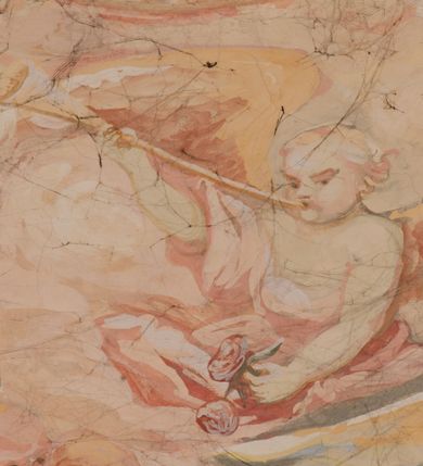 Zdjęcie nr 108: Iluzjonistyczną dekoracją malarską pokryto ściany kaplicy oraz strefę ponadcokołową: ściany tarczowe, pendentywy wokół stiukowych kartuszy herbowych oraz czaszę kopuły i wnętrze latarni. Ściany dolnej części podzielono na dwie strefy. Dolną tworzą zlokalizowane w narożach ścian iluzjonistycznie malowane pary nisz o konchach wypełnionych muszlą. W niszach ukazano osiem stojących frontalnie postaci starców, bez atrybutów i nimbów. Zapewne w ten sposób przedstawiono proroków lub apostołów. Każda z postaci ubrana jest w tunikę oraz płaszcz. Różnicuje je jedynie układ rąk, sposób kształtowania zarostu oraz kolorystyka szat. W drugiej strefie w przyłuczach arkad ukazano całopostaciowe przedstawienia uskrzydlonych aniołów trzymających narzędzia męki Pańskiej. Na ścianie wschodniej anioł prezentuje chustę Weroniki (z prawej) oraz latarnię (z lewej). Po bokach wejścia do kaplicy na ścianie północnej po prawej stronie anioł trzyma lancę i koronę cierniową, a po lewej krzyż. Z kolei na ścianie wschodniej po prawej ukazano anioła z drabiną, a po lewej z gąbką na trzcinie. Natomiast na ścianie południowej, po obu stronach zwieńczenia nagrobka, przedstawiono z prawej anioła z włócznią, a po lewej anioła z wiązką do biczowania. W tej strefie bezpośrednio przy łukach arkad wyobrażono leżące postacie geniuszy malowanych w technice en grisaille. Pod arkadą na ścianie wschodniej (ołtarzowej), ukazano dolną część owalnego jasno ugrowego baldachimu z lambrekinem i zielone, opadające paludamentum, rozsuwane kotarowo przez dwa uskrzydlone anioły. Dekoracja stanowi oprawę dla wiszącego tu obrazu Matki Boskiej z Dzieciątkiem w bogato rzeźbionej ramie. Z kolei na ścianie zachodniej wyobrażono monumentalną scenę Zdjęcia z krzyża. Jest to zwarta kompozycja ogniskująca się na wysokim drewnianym krzyżu, z którego ściągane jest martwe ciało Chrystusa. Z dwóch stron dłuższych ramion krzyż podtrzymują dwaj aniołowie. Ciało Jezusa opuszczane jest na białym pasie tkaniny przewiązanym pod jego ramionami. Chrystus ze zwisającą głową ma ręce ułożone wzdłuż ciała. Biodra przepasane ma białym perizonium. Jego skrzyżowane nogi są ugięte i jeszcze przybite gwoździem do krzyża. Gwóźdź wyciąga z nich obcęgami mężczyzna w niebieskiej, podwiniętej koszuli. Ciało opuszczają dwaj mężczyźni widoczni za poprzecznymi ramionami krzyża, trzymający końce taśmy. Człowiek z lewej strony w niebieskiej koszuli dodatkowo odbiera drugą białą taśmę od mężczyzny ubranego w szaroczarny strój. Osoba ta stoi na drabinie opartej o poprzeczne ramię krzyża. Drugi mężczyzna za krzyżem, w brązowej koszuli, lewą ręką trzyma koniec taśmy, a w uniesionej prawej młotek. Ciało Zbawiciela podtrzymuje lewą ręką kolejny mężczyzna stojący tyłem do widza na drugiej drabinie opartej o lewe ramię krzyża. Jest on ubrany w krótkie brązowe spodenki i bladozieloną koszulę. Pod krzyżem stoi zwarta siedmioosobowa grupa. Najprawdopodobniej z prawej strony ukazano św. Jana i Matkę Boską, na środku dwóch żołnierzy w ostro zakończonych hełmach, dwie kobiety, w tym zapewne Marię Magdalenę i starca widocznego z lewej strony kompozycji. Na ścianach tarczowych nad gzymsem wyobrażono po bokach okrągłych okien siedzących czterech ewangelistów i czterech ojców Kościoła. Na ścianie wschodniej znalazł się z prawej św. Jan z orłem, który w dziobie trzyma złoty kałamarz, a po lewej św. Mateusz rozmawiający z aniołem. Z kolei na ścianie południowej po lewej stronie przedstawiono św. Marka z lwem oraz św. Ambrożego trzymającego w prawej ręce naczynie z wylewającym się miodem. Na ścianie zachodniej z lewej znalazł się czytający św. Augustyn z sercem na dłoni, a z prawej św. Grzegorz Wielki z widoczną za nim tiarą i sową. Na ścianie północnej po lewej ukazano św. Hieronima z leżącym lwem, a po prawej stronie św. Łukasz z wołem. W pendentywach wykonano malarską dekorację w formie wijącej się wstęgi, na tle której widnieją stiukowe kartusze rollwerkowe, o owalnych kaboszonowych polach czwórdzielnych w krzyż. Po stronie wschodniej w pendentywach znajdują się dwa puste kartusze z niezachowanymi herbami. Natomiast herby zachowały się w pendentywach po stronie zachodniej. Na pendentywie północno-zachodnim: Jastrzębiec, Nowina, Gozdawa, Pobóg, a na południowo-zachodnim Gryf, Kotwicz, Kotwicz, Zabawa. W kopule wyobrażono Koronację Matki Boskiej adorowanej przez różnych świętych. Scenę koronacji Marii przez Trójcę Świętą przedstawiono w części wschodniej czaszy. Ukazana frontalnie Maria klęczy ze złożonymi rękami do modlitwy na obłokach. Ma owalną twarz okoloną jasnymi długimi włosami rozsypującymi się na jej ramiona. Na uniesionej ku górze głowie ma ubraną zsuwającą się białą chustę okrywającą włosy. Madonna ubrana jest w zasłaniający jej ramiona bladoniebieski płaszcz, opadający po bokach na obłoki. Nieznacznie wyżej z prawej strony na obłokach siedzi Bóg Ojciec. Wyobrażono go w trzech czwartych w prawo. Jest to starszy mężczyzna o siwych włosach i brodzie. W wyciągniętej prawej ręce nad głową Marii wraz z Chrystusem trzyma złotą koronę w typie zamkniętym. Z kolei w lewej podtrzymuje glob ze złotym krzyżykiem. Bóg Ojciec na głowie ma tiarę papieską. Ubrany jest w szaro-niebieską szatę oraz wzorzystą złotą kapę narzuconą na ramiona i spiętą pod szyją klamrą, z połami okrywającymi nogi. Naprzeciwko siedzi Chrystus widoczny w trzech czwartych w lewo z twarzą ukazaną w profilu. W wyciągniętej prawej ręce trzyma wraz z Bogiem Ojcem koronę, a lewą podtrzymuje złote berło. Chrystus ma jasne włosy opadające puklami na ramiona i podobną krótką brodę. Na głowie ma otwartą złotą koronę. Został przedstawiony z nagim torsem, na którym zaznaczono przebity bok. Jego postać otacza narzucony na ramiona bladoczerwony całun udrapowany w formie płaszcza. Nad koroną bliżej głowy Boga Ojca widoczna jest gołębica Ducha Świętego otoczona świetlistym otokiem. Ponad sceną koronacji wokół otworu do latarni wyobrażono wirujące złocisto-szare obłoki, na tle których widać uskrzydlone główki aniołków oraz postacie mniejszych i większych aniołków, które muzykują na różnych instrumentach, bądź też trzymają gałązki palmowe lub kwiaty albo kwiaty rozsypują. Uskrzydlone główki aniołków widoczne są także pośród obłoków, na których klęczy Madonna. Z prawej strony koronacji wyobrażono dwóch biskupów. Starszy, być może św. Wojciech, został przedstawiony w postawie półklęczącej w trzech czwartych w lewo. Prawą ręką zdaje się wskazywać na scenę koronacji, lewą zaś przyciska do piersi. Ma odkrytą głowę z widocznymi siwymi włosami i taką samą brodą. Ubrany jest w niebiesko-zielonkawą kapę ze złotym kapturem zakończonym chwostem. Na ziemi przy jego stopie widoczna jest złota infuła. Świętemu przyglądają się dwaj aniołowie widoczni z tyłu. Za nim klęczy młodszy biskup z leżącym przy nim na ziemi pastorałem i mieczem. Zapewne jest to św. Stanisław ze Szczepanowa. Święty ukazany został frontalnie z prawą ręką przyciśniętą do piersi, a z lewą nieznacznie odsuniętą w bok. Ma pociągłą twarz o krótkich jasnych włosach i podobnym zaroście. Ubrany jest w albę oraz szaro-bordową kapę o złotym kapturze. Przy jego kolanach stoi złota infuła, a za nim widoczny jest anioł z gałązką palmową. Za św. Stanisławem w rozwianych szatach klęczy św. Jadwiga Śląska, którą identyfikuje bryła kościoła widoczna przy jej stopach. Postać Jadwigi ukazano w profilu z założonymi rękami przed sobą. Na głowie ma niewielką złotą koronę, spod której widoczna jest biała chusta okrywająca włosy. Ubrana jest w bladoczerwoną suknię przepasaną w talii i narzucony na ramiona bladoszkarłatny płaszcz z gronostajowym kołnierzem i obszyciem. Za św. Jadwigą stoi inna święta z odsłoniętą lewą ręką wspartą o bok. Brak atrybutu nie pozwala na jej identyfikację. Ukazano ją w trzech czwartych w prawo z głową w profilu. Ma owalną twarz z wydatnym nosem. Na głowie ma niewielką złotą koronę, spod której widać jasną chustę okrywającą włosy. Ubrana jest w złocisto-szarą suknię z krótkimi rękawami i bladoczerwony rozwiany płaszcz. Pomiędzy obiema kobietami widać dwie postacie uskrzydlonych aniołów. Za świętymi siedzi z otwartą księgą wyobrażony frontalnie św. Jana Kanty. Jest to mężczyzna w średnim wieku z wysokim czołem, krótkimi brązowymi włosami i podobną brodą. Ubrany jest w bladofioletową togę akademicką z gronostajową peleryną. Trzymana przez niego księga ma czerwone okładki. Obok św. Jana Kantego namalowano czteroosobową grupę starszych mężczyzn. Pierwszy z nich, ujętych w trzech czwartych w prawo, zdaje się przyklękając, odbierać prawą ręką palmę męczeństwa podawaną mu przez widocznego nad nim anioła. Lewą ma ułożoną wzdłuż ciała. Ma podłużną twarz widoczną z profilu, otoczoną białymi włosami i spiczastą białą brodą. Ubrany jest w rozwianą jasnobeżową szatę przewiązaną w pasie i taki sam płaszcz narzucony na prawe ramię. Lewy rękaw tuniki jest podciągnięty, odsłaniając przedramię ręki. Na lewej nodze widoczny jest sandał. Za nim przedstawiono klęczącego w ujęciu trzech czwartych w lewo zakonnika eremitę, być może św. Pawła Pustelnika w białym habicie paulińskim. Zakonnik na wysokości bioder ma rozsunięte ręce. Jego twarz o wydatnym nosie otacza krzaczasta, długa, biała broda oraz białe włosy. W głębi za nim częściowo widać dwóch innych brodatych mężczyzn w beżowych szatach. Jeden z nich trzyma w dłoni palmę. W niewielkiej odległości za grupą mężczyzn na pierwszym planie klęczy na obłoku ukazany frontalnie św. Jacek. W rękach uniesionych na wysokości piersi trzyma wieżycową, złotą monstrancję i figurę Matki Boskiej. Dominikanin został przedstawiony z wysokim łysym czołem i wianuszkiem siwiejących włosów. Jego pociągła twarz o wyrazistym nosie i wąskich, nieznacznie zaciśniętych ustach pozbawiona jest zarostu. Ubrany jest w dominikański habit z czarnoniebieskim płaszczem. Z lewej strony sceny koronacji namalowano grupę czterech świętych. Na pierwszym planie widać klęczącego św. Stanisława Kostkę, wspartego na długim kiju z przywiązanym do niego węzełkiem. Święty został przedstawiony w profilu. Ma młodzieńczą, owalną twarz z krótkimi brązowymi włosami i rumianymi policzkami. Ubrany jest w bladobeżowy płaszcz, spod którego widać jasnoseledynową szatę. Za Stanisławem Kostką wyłania się w półpostaci św. Jan Nepomucen z drewnianym krzyżem podtrzymywanym lewą ręką. Jest to dojrzały mężczyzna o pociągłej twarzy, z brązowymi włosami i brodą. Z prawej strony św. Stanisława Kostki ukazano stojące dwie zakonnice, św. Kingę i zapewne bł. Salomeę. Kingę ukazano frontalnie w kontrapoście z głową uniesioną ku niebu w jasnobeżowym habicie klaryski wpadającym w brąz. Księżna prawą ręką przyciska do piersi bryłę soli, a w opuszczonej lewej trzyma kwiat lilii. U jej stóp widać model kościoła klasztornego w Starym Sączu. Obok stoi najprawdopodobniej bł. Salomea. Ukazano ją w mocnym kontrapoście, z dłońmi splecionymi na piersi i spojrzeniem skierowanym ku ziemi. Ubrana jest w rozwiany szaroniebieski habit i jasny welon. Wnętrze latarni wypełniają uskrzydlone głowy aniołków na tle złocisto-szarych obłoków.    







