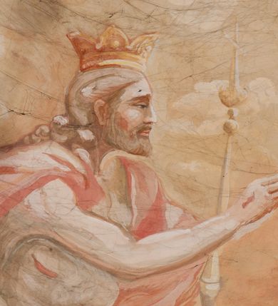 Zdjęcie nr 123: Iluzjonistyczną dekoracją malarską pokryto ściany kaplicy oraz strefę ponadcokołową: ściany tarczowe, pendentywy wokół stiukowych kartuszy herbowych oraz czaszę kopuły i wnętrze latarni. Ściany dolnej części podzielono na dwie strefy. Dolną tworzą zlokalizowane w narożach ścian iluzjonistycznie malowane pary nisz o konchach wypełnionych muszlą. W niszach ukazano osiem stojących frontalnie postaci starców, bez atrybutów i nimbów. Zapewne w ten sposób przedstawiono proroków lub apostołów. Każda z postaci ubrana jest w tunikę oraz płaszcz. Różnicuje je jedynie układ rąk, sposób kształtowania zarostu oraz kolorystyka szat. W drugiej strefie w przyłuczach arkad ukazano całopostaciowe przedstawienia uskrzydlonych aniołów trzymających narzędzia męki Pańskiej. Na ścianie wschodniej anioł prezentuje chustę Weroniki (z prawej) oraz latarnię (z lewej). Po bokach wejścia do kaplicy na ścianie północnej po prawej stronie anioł trzyma lancę i koronę cierniową, a po lewej krzyż. Z kolei na ścianie wschodniej po prawej ukazano anioła z drabiną, a po lewej z gąbką na trzcinie. Natomiast na ścianie południowej, po obu stronach zwieńczenia nagrobka, przedstawiono z prawej anioła z włócznią, a po lewej anioła z wiązką do biczowania. W tej strefie bezpośrednio przy łukach arkad wyobrażono leżące postacie geniuszy malowanych w technice en grisaille. Pod arkadą na ścianie wschodniej (ołtarzowej), ukazano dolną część owalnego jasno ugrowego baldachimu z lambrekinem i zielone, opadające paludamentum, rozsuwane kotarowo przez dwa uskrzydlone anioły. Dekoracja stanowi oprawę dla wiszącego tu obrazu Matki Boskiej z Dzieciątkiem w bogato rzeźbionej ramie. Z kolei na ścianie zachodniej wyobrażono monumentalną scenę Zdjęcia z krzyża. Jest to zwarta kompozycja ogniskująca się na wysokim drewnianym krzyżu, z którego ściągane jest martwe ciało Chrystusa. Z dwóch stron dłuższych ramion krzyż podtrzymują dwaj aniołowie. Ciało Jezusa opuszczane jest na białym pasie tkaniny przewiązanym pod jego ramionami. Chrystus ze zwisającą głową ma ręce ułożone wzdłuż ciała. Biodra przepasane ma białym perizonium. Jego skrzyżowane nogi są ugięte i jeszcze przybite gwoździem do krzyża. Gwóźdź wyciąga z nich obcęgami mężczyzna w niebieskiej, podwiniętej koszuli. Ciało opuszczają dwaj mężczyźni widoczni za poprzecznymi ramionami krzyża, trzymający końce taśmy. Człowiek z lewej strony w niebieskiej koszuli dodatkowo odbiera drugą białą taśmę od mężczyzny ubranego w szaroczarny strój. Osoba ta stoi na drabinie opartej o poprzeczne ramię krzyża. Drugi mężczyzna za krzyżem, w brązowej koszuli, lewą ręką trzyma koniec taśmy, a w uniesionej prawej młotek. Ciało Zbawiciela podtrzymuje lewą ręką kolejny mężczyzna stojący tyłem do widza na drugiej drabinie opartej o lewe ramię krzyża. Jest on ubrany w krótkie brązowe spodenki i bladozieloną koszulę. Pod krzyżem stoi zwarta siedmioosobowa grupa. Najprawdopodobniej z prawej strony ukazano św. Jana i Matkę Boską, na środku dwóch żołnierzy w ostro zakończonych hełmach, dwie kobiety, w tym zapewne Marię Magdalenę i starca widocznego z lewej strony kompozycji. Na ścianach tarczowych nad gzymsem wyobrażono po bokach okrągłych okien siedzących czterech ewangelistów i czterech ojców Kościoła. Na ścianie wschodniej znalazł się z prawej św. Jan z orłem, który w dziobie trzyma złoty kałamarz, a po lewej św. Mateusz rozmawiający z aniołem. Z kolei na ścianie południowej po lewej stronie przedstawiono św. Marka z lwem oraz św. Ambrożego trzymającego w prawej ręce naczynie z wylewającym się miodem. Na ścianie zachodniej z lewej znalazł się czytający św. Augustyn z sercem na dłoni, a z prawej św. Grzegorz Wielki z widoczną za nim tiarą i sową. Na ścianie północnej po lewej ukazano św. Hieronima z leżącym lwem, a po prawej stronie św. Łukasz z wołem. W pendentywach wykonano malarską dekorację w formie wijącej się wstęgi, na tle której widnieją stiukowe kartusze rollwerkowe, o owalnych kaboszonowych polach czwórdzielnych w krzyż. Po stronie wschodniej w pendentywach znajdują się dwa puste kartusze z niezachowanymi herbami. Natomiast herby zachowały się w pendentywach po stronie zachodniej. Na pendentywie północno-zachodnim: Jastrzębiec, Nowina, Gozdawa, Pobóg, a na południowo-zachodnim Gryf, Kotwicz, Kotwicz, Zabawa. W kopule wyobrażono Koronację Matki Boskiej adorowanej przez różnych świętych. Scenę koronacji Marii przez Trójcę Świętą przedstawiono w części wschodniej czaszy. Ukazana frontalnie Maria klęczy ze złożonymi rękami do modlitwy na obłokach. Ma owalną twarz okoloną jasnymi długimi włosami rozsypującymi się na jej ramiona. Na uniesionej ku górze głowie ma ubraną zsuwającą się białą chustę okrywającą włosy. Madonna ubrana jest w zasłaniający jej ramiona bladoniebieski płaszcz, opadający po bokach na obłoki. Nieznacznie wyżej z prawej strony na obłokach siedzi Bóg Ojciec. Wyobrażono go w trzech czwartych w prawo. Jest to starszy mężczyzna o siwych włosach i brodzie. W wyciągniętej prawej ręce nad głową Marii wraz z Chrystusem trzyma złotą koronę w typie zamkniętym. Z kolei w lewej podtrzymuje glob ze złotym krzyżykiem. Bóg Ojciec na głowie ma tiarę papieską. Ubrany jest w szaro-niebieską szatę oraz wzorzystą złotą kapę narzuconą na ramiona i spiętą pod szyją klamrą, z połami okrywającymi nogi. Naprzeciwko siedzi Chrystus widoczny w trzech czwartych w lewo z twarzą ukazaną w profilu. W wyciągniętej prawej ręce trzyma wraz z Bogiem Ojcem koronę, a lewą podtrzymuje złote berło. Chrystus ma jasne włosy opadające puklami na ramiona i podobną krótką brodę. Na głowie ma otwartą złotą koronę. Został przedstawiony z nagim torsem, na którym zaznaczono przebity bok. Jego postać otacza narzucony na ramiona bladoczerwony całun udrapowany w formie płaszcza. Nad koroną bliżej głowy Boga Ojca widoczna jest gołębica Ducha Świętego otoczona świetlistym otokiem. Ponad sceną koronacji wokół otworu do latarni wyobrażono wirujące złocisto-szare obłoki, na tle których widać uskrzydlone główki aniołków oraz postacie mniejszych i większych aniołków, które muzykują na różnych instrumentach, bądź też trzymają gałązki palmowe lub kwiaty albo kwiaty rozsypują. Uskrzydlone główki aniołków widoczne są także pośród obłoków, na których klęczy Madonna. Z prawej strony koronacji wyobrażono dwóch biskupów. Starszy, być może św. Wojciech, został przedstawiony w postawie półklęczącej w trzech czwartych w lewo. Prawą ręką zdaje się wskazywać na scenę koronacji, lewą zaś przyciska do piersi. Ma odkrytą głowę z widocznymi siwymi włosami i taką samą brodą. Ubrany jest w niebiesko-zielonkawą kapę ze złotym kapturem zakończonym chwostem. Na ziemi przy jego stopie widoczna jest złota infuła. Świętemu przyglądają się dwaj aniołowie widoczni z tyłu. Za nim klęczy młodszy biskup z leżącym przy nim na ziemi pastorałem i mieczem. Zapewne jest to św. Stanisław ze Szczepanowa. Święty ukazany został frontalnie z prawą ręką przyciśniętą do piersi, a z lewą nieznacznie odsuniętą w bok. Ma pociągłą twarz o krótkich jasnych włosach i podobnym zaroście. Ubrany jest w albę oraz szaro-bordową kapę o złotym kapturze. Przy jego kolanach stoi złota infuła, a za nim widoczny jest anioł z gałązką palmową. Za św. Stanisławem w rozwianych szatach klęczy św. Jadwiga Śląska, którą identyfikuje bryła kościoła widoczna przy jej stopach. Postać Jadwigi ukazano w profilu z założonymi rękami przed sobą. Na głowie ma niewielką złotą koronę, spod której widoczna jest biała chusta okrywająca włosy. Ubrana jest w bladoczerwoną suknię przepasaną w talii i narzucony na ramiona bladoszkarłatny płaszcz z gronostajowym kołnierzem i obszyciem. Za św. Jadwigą stoi inna święta z odsłoniętą lewą ręką wspartą o bok. Brak atrybutu nie pozwala na jej identyfikację. Ukazano ją w trzech czwartych w prawo z głową w profilu. Ma owalną twarz z wydatnym nosem. Na głowie ma niewielką złotą koronę, spod której widać jasną chustę okrywającą włosy. Ubrana jest w złocisto-szarą suknię z krótkimi rękawami i bladoczerwony rozwiany płaszcz. Pomiędzy obiema kobietami widać dwie postacie uskrzydlonych aniołów. Za świętymi siedzi z otwartą księgą wyobrażony frontalnie św. Jana Kanty. Jest to mężczyzna w średnim wieku z wysokim czołem, krótkimi brązowymi włosami i podobną brodą. Ubrany jest w bladofioletową togę akademicką z gronostajową peleryną. Trzymana przez niego księga ma czerwone okładki. Obok św. Jana Kantego namalowano czteroosobową grupę starszych mężczyzn. Pierwszy z nich, ujętych w trzech czwartych w prawo, zdaje się przyklękając, odbierać prawą ręką palmę męczeństwa podawaną mu przez widocznego nad nim anioła. Lewą ma ułożoną wzdłuż ciała. Ma podłużną twarz widoczną z profilu, otoczoną białymi włosami i spiczastą białą brodą. Ubrany jest w rozwianą jasnobeżową szatę przewiązaną w pasie i taki sam płaszcz narzucony na prawe ramię. Lewy rękaw tuniki jest podciągnięty, odsłaniając przedramię ręki. Na lewej nodze widoczny jest sandał. Za nim przedstawiono klęczącego w ujęciu trzech czwartych w lewo zakonnika eremitę, być może św. Pawła Pustelnika w białym habicie paulińskim. Zakonnik na wysokości bioder ma rozsunięte ręce. Jego twarz o wydatnym nosie otacza krzaczasta, długa, biała broda oraz białe włosy. W głębi za nim częściowo widać dwóch innych brodatych mężczyzn w beżowych szatach. Jeden z nich trzyma w dłoni palmę. W niewielkiej odległości za grupą mężczyzn na pierwszym planie klęczy na obłoku ukazany frontalnie św. Jacek. W rękach uniesionych na wysokości piersi trzyma wieżycową, złotą monstrancję i figurę Matki Boskiej. Dominikanin został przedstawiony z wysokim łysym czołem i wianuszkiem siwiejących włosów. Jego pociągła twarz o wyrazistym nosie i wąskich, nieznacznie zaciśniętych ustach pozbawiona jest zarostu. Ubrany jest w dominikański habit z czarnoniebieskim płaszczem. Z lewej strony sceny koronacji namalowano grupę czterech świętych. Na pierwszym planie widać klęczącego św. Stanisława Kostkę, wspartego na długim kiju z przywiązanym do niego węzełkiem. Święty został przedstawiony w profilu. Ma młodzieńczą, owalną twarz z krótkimi brązowymi włosami i rumianymi policzkami. Ubrany jest w bladobeżowy płaszcz, spod którego widać jasnoseledynową szatę. Za Stanisławem Kostką wyłania się w półpostaci św. Jan Nepomucen z drewnianym krzyżem podtrzymywanym lewą ręką. Jest to dojrzały mężczyzna o pociągłej twarzy, z brązowymi włosami i brodą. Z prawej strony św. Stanisława Kostki ukazano stojące dwie zakonnice, św. Kingę i zapewne bł. Salomeę. Kingę ukazano frontalnie w kontrapoście z głową uniesioną ku niebu w jasnobeżowym habicie klaryski wpadającym w brąz. Księżna prawą ręką przyciska do piersi bryłę soli, a w opuszczonej lewej trzyma kwiat lilii. U jej stóp widać model kościoła klasztornego w Starym Sączu. Obok stoi najprawdopodobniej bł. Salomea. Ukazano ją w mocnym kontrapoście, z dłońmi splecionymi na piersi i spojrzeniem skierowanym ku ziemi. Ubrana jest w rozwiany szaroniebieski habit i jasny welon. Wnętrze latarni wypełniają uskrzydlone głowy aniołków na tle złocisto-szarych obłoków.    







