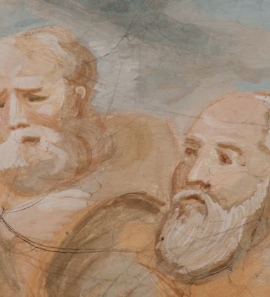 Zdjęcie nr 140: Iluzjonistyczną dekoracją malarską pokryto ściany kaplicy oraz strefę ponadcokołową: ściany tarczowe, pendentywy wokół stiukowych kartuszy herbowych oraz czaszę kopuły i wnętrze latarni. Ściany dolnej części podzielono na dwie strefy. Dolną tworzą zlokalizowane w narożach ścian iluzjonistycznie malowane pary nisz o konchach wypełnionych muszlą. W niszach ukazano osiem stojących frontalnie postaci starców, bez atrybutów i nimbów. Zapewne w ten sposób przedstawiono proroków lub apostołów. Każda z postaci ubrana jest w tunikę oraz płaszcz. Różnicuje je jedynie układ rąk, sposób kształtowania zarostu oraz kolorystyka szat. W drugiej strefie w przyłuczach arkad ukazano całopostaciowe przedstawienia uskrzydlonych aniołów trzymających narzędzia męki Pańskiej. Na ścianie wschodniej anioł prezentuje chustę Weroniki (z prawej) oraz latarnię (z lewej). Po bokach wejścia do kaplicy na ścianie północnej po prawej stronie anioł trzyma lancę i koronę cierniową, a po lewej krzyż. Z kolei na ścianie wschodniej po prawej ukazano anioła z drabiną, a po lewej z gąbką na trzcinie. Natomiast na ścianie południowej, po obu stronach zwieńczenia nagrobka, przedstawiono z prawej anioła z włócznią, a po lewej anioła z wiązką do biczowania. W tej strefie bezpośrednio przy łukach arkad wyobrażono leżące postacie geniuszy malowanych w technice en grisaille. Pod arkadą na ścianie wschodniej (ołtarzowej), ukazano dolną część owalnego jasno ugrowego baldachimu z lambrekinem i zielone, opadające paludamentum, rozsuwane kotarowo przez dwa uskrzydlone anioły. Dekoracja stanowi oprawę dla wiszącego tu obrazu Matki Boskiej z Dzieciątkiem w bogato rzeźbionej ramie. Z kolei na ścianie zachodniej wyobrażono monumentalną scenę Zdjęcia z krzyża. Jest to zwarta kompozycja ogniskująca się na wysokim drewnianym krzyżu, z którego ściągane jest martwe ciało Chrystusa. Z dwóch stron dłuższych ramion krzyż podtrzymują dwaj aniołowie. Ciało Jezusa opuszczane jest na białym pasie tkaniny przewiązanym pod jego ramionami. Chrystus ze zwisającą głową ma ręce ułożone wzdłuż ciała. Biodra przepasane ma białym perizonium. Jego skrzyżowane nogi są ugięte i jeszcze przybite gwoździem do krzyża. Gwóźdź wyciąga z nich obcęgami mężczyzna w niebieskiej, podwiniętej koszuli. Ciało opuszczają dwaj mężczyźni widoczni za poprzecznymi ramionami krzyża, trzymający końce taśmy. Człowiek z lewej strony w niebieskiej koszuli dodatkowo odbiera drugą białą taśmę od mężczyzny ubranego w szaroczarny strój. Osoba ta stoi na drabinie opartej o poprzeczne ramię krzyża. Drugi mężczyzna za krzyżem, w brązowej koszuli, lewą ręką trzyma koniec taśmy, a w uniesionej prawej młotek. Ciało Zbawiciela podtrzymuje lewą ręką kolejny mężczyzna stojący tyłem do widza na drugiej drabinie opartej o lewe ramię krzyża. Jest on ubrany w krótkie brązowe spodenki i bladozieloną koszulę. Pod krzyżem stoi zwarta siedmioosobowa grupa. Najprawdopodobniej z prawej strony ukazano św. Jana i Matkę Boską, na środku dwóch żołnierzy w ostro zakończonych hełmach, dwie kobiety, w tym zapewne Marię Magdalenę i starca widocznego z lewej strony kompozycji. Na ścianach tarczowych nad gzymsem wyobrażono po bokach okrągłych okien siedzących czterech ewangelistów i czterech ojców Kościoła. Na ścianie wschodniej znalazł się z prawej św. Jan z orłem, który w dziobie trzyma złoty kałamarz, a po lewej św. Mateusz rozmawiający z aniołem. Z kolei na ścianie południowej po lewej stronie przedstawiono św. Marka z lwem oraz św. Ambrożego trzymającego w prawej ręce naczynie z wylewającym się miodem. Na ścianie zachodniej z lewej znalazł się czytający św. Augustyn z sercem na dłoni, a z prawej św. Grzegorz Wielki z widoczną za nim tiarą i sową. Na ścianie północnej po lewej ukazano św. Hieronima z leżącym lwem, a po prawej stronie św. Łukasz z wołem. W pendentywach wykonano malarską dekorację w formie wijącej się wstęgi, na tle której widnieją stiukowe kartusze rollwerkowe, o owalnych kaboszonowych polach czwórdzielnych w krzyż. Po stronie wschodniej w pendentywach znajdują się dwa puste kartusze z niezachowanymi herbami. Natomiast herby zachowały się w pendentywach po stronie zachodniej. Na pendentywie północno-zachodnim: Jastrzębiec, Nowina, Gozdawa, Pobóg, a na południowo-zachodnim Gryf, Kotwicz, Kotwicz, Zabawa. W kopule wyobrażono Koronację Matki Boskiej adorowanej przez różnych świętych. Scenę koronacji Marii przez Trójcę Świętą przedstawiono w części wschodniej czaszy. Ukazana frontalnie Maria klęczy ze złożonymi rękami do modlitwy na obłokach. Ma owalną twarz okoloną jasnymi długimi włosami rozsypującymi się na jej ramiona. Na uniesionej ku górze głowie ma ubraną zsuwającą się białą chustę okrywającą włosy. Madonna ubrana jest w zasłaniający jej ramiona bladoniebieski płaszcz, opadający po bokach na obłoki. Nieznacznie wyżej z prawej strony na obłokach siedzi Bóg Ojciec. Wyobrażono go w trzech czwartych w prawo. Jest to starszy mężczyzna o siwych włosach i brodzie. W wyciągniętej prawej ręce nad głową Marii wraz z Chrystusem trzyma złotą koronę w typie zamkniętym. Z kolei w lewej podtrzymuje glob ze złotym krzyżykiem. Bóg Ojciec na głowie ma tiarę papieską. Ubrany jest w szaro-niebieską szatę oraz wzorzystą złotą kapę narzuconą na ramiona i spiętą pod szyją klamrą, z połami okrywającymi nogi. Naprzeciwko siedzi Chrystus widoczny w trzech czwartych w lewo z twarzą ukazaną w profilu. W wyciągniętej prawej ręce trzyma wraz z Bogiem Ojcem koronę, a lewą podtrzymuje złote berło. Chrystus ma jasne włosy opadające puklami na ramiona i podobną krótką brodę. Na głowie ma otwartą złotą koronę. Został przedstawiony z nagim torsem, na którym zaznaczono przebity bok. Jego postać otacza narzucony na ramiona bladoczerwony całun udrapowany w formie płaszcza. Nad koroną bliżej głowy Boga Ojca widoczna jest gołębica Ducha Świętego otoczona świetlistym otokiem. Ponad sceną koronacji wokół otworu do latarni wyobrażono wirujące złocisto-szare obłoki, na tle których widać uskrzydlone główki aniołków oraz postacie mniejszych i większych aniołków, które muzykują na różnych instrumentach, bądź też trzymają gałązki palmowe lub kwiaty albo kwiaty rozsypują. Uskrzydlone główki aniołków widoczne są także pośród obłoków, na których klęczy Madonna. Z prawej strony koronacji wyobrażono dwóch biskupów. Starszy, być może św. Wojciech, został przedstawiony w postawie półklęczącej w trzech czwartych w lewo. Prawą ręką zdaje się wskazywać na scenę koronacji, lewą zaś przyciska do piersi. Ma odkrytą głowę z widocznymi siwymi włosami i taką samą brodą. Ubrany jest w niebiesko-zielonkawą kapę ze złotym kapturem zakończonym chwostem. Na ziemi przy jego stopie widoczna jest złota infuła. Świętemu przyglądają się dwaj aniołowie widoczni z tyłu. Za nim klęczy młodszy biskup z leżącym przy nim na ziemi pastorałem i mieczem. Zapewne jest to św. Stanisław ze Szczepanowa. Święty ukazany został frontalnie z prawą ręką przyciśniętą do piersi, a z lewą nieznacznie odsuniętą w bok. Ma pociągłą twarz o krótkich jasnych włosach i podobnym zaroście. Ubrany jest w albę oraz szaro-bordową kapę o złotym kapturze. Przy jego kolanach stoi złota infuła, a za nim widoczny jest anioł z gałązką palmową. Za św. Stanisławem w rozwianych szatach klęczy św. Jadwiga Śląska, którą identyfikuje bryła kościoła widoczna przy jej stopach. Postać Jadwigi ukazano w profilu z założonymi rękami przed sobą. Na głowie ma niewielką złotą koronę, spod której widoczna jest biała chusta okrywająca włosy. Ubrana jest w bladoczerwoną suknię przepasaną w talii i narzucony na ramiona bladoszkarłatny płaszcz z gronostajowym kołnierzem i obszyciem. Za św. Jadwigą stoi inna święta z odsłoniętą lewą ręką wspartą o bok. Brak atrybutu nie pozwala na jej identyfikację. Ukazano ją w trzech czwartych w prawo z głową w profilu. Ma owalną twarz z wydatnym nosem. Na głowie ma niewielką złotą koronę, spod której widać jasną chustę okrywającą włosy. Ubrana jest w złocisto-szarą suknię z krótkimi rękawami i bladoczerwony rozwiany płaszcz. Pomiędzy obiema kobietami widać dwie postacie uskrzydlonych aniołów. Za świętymi siedzi z otwartą księgą wyobrażony frontalnie św. Jana Kanty. Jest to mężczyzna w średnim wieku z wysokim czołem, krótkimi brązowymi włosami i podobną brodą. Ubrany jest w bladofioletową togę akademicką z gronostajową peleryną. Trzymana przez niego księga ma czerwone okładki. Obok św. Jana Kantego namalowano czteroosobową grupę starszych mężczyzn. Pierwszy z nich, ujętych w trzech czwartych w prawo, zdaje się przyklękając, odbierać prawą ręką palmę męczeństwa podawaną mu przez widocznego nad nim anioła. Lewą ma ułożoną wzdłuż ciała. Ma podłużną twarz widoczną z profilu, otoczoną białymi włosami i spiczastą białą brodą. Ubrany jest w rozwianą jasnobeżową szatę przewiązaną w pasie i taki sam płaszcz narzucony na prawe ramię. Lewy rękaw tuniki jest podciągnięty, odsłaniając przedramię ręki. Na lewej nodze widoczny jest sandał. Za nim przedstawiono klęczącego w ujęciu trzech czwartych w lewo zakonnika eremitę, być może św. Pawła Pustelnika w białym habicie paulińskim. Zakonnik na wysokości bioder ma rozsunięte ręce. Jego twarz o wydatnym nosie otacza krzaczasta, długa, biała broda oraz białe włosy. W głębi za nim częściowo widać dwóch innych brodatych mężczyzn w beżowych szatach. Jeden z nich trzyma w dłoni palmę. W niewielkiej odległości za grupą mężczyzn na pierwszym planie klęczy na obłoku ukazany frontalnie św. Jacek. W rękach uniesionych na wysokości piersi trzyma wieżycową, złotą monstrancję i figurę Matki Boskiej. Dominikanin został przedstawiony z wysokim łysym czołem i wianuszkiem siwiejących włosów. Jego pociągła twarz o wyrazistym nosie i wąskich, nieznacznie zaciśniętych ustach pozbawiona jest zarostu. Ubrany jest w dominikański habit z czarnoniebieskim płaszczem. Z lewej strony sceny koronacji namalowano grupę czterech świętych. Na pierwszym planie widać klęczącego św. Stanisława Kostkę, wspartego na długim kiju z przywiązanym do niego węzełkiem. Święty został przedstawiony w profilu. Ma młodzieńczą, owalną twarz z krótkimi brązowymi włosami i rumianymi policzkami. Ubrany jest w bladobeżowy płaszcz, spod którego widać jasnoseledynową szatę. Za Stanisławem Kostką wyłania się w półpostaci św. Jan Nepomucen z drewnianym krzyżem podtrzymywanym lewą ręką. Jest to dojrzały mężczyzna o pociągłej twarzy, z brązowymi włosami i brodą. Z prawej strony św. Stanisława Kostki ukazano stojące dwie zakonnice, św. Kingę i zapewne bł. Salomeę. Kingę ukazano frontalnie w kontrapoście z głową uniesioną ku niebu w jasnobeżowym habicie klaryski wpadającym w brąz. Księżna prawą ręką przyciska do piersi bryłę soli, a w opuszczonej lewej trzyma kwiat lilii. U jej stóp widać model kościoła klasztornego w Starym Sączu. Obok stoi najprawdopodobniej bł. Salomea. Ukazano ją w mocnym kontrapoście, z dłońmi splecionymi na piersi i spojrzeniem skierowanym ku ziemi. Ubrana jest w rozwiany szaroniebieski habit i jasny welon. Wnętrze latarni wypełniają uskrzydlone głowy aniołków na tle złocisto-szarych obłoków.    







