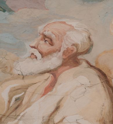 Zdjęcie nr 141: Iluzjonistyczną dekoracją malarską pokryto ściany kaplicy oraz strefę ponadcokołową: ściany tarczowe, pendentywy wokół stiukowych kartuszy herbowych oraz czaszę kopuły i wnętrze latarni. Ściany dolnej części podzielono na dwie strefy. Dolną tworzą zlokalizowane w narożach ścian iluzjonistycznie malowane pary nisz o konchach wypełnionych muszlą. W niszach ukazano osiem stojących frontalnie postaci starców, bez atrybutów i nimbów. Zapewne w ten sposób przedstawiono proroków lub apostołów. Każda z postaci ubrana jest w tunikę oraz płaszcz. Różnicuje je jedynie układ rąk, sposób kształtowania zarostu oraz kolorystyka szat. W drugiej strefie w przyłuczach arkad ukazano całopostaciowe przedstawienia uskrzydlonych aniołów trzymających narzędzia męki Pańskiej. Na ścianie wschodniej anioł prezentuje chustę Weroniki (z prawej) oraz latarnię (z lewej). Po bokach wejścia do kaplicy na ścianie północnej po prawej stronie anioł trzyma lancę i koronę cierniową, a po lewej krzyż. Z kolei na ścianie wschodniej po prawej ukazano anioła z drabiną, a po lewej z gąbką na trzcinie. Natomiast na ścianie południowej, po obu stronach zwieńczenia nagrobka, przedstawiono z prawej anioła z włócznią, a po lewej anioła z wiązką do biczowania. W tej strefie bezpośrednio przy łukach arkad wyobrażono leżące postacie geniuszy malowanych w technice en grisaille. Pod arkadą na ścianie wschodniej (ołtarzowej), ukazano dolną część owalnego jasno ugrowego baldachimu z lambrekinem i zielone, opadające paludamentum, rozsuwane kotarowo przez dwa uskrzydlone anioły. Dekoracja stanowi oprawę dla wiszącego tu obrazu Matki Boskiej z Dzieciątkiem w bogato rzeźbionej ramie. Z kolei na ścianie zachodniej wyobrażono monumentalną scenę Zdjęcia z krzyża. Jest to zwarta kompozycja ogniskująca się na wysokim drewnianym krzyżu, z którego ściągane jest martwe ciało Chrystusa. Z dwóch stron dłuższych ramion krzyż podtrzymują dwaj aniołowie. Ciało Jezusa opuszczane jest na białym pasie tkaniny przewiązanym pod jego ramionami. Chrystus ze zwisającą głową ma ręce ułożone wzdłuż ciała. Biodra przepasane ma białym perizonium. Jego skrzyżowane nogi są ugięte i jeszcze przybite gwoździem do krzyża. Gwóźdź wyciąga z nich obcęgami mężczyzna w niebieskiej, podwiniętej koszuli. Ciało opuszczają dwaj mężczyźni widoczni za poprzecznymi ramionami krzyża, trzymający końce taśmy. Człowiek z lewej strony w niebieskiej koszuli dodatkowo odbiera drugą białą taśmę od mężczyzny ubranego w szaroczarny strój. Osoba ta stoi na drabinie opartej o poprzeczne ramię krzyża. Drugi mężczyzna za krzyżem, w brązowej koszuli, lewą ręką trzyma koniec taśmy, a w uniesionej prawej młotek. Ciało Zbawiciela podtrzymuje lewą ręką kolejny mężczyzna stojący tyłem do widza na drugiej drabinie opartej o lewe ramię krzyża. Jest on ubrany w krótkie brązowe spodenki i bladozieloną koszulę. Pod krzyżem stoi zwarta siedmioosobowa grupa. Najprawdopodobniej z prawej strony ukazano św. Jana i Matkę Boską, na środku dwóch żołnierzy w ostro zakończonych hełmach, dwie kobiety, w tym zapewne Marię Magdalenę i starca widocznego z lewej strony kompozycji. Na ścianach tarczowych nad gzymsem wyobrażono po bokach okrągłych okien siedzących czterech ewangelistów i czterech ojców Kościoła. Na ścianie wschodniej znalazł się z prawej św. Jan z orłem, który w dziobie trzyma złoty kałamarz, a po lewej św. Mateusz rozmawiający z aniołem. Z kolei na ścianie południowej po lewej stronie przedstawiono św. Marka z lwem oraz św. Ambrożego trzymającego w prawej ręce naczynie z wylewającym się miodem. Na ścianie zachodniej z lewej znalazł się czytający św. Augustyn z sercem na dłoni, a z prawej św. Grzegorz Wielki z widoczną za nim tiarą i sową. Na ścianie północnej po lewej ukazano św. Hieronima z leżącym lwem, a po prawej stronie św. Łukasz z wołem. W pendentywach wykonano malarską dekorację w formie wijącej się wstęgi, na tle której widnieją stiukowe kartusze rollwerkowe, o owalnych kaboszonowych polach czwórdzielnych w krzyż. Po stronie wschodniej w pendentywach znajdują się dwa puste kartusze z niezachowanymi herbami. Natomiast herby zachowały się w pendentywach po stronie zachodniej. Na pendentywie północno-zachodnim: Jastrzębiec, Nowina, Gozdawa, Pobóg, a na południowo-zachodnim Gryf, Kotwicz, Kotwicz, Zabawa. W kopule wyobrażono Koronację Matki Boskiej adorowanej przez różnych świętych. Scenę koronacji Marii przez Trójcę Świętą przedstawiono w części wschodniej czaszy. Ukazana frontalnie Maria klęczy ze złożonymi rękami do modlitwy na obłokach. Ma owalną twarz okoloną jasnymi długimi włosami rozsypującymi się na jej ramiona. Na uniesionej ku górze głowie ma ubraną zsuwającą się białą chustę okrywającą włosy. Madonna ubrana jest w zasłaniający jej ramiona bladoniebieski płaszcz, opadający po bokach na obłoki. Nieznacznie wyżej z prawej strony na obłokach siedzi Bóg Ojciec. Wyobrażono go w trzech czwartych w prawo. Jest to starszy mężczyzna o siwych włosach i brodzie. W wyciągniętej prawej ręce nad głową Marii wraz z Chrystusem trzyma złotą koronę w typie zamkniętym. Z kolei w lewej podtrzymuje glob ze złotym krzyżykiem. Bóg Ojciec na głowie ma tiarę papieską. Ubrany jest w szaro-niebieską szatę oraz wzorzystą złotą kapę narzuconą na ramiona i spiętą pod szyją klamrą, z połami okrywającymi nogi. Naprzeciwko siedzi Chrystus widoczny w trzech czwartych w lewo z twarzą ukazaną w profilu. W wyciągniętej prawej ręce trzyma wraz z Bogiem Ojcem koronę, a lewą podtrzymuje złote berło. Chrystus ma jasne włosy opadające puklami na ramiona i podobną krótką brodę. Na głowie ma otwartą złotą koronę. Został przedstawiony z nagim torsem, na którym zaznaczono przebity bok. Jego postać otacza narzucony na ramiona bladoczerwony całun udrapowany w formie płaszcza. Nad koroną bliżej głowy Boga Ojca widoczna jest gołębica Ducha Świętego otoczona świetlistym otokiem. Ponad sceną koronacji wokół otworu do latarni wyobrażono wirujące złocisto-szare obłoki, na tle których widać uskrzydlone główki aniołków oraz postacie mniejszych i większych aniołków, które muzykują na różnych instrumentach, bądź też trzymają gałązki palmowe lub kwiaty albo kwiaty rozsypują. Uskrzydlone główki aniołków widoczne są także pośród obłoków, na których klęczy Madonna. Z prawej strony koronacji wyobrażono dwóch biskupów. Starszy, być może św. Wojciech, został przedstawiony w postawie półklęczącej w trzech czwartych w lewo. Prawą ręką zdaje się wskazywać na scenę koronacji, lewą zaś przyciska do piersi. Ma odkrytą głowę z widocznymi siwymi włosami i taką samą brodą. Ubrany jest w niebiesko-zielonkawą kapę ze złotym kapturem zakończonym chwostem. Na ziemi przy jego stopie widoczna jest złota infuła. Świętemu przyglądają się dwaj aniołowie widoczni z tyłu. Za nim klęczy młodszy biskup z leżącym przy nim na ziemi pastorałem i mieczem. Zapewne jest to św. Stanisław ze Szczepanowa. Święty ukazany został frontalnie z prawą ręką przyciśniętą do piersi, a z lewą nieznacznie odsuniętą w bok. Ma pociągłą twarz o krótkich jasnych włosach i podobnym zaroście. Ubrany jest w albę oraz szaro-bordową kapę o złotym kapturze. Przy jego kolanach stoi złota infuła, a za nim widoczny jest anioł z gałązką palmową. Za św. Stanisławem w rozwianych szatach klęczy św. Jadwiga Śląska, którą identyfikuje bryła kościoła widoczna przy jej stopach. Postać Jadwigi ukazano w profilu z założonymi rękami przed sobą. Na głowie ma niewielką złotą koronę, spod której widoczna jest biała chusta okrywająca włosy. Ubrana jest w bladoczerwoną suknię przepasaną w talii i narzucony na ramiona bladoszkarłatny płaszcz z gronostajowym kołnierzem i obszyciem. Za św. Jadwigą stoi inna święta z odsłoniętą lewą ręką wspartą o bok. Brak atrybutu nie pozwala na jej identyfikację. Ukazano ją w trzech czwartych w prawo z głową w profilu. Ma owalną twarz z wydatnym nosem. Na głowie ma niewielką złotą koronę, spod której widać jasną chustę okrywającą włosy. Ubrana jest w złocisto-szarą suknię z krótkimi rękawami i bladoczerwony rozwiany płaszcz. Pomiędzy obiema kobietami widać dwie postacie uskrzydlonych aniołów. Za świętymi siedzi z otwartą księgą wyobrażony frontalnie św. Jana Kanty. Jest to mężczyzna w średnim wieku z wysokim czołem, krótkimi brązowymi włosami i podobną brodą. Ubrany jest w bladofioletową togę akademicką z gronostajową peleryną. Trzymana przez niego księga ma czerwone okładki. Obok św. Jana Kantego namalowano czteroosobową grupę starszych mężczyzn. Pierwszy z nich, ujętych w trzech czwartych w prawo, zdaje się przyklękając, odbierać prawą ręką palmę męczeństwa podawaną mu przez widocznego nad nim anioła. Lewą ma ułożoną wzdłuż ciała. Ma podłużną twarz widoczną z profilu, otoczoną białymi włosami i spiczastą białą brodą. Ubrany jest w rozwianą jasnobeżową szatę przewiązaną w pasie i taki sam płaszcz narzucony na prawe ramię. Lewy rękaw tuniki jest podciągnięty, odsłaniając przedramię ręki. Na lewej nodze widoczny jest sandał. Za nim przedstawiono klęczącego w ujęciu trzech czwartych w lewo zakonnika eremitę, być może św. Pawła Pustelnika w białym habicie paulińskim. Zakonnik na wysokości bioder ma rozsunięte ręce. Jego twarz o wydatnym nosie otacza krzaczasta, długa, biała broda oraz białe włosy. W głębi za nim częściowo widać dwóch innych brodatych mężczyzn w beżowych szatach. Jeden z nich trzyma w dłoni palmę. W niewielkiej odległości za grupą mężczyzn na pierwszym planie klęczy na obłoku ukazany frontalnie św. Jacek. W rękach uniesionych na wysokości piersi trzyma wieżycową, złotą monstrancję i figurę Matki Boskiej. Dominikanin został przedstawiony z wysokim łysym czołem i wianuszkiem siwiejących włosów. Jego pociągła twarz o wyrazistym nosie i wąskich, nieznacznie zaciśniętych ustach pozbawiona jest zarostu. Ubrany jest w dominikański habit z czarnoniebieskim płaszczem. Z lewej strony sceny koronacji namalowano grupę czterech świętych. Na pierwszym planie widać klęczącego św. Stanisława Kostkę, wspartego na długim kiju z przywiązanym do niego węzełkiem. Święty został przedstawiony w profilu. Ma młodzieńczą, owalną twarz z krótkimi brązowymi włosami i rumianymi policzkami. Ubrany jest w bladobeżowy płaszcz, spod którego widać jasnoseledynową szatę. Za Stanisławem Kostką wyłania się w półpostaci św. Jan Nepomucen z drewnianym krzyżem podtrzymywanym lewą ręką. Jest to dojrzały mężczyzna o pociągłej twarzy, z brązowymi włosami i brodą. Z prawej strony św. Stanisława Kostki ukazano stojące dwie zakonnice, św. Kingę i zapewne bł. Salomeę. Kingę ukazano frontalnie w kontrapoście z głową uniesioną ku niebu w jasnobeżowym habicie klaryski wpadającym w brąz. Księżna prawą ręką przyciska do piersi bryłę soli, a w opuszczonej lewej trzyma kwiat lilii. U jej stóp widać model kościoła klasztornego w Starym Sączu. Obok stoi najprawdopodobniej bł. Salomea. Ukazano ją w mocnym kontrapoście, z dłońmi splecionymi na piersi i spojrzeniem skierowanym ku ziemi. Ubrana jest w rozwiany szaroniebieski habit i jasny welon. Wnętrze latarni wypełniają uskrzydlone głowy aniołków na tle złocisto-szarych obłoków.    







