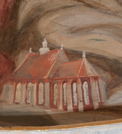 Zdjęcie nr 144: Iluzjonistyczną dekoracją malarską pokryto ściany kaplicy oraz strefę ponadcokołową: ściany tarczowe, pendentywy wokół stiukowych kartuszy herbowych oraz czaszę kopuły i wnętrze latarni. Ściany dolnej części podzielono na dwie strefy. Dolną tworzą zlokalizowane w narożach ścian iluzjonistycznie malowane pary nisz o konchach wypełnionych muszlą. W niszach ukazano osiem stojących frontalnie postaci starców, bez atrybutów i nimbów. Zapewne w ten sposób przedstawiono proroków lub apostołów. Każda z postaci ubrana jest w tunikę oraz płaszcz. Różnicuje je jedynie układ rąk, sposób kształtowania zarostu oraz kolorystyka szat. W drugiej strefie w przyłuczach arkad ukazano całopostaciowe przedstawienia uskrzydlonych aniołów trzymających narzędzia męki Pańskiej. Na ścianie wschodniej anioł prezentuje chustę Weroniki (z prawej) oraz latarnię (z lewej). Po bokach wejścia do kaplicy na ścianie północnej po prawej stronie anioł trzyma lancę i koronę cierniową, a po lewej krzyż. Z kolei na ścianie wschodniej po prawej ukazano anioła z drabiną, a po lewej z gąbką na trzcinie. Natomiast na ścianie południowej, po obu stronach zwieńczenia nagrobka, przedstawiono z prawej anioła z włócznią, a po lewej anioła z wiązką do biczowania. W tej strefie bezpośrednio przy łukach arkad wyobrażono leżące postacie geniuszy malowanych w technice en grisaille. Pod arkadą na ścianie wschodniej (ołtarzowej), ukazano dolną część owalnego jasno ugrowego baldachimu z lambrekinem i zielone, opadające paludamentum, rozsuwane kotarowo przez dwa uskrzydlone anioły. Dekoracja stanowi oprawę dla wiszącego tu obrazu Matki Boskiej z Dzieciątkiem w bogato rzeźbionej ramie. Z kolei na ścianie zachodniej wyobrażono monumentalną scenę Zdjęcia z krzyża. Jest to zwarta kompozycja ogniskująca się na wysokim drewnianym krzyżu, z którego ściągane jest martwe ciało Chrystusa. Z dwóch stron dłuższych ramion krzyż podtrzymują dwaj aniołowie. Ciało Jezusa opuszczane jest na białym pasie tkaniny przewiązanym pod jego ramionami. Chrystus ze zwisającą głową ma ręce ułożone wzdłuż ciała. Biodra przepasane ma białym perizonium. Jego skrzyżowane nogi są ugięte i jeszcze przybite gwoździem do krzyża. Gwóźdź wyciąga z nich obcęgami mężczyzna w niebieskiej, podwiniętej koszuli. Ciało opuszczają dwaj mężczyźni widoczni za poprzecznymi ramionami krzyża, trzymający końce taśmy. Człowiek z lewej strony w niebieskiej koszuli dodatkowo odbiera drugą białą taśmę od mężczyzny ubranego w szaroczarny strój. Osoba ta stoi na drabinie opartej o poprzeczne ramię krzyża. Drugi mężczyzna za krzyżem, w brązowej koszuli, lewą ręką trzyma koniec taśmy, a w uniesionej prawej młotek. Ciało Zbawiciela podtrzymuje lewą ręką kolejny mężczyzna stojący tyłem do widza na drugiej drabinie opartej o lewe ramię krzyża. Jest on ubrany w krótkie brązowe spodenki i bladozieloną koszulę. Pod krzyżem stoi zwarta siedmioosobowa grupa. Najprawdopodobniej z prawej strony ukazano św. Jana i Matkę Boską, na środku dwóch żołnierzy w ostro zakończonych hełmach, dwie kobiety, w tym zapewne Marię Magdalenę i starca widocznego z lewej strony kompozycji. Na ścianach tarczowych nad gzymsem wyobrażono po bokach okrągłych okien siedzących czterech ewangelistów i czterech ojców Kościoła. Na ścianie wschodniej znalazł się z prawej św. Jan z orłem, który w dziobie trzyma złoty kałamarz, a po lewej św. Mateusz rozmawiający z aniołem. Z kolei na ścianie południowej po lewej stronie przedstawiono św. Marka z lwem oraz św. Ambrożego trzymającego w prawej ręce naczynie z wylewającym się miodem. Na ścianie zachodniej z lewej znalazł się czytający św. Augustyn z sercem na dłoni, a z prawej św. Grzegorz Wielki z widoczną za nim tiarą i sową. Na ścianie północnej po lewej ukazano św. Hieronima z leżącym lwem, a po prawej stronie św. Łukasz z wołem. W pendentywach wykonano malarską dekorację w formie wijącej się wstęgi, na tle której widnieją stiukowe kartusze rollwerkowe, o owalnych kaboszonowych polach czwórdzielnych w krzyż. Po stronie wschodniej w pendentywach znajdują się dwa puste kartusze z niezachowanymi herbami. Natomiast herby zachowały się w pendentywach po stronie zachodniej. Na pendentywie północno-zachodnim: Jastrzębiec, Nowina, Gozdawa, Pobóg, a na południowo-zachodnim Gryf, Kotwicz, Kotwicz, Zabawa. W kopule wyobrażono Koronację Matki Boskiej adorowanej przez różnych świętych. Scenę koronacji Marii przez Trójcę Świętą przedstawiono w części wschodniej czaszy. Ukazana frontalnie Maria klęczy ze złożonymi rękami do modlitwy na obłokach. Ma owalną twarz okoloną jasnymi długimi włosami rozsypującymi się na jej ramiona. Na uniesionej ku górze głowie ma ubraną zsuwającą się białą chustę okrywającą włosy. Madonna ubrana jest w zasłaniający jej ramiona bladoniebieski płaszcz, opadający po bokach na obłoki. Nieznacznie wyżej z prawej strony na obłokach siedzi Bóg Ojciec. Wyobrażono go w trzech czwartych w prawo. Jest to starszy mężczyzna o siwych włosach i brodzie. W wyciągniętej prawej ręce nad głową Marii wraz z Chrystusem trzyma złotą koronę w typie zamkniętym. Z kolei w lewej podtrzymuje glob ze złotym krzyżykiem. Bóg Ojciec na głowie ma tiarę papieską. Ubrany jest w szaro-niebieską szatę oraz wzorzystą złotą kapę narzuconą na ramiona i spiętą pod szyją klamrą, z połami okrywającymi nogi. Naprzeciwko siedzi Chrystus widoczny w trzech czwartych w lewo z twarzą ukazaną w profilu. W wyciągniętej prawej ręce trzyma wraz z Bogiem Ojcem koronę, a lewą podtrzymuje złote berło. Chrystus ma jasne włosy opadające puklami na ramiona i podobną krótką brodę. Na głowie ma otwartą złotą koronę. Został przedstawiony z nagim torsem, na którym zaznaczono przebity bok. Jego postać otacza narzucony na ramiona bladoczerwony całun udrapowany w formie płaszcza. Nad koroną bliżej głowy Boga Ojca widoczna jest gołębica Ducha Świętego otoczona świetlistym otokiem. Ponad sceną koronacji wokół otworu do latarni wyobrażono wirujące złocisto-szare obłoki, na tle których widać uskrzydlone główki aniołków oraz postacie mniejszych i większych aniołków, które muzykują na różnych instrumentach, bądź też trzymają gałązki palmowe lub kwiaty albo kwiaty rozsypują. Uskrzydlone główki aniołków widoczne są także pośród obłoków, na których klęczy Madonna. Z prawej strony koronacji wyobrażono dwóch biskupów. Starszy, być może św. Wojciech, został przedstawiony w postawie półklęczącej w trzech czwartych w lewo. Prawą ręką zdaje się wskazywać na scenę koronacji, lewą zaś przyciska do piersi. Ma odkrytą głowę z widocznymi siwymi włosami i taką samą brodą. Ubrany jest w niebiesko-zielonkawą kapę ze złotym kapturem zakończonym chwostem. Na ziemi przy jego stopie widoczna jest złota infuła. Świętemu przyglądają się dwaj aniołowie widoczni z tyłu. Za nim klęczy młodszy biskup z leżącym przy nim na ziemi pastorałem i mieczem. Zapewne jest to św. Stanisław ze Szczepanowa. Święty ukazany został frontalnie z prawą ręką przyciśniętą do piersi, a z lewą nieznacznie odsuniętą w bok. Ma pociągłą twarz o krótkich jasnych włosach i podobnym zaroście. Ubrany jest w albę oraz szaro-bordową kapę o złotym kapturze. Przy jego kolanach stoi złota infuła, a za nim widoczny jest anioł z gałązką palmową. Za św. Stanisławem w rozwianych szatach klęczy św. Jadwiga Śląska, którą identyfikuje bryła kościoła widoczna przy jej stopach. Postać Jadwigi ukazano w profilu z założonymi rękami przed sobą. Na głowie ma niewielką złotą koronę, spod której widoczna jest biała chusta okrywająca włosy. Ubrana jest w bladoczerwoną suknię przepasaną w talii i narzucony na ramiona bladoszkarłatny płaszcz z gronostajowym kołnierzem i obszyciem. Za św. Jadwigą stoi inna święta z odsłoniętą lewą ręką wspartą o bok. Brak atrybutu nie pozwala na jej identyfikację. Ukazano ją w trzech czwartych w prawo z głową w profilu. Ma owalną twarz z wydatnym nosem. Na głowie ma niewielką złotą koronę, spod której widać jasną chustę okrywającą włosy. Ubrana jest w złocisto-szarą suknię z krótkimi rękawami i bladoczerwony rozwiany płaszcz. Pomiędzy obiema kobietami widać dwie postacie uskrzydlonych aniołów. Za świętymi siedzi z otwartą księgą wyobrażony frontalnie św. Jana Kanty. Jest to mężczyzna w średnim wieku z wysokim czołem, krótkimi brązowymi włosami i podobną brodą. Ubrany jest w bladofioletową togę akademicką z gronostajową peleryną. Trzymana przez niego księga ma czerwone okładki. Obok św. Jana Kantego namalowano czteroosobową grupę starszych mężczyzn. Pierwszy z nich, ujętych w trzech czwartych w prawo, zdaje się przyklękając, odbierać prawą ręką palmę męczeństwa podawaną mu przez widocznego nad nim anioła. Lewą ma ułożoną wzdłuż ciała. Ma podłużną twarz widoczną z profilu, otoczoną białymi włosami i spiczastą białą brodą. Ubrany jest w rozwianą jasnobeżową szatę przewiązaną w pasie i taki sam płaszcz narzucony na prawe ramię. Lewy rękaw tuniki jest podciągnięty, odsłaniając przedramię ręki. Na lewej nodze widoczny jest sandał. Za nim przedstawiono klęczącego w ujęciu trzech czwartych w lewo zakonnika eremitę, być może św. Pawła Pustelnika w białym habicie paulińskim. Zakonnik na wysokości bioder ma rozsunięte ręce. Jego twarz o wydatnym nosie otacza krzaczasta, długa, biała broda oraz białe włosy. W głębi za nim częściowo widać dwóch innych brodatych mężczyzn w beżowych szatach. Jeden z nich trzyma w dłoni palmę. W niewielkiej odległości za grupą mężczyzn na pierwszym planie klęczy na obłoku ukazany frontalnie św. Jacek. W rękach uniesionych na wysokości piersi trzyma wieżycową, złotą monstrancję i figurę Matki Boskiej. Dominikanin został przedstawiony z wysokim łysym czołem i wianuszkiem siwiejących włosów. Jego pociągła twarz o wyrazistym nosie i wąskich, nieznacznie zaciśniętych ustach pozbawiona jest zarostu. Ubrany jest w dominikański habit z czarnoniebieskim płaszczem. Z lewej strony sceny koronacji namalowano grupę czterech świętych. Na pierwszym planie widać klęczącego św. Stanisława Kostkę, wspartego na długim kiju z przywiązanym do niego węzełkiem. Święty został przedstawiony w profilu. Ma młodzieńczą, owalną twarz z krótkimi brązowymi włosami i rumianymi policzkami. Ubrany jest w bladobeżowy płaszcz, spod którego widać jasnoseledynową szatę. Za Stanisławem Kostką wyłania się w półpostaci św. Jan Nepomucen z drewnianym krzyżem podtrzymywanym lewą ręką. Jest to dojrzały mężczyzna o pociągłej twarzy, z brązowymi włosami i brodą. Z prawej strony św. Stanisława Kostki ukazano stojące dwie zakonnice, św. Kingę i zapewne bł. Salomeę. Kingę ukazano frontalnie w kontrapoście z głową uniesioną ku niebu w jasnobeżowym habicie klaryski wpadającym w brąz. Księżna prawą ręką przyciska do piersi bryłę soli, a w opuszczonej lewej trzyma kwiat lilii. U jej stóp widać model kościoła klasztornego w Starym Sączu. Obok stoi najprawdopodobniej bł. Salomea. Ukazano ją w mocnym kontrapoście, z dłońmi splecionymi na piersi i spojrzeniem skierowanym ku ziemi. Ubrana jest w rozwiany szaroniebieski habit i jasny welon. Wnętrze latarni wypełniają uskrzydlone głowy aniołków na tle złocisto-szarych obłoków.    







