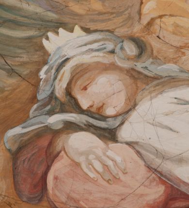 Zdjęcie nr 147: Iluzjonistyczną dekoracją malarską pokryto ściany kaplicy oraz strefę ponadcokołową: ściany tarczowe, pendentywy wokół stiukowych kartuszy herbowych oraz czaszę kopuły i wnętrze latarni. Ściany dolnej części podzielono na dwie strefy. Dolną tworzą zlokalizowane w narożach ścian iluzjonistycznie malowane pary nisz o konchach wypełnionych muszlą. W niszach ukazano osiem stojących frontalnie postaci starców, bez atrybutów i nimbów. Zapewne w ten sposób przedstawiono proroków lub apostołów. Każda z postaci ubrana jest w tunikę oraz płaszcz. Różnicuje je jedynie układ rąk, sposób kształtowania zarostu oraz kolorystyka szat. W drugiej strefie w przyłuczach arkad ukazano całopostaciowe przedstawienia uskrzydlonych aniołów trzymających narzędzia męki Pańskiej. Na ścianie wschodniej anioł prezentuje chustę Weroniki (z prawej) oraz latarnię (z lewej). Po bokach wejścia do kaplicy na ścianie północnej po prawej stronie anioł trzyma lancę i koronę cierniową, a po lewej krzyż. Z kolei na ścianie wschodniej po prawej ukazano anioła z drabiną, a po lewej z gąbką na trzcinie. Natomiast na ścianie południowej, po obu stronach zwieńczenia nagrobka, przedstawiono z prawej anioła z włócznią, a po lewej anioła z wiązką do biczowania. W tej strefie bezpośrednio przy łukach arkad wyobrażono leżące postacie geniuszy malowanych w technice en grisaille. Pod arkadą na ścianie wschodniej (ołtarzowej), ukazano dolną część owalnego jasno ugrowego baldachimu z lambrekinem i zielone, opadające paludamentum, rozsuwane kotarowo przez dwa uskrzydlone anioły. Dekoracja stanowi oprawę dla wiszącego tu obrazu Matki Boskiej z Dzieciątkiem w bogato rzeźbionej ramie. Z kolei na ścianie zachodniej wyobrażono monumentalną scenę Zdjęcia z krzyża. Jest to zwarta kompozycja ogniskująca się na wysokim drewnianym krzyżu, z którego ściągane jest martwe ciało Chrystusa. Z dwóch stron dłuższych ramion krzyż podtrzymują dwaj aniołowie. Ciało Jezusa opuszczane jest na białym pasie tkaniny przewiązanym pod jego ramionami. Chrystus ze zwisającą głową ma ręce ułożone wzdłuż ciała. Biodra przepasane ma białym perizonium. Jego skrzyżowane nogi są ugięte i jeszcze przybite gwoździem do krzyża. Gwóźdź wyciąga z nich obcęgami mężczyzna w niebieskiej, podwiniętej koszuli. Ciało opuszczają dwaj mężczyźni widoczni za poprzecznymi ramionami krzyża, trzymający końce taśmy. Człowiek z lewej strony w niebieskiej koszuli dodatkowo odbiera drugą białą taśmę od mężczyzny ubranego w szaroczarny strój. Osoba ta stoi na drabinie opartej o poprzeczne ramię krzyża. Drugi mężczyzna za krzyżem, w brązowej koszuli, lewą ręką trzyma koniec taśmy, a w uniesionej prawej młotek. Ciało Zbawiciela podtrzymuje lewą ręką kolejny mężczyzna stojący tyłem do widza na drugiej drabinie opartej o lewe ramię krzyża. Jest on ubrany w krótkie brązowe spodenki i bladozieloną koszulę. Pod krzyżem stoi zwarta siedmioosobowa grupa. Najprawdopodobniej z prawej strony ukazano św. Jana i Matkę Boską, na środku dwóch żołnierzy w ostro zakończonych hełmach, dwie kobiety, w tym zapewne Marię Magdalenę i starca widocznego z lewej strony kompozycji. Na ścianach tarczowych nad gzymsem wyobrażono po bokach okrągłych okien siedzących czterech ewangelistów i czterech ojców Kościoła. Na ścianie wschodniej znalazł się z prawej św. Jan z orłem, który w dziobie trzyma złoty kałamarz, a po lewej św. Mateusz rozmawiający z aniołem. Z kolei na ścianie południowej po lewej stronie przedstawiono św. Marka z lwem oraz św. Ambrożego trzymającego w prawej ręce naczynie z wylewającym się miodem. Na ścianie zachodniej z lewej znalazł się czytający św. Augustyn z sercem na dłoni, a z prawej św. Grzegorz Wielki z widoczną za nim tiarą i sową. Na ścianie północnej po lewej ukazano św. Hieronima z leżącym lwem, a po prawej stronie św. Łukasz z wołem. W pendentywach wykonano malarską dekorację w formie wijącej się wstęgi, na tle której widnieją stiukowe kartusze rollwerkowe, o owalnych kaboszonowych polach czwórdzielnych w krzyż. Po stronie wschodniej w pendentywach znajdują się dwa puste kartusze z niezachowanymi herbami. Natomiast herby zachowały się w pendentywach po stronie zachodniej. Na pendentywie północno-zachodnim: Jastrzębiec, Nowina, Gozdawa, Pobóg, a na południowo-zachodnim Gryf, Kotwicz, Kotwicz, Zabawa. W kopule wyobrażono Koronację Matki Boskiej adorowanej przez różnych świętych. Scenę koronacji Marii przez Trójcę Świętą przedstawiono w części wschodniej czaszy. Ukazana frontalnie Maria klęczy ze złożonymi rękami do modlitwy na obłokach. Ma owalną twarz okoloną jasnymi długimi włosami rozsypującymi się na jej ramiona. Na uniesionej ku górze głowie ma ubraną zsuwającą się białą chustę okrywającą włosy. Madonna ubrana jest w zasłaniający jej ramiona bladoniebieski płaszcz, opadający po bokach na obłoki. Nieznacznie wyżej z prawej strony na obłokach siedzi Bóg Ojciec. Wyobrażono go w trzech czwartych w prawo. Jest to starszy mężczyzna o siwych włosach i brodzie. W wyciągniętej prawej ręce nad głową Marii wraz z Chrystusem trzyma złotą koronę w typie zamkniętym. Z kolei w lewej podtrzymuje glob ze złotym krzyżykiem. Bóg Ojciec na głowie ma tiarę papieską. Ubrany jest w szaro-niebieską szatę oraz wzorzystą złotą kapę narzuconą na ramiona i spiętą pod szyją klamrą, z połami okrywającymi nogi. Naprzeciwko siedzi Chrystus widoczny w trzech czwartych w lewo z twarzą ukazaną w profilu. W wyciągniętej prawej ręce trzyma wraz z Bogiem Ojcem koronę, a lewą podtrzymuje złote berło. Chrystus ma jasne włosy opadające puklami na ramiona i podobną krótką brodę. Na głowie ma otwartą złotą koronę. Został przedstawiony z nagim torsem, na którym zaznaczono przebity bok. Jego postać otacza narzucony na ramiona bladoczerwony całun udrapowany w formie płaszcza. Nad koroną bliżej głowy Boga Ojca widoczna jest gołębica Ducha Świętego otoczona świetlistym otokiem. Ponad sceną koronacji wokół otworu do latarni wyobrażono wirujące złocisto-szare obłoki, na tle których widać uskrzydlone główki aniołków oraz postacie mniejszych i większych aniołków, które muzykują na różnych instrumentach, bądź też trzymają gałązki palmowe lub kwiaty albo kwiaty rozsypują. Uskrzydlone główki aniołków widoczne są także pośród obłoków, na których klęczy Madonna. Z prawej strony koronacji wyobrażono dwóch biskupów. Starszy, być może św. Wojciech, został przedstawiony w postawie półklęczącej w trzech czwartych w lewo. Prawą ręką zdaje się wskazywać na scenę koronacji, lewą zaś przyciska do piersi. Ma odkrytą głowę z widocznymi siwymi włosami i taką samą brodą. Ubrany jest w niebiesko-zielonkawą kapę ze złotym kapturem zakończonym chwostem. Na ziemi przy jego stopie widoczna jest złota infuła. Świętemu przyglądają się dwaj aniołowie widoczni z tyłu. Za nim klęczy młodszy biskup z leżącym przy nim na ziemi pastorałem i mieczem. Zapewne jest to św. Stanisław ze Szczepanowa. Święty ukazany został frontalnie z prawą ręką przyciśniętą do piersi, a z lewą nieznacznie odsuniętą w bok. Ma pociągłą twarz o krótkich jasnych włosach i podobnym zaroście. Ubrany jest w albę oraz szaro-bordową kapę o złotym kapturze. Przy jego kolanach stoi złota infuła, a za nim widoczny jest anioł z gałązką palmową. Za św. Stanisławem w rozwianych szatach klęczy św. Jadwiga Śląska, którą identyfikuje bryła kościoła widoczna przy jej stopach. Postać Jadwigi ukazano w profilu z założonymi rękami przed sobą. Na głowie ma niewielką złotą koronę, spod której widoczna jest biała chusta okrywająca włosy. Ubrana jest w bladoczerwoną suknię przepasaną w talii i narzucony na ramiona bladoszkarłatny płaszcz z gronostajowym kołnierzem i obszyciem. Za św. Jadwigą stoi inna święta z odsłoniętą lewą ręką wspartą o bok. Brak atrybutu nie pozwala na jej identyfikację. Ukazano ją w trzech czwartych w prawo z głową w profilu. Ma owalną twarz z wydatnym nosem. Na głowie ma niewielką złotą koronę, spod której widać jasną chustę okrywającą włosy. Ubrana jest w złocisto-szarą suknię z krótkimi rękawami i bladoczerwony rozwiany płaszcz. Pomiędzy obiema kobietami widać dwie postacie uskrzydlonych aniołów. Za świętymi siedzi z otwartą księgą wyobrażony frontalnie św. Jana Kanty. Jest to mężczyzna w średnim wieku z wysokim czołem, krótkimi brązowymi włosami i podobną brodą. Ubrany jest w bladofioletową togę akademicką z gronostajową peleryną. Trzymana przez niego księga ma czerwone okładki. Obok św. Jana Kantego namalowano czteroosobową grupę starszych mężczyzn. Pierwszy z nich, ujętych w trzech czwartych w prawo, zdaje się przyklękając, odbierać prawą ręką palmę męczeństwa podawaną mu przez widocznego nad nim anioła. Lewą ma ułożoną wzdłuż ciała. Ma podłużną twarz widoczną z profilu, otoczoną białymi włosami i spiczastą białą brodą. Ubrany jest w rozwianą jasnobeżową szatę przewiązaną w pasie i taki sam płaszcz narzucony na prawe ramię. Lewy rękaw tuniki jest podciągnięty, odsłaniając przedramię ręki. Na lewej nodze widoczny jest sandał. Za nim przedstawiono klęczącego w ujęciu trzech czwartych w lewo zakonnika eremitę, być może św. Pawła Pustelnika w białym habicie paulińskim. Zakonnik na wysokości bioder ma rozsunięte ręce. Jego twarz o wydatnym nosie otacza krzaczasta, długa, biała broda oraz białe włosy. W głębi za nim częściowo widać dwóch innych brodatych mężczyzn w beżowych szatach. Jeden z nich trzyma w dłoni palmę. W niewielkiej odległości za grupą mężczyzn na pierwszym planie klęczy na obłoku ukazany frontalnie św. Jacek. W rękach uniesionych na wysokości piersi trzyma wieżycową, złotą monstrancję i figurę Matki Boskiej. Dominikanin został przedstawiony z wysokim łysym czołem i wianuszkiem siwiejących włosów. Jego pociągła twarz o wyrazistym nosie i wąskich, nieznacznie zaciśniętych ustach pozbawiona jest zarostu. Ubrany jest w dominikański habit z czarnoniebieskim płaszczem. Z lewej strony sceny koronacji namalowano grupę czterech świętych. Na pierwszym planie widać klęczącego św. Stanisława Kostkę, wspartego na długim kiju z przywiązanym do niego węzełkiem. Święty został przedstawiony w profilu. Ma młodzieńczą, owalną twarz z krótkimi brązowymi włosami i rumianymi policzkami. Ubrany jest w bladobeżowy płaszcz, spod którego widać jasnoseledynową szatę. Za Stanisławem Kostką wyłania się w półpostaci św. Jan Nepomucen z drewnianym krzyżem podtrzymywanym lewą ręką. Jest to dojrzały mężczyzna o pociągłej twarzy, z brązowymi włosami i brodą. Z prawej strony św. Stanisława Kostki ukazano stojące dwie zakonnice, św. Kingę i zapewne bł. Salomeę. Kingę ukazano frontalnie w kontrapoście z głową uniesioną ku niebu w jasnobeżowym habicie klaryski wpadającym w brąz. Księżna prawą ręką przyciska do piersi bryłę soli, a w opuszczonej lewej trzyma kwiat lilii. U jej stóp widać model kościoła klasztornego w Starym Sączu. Obok stoi najprawdopodobniej bł. Salomea. Ukazano ją w mocnym kontrapoście, z dłońmi splecionymi na piersi i spojrzeniem skierowanym ku ziemi. Ubrana jest w rozwiany szaroniebieski habit i jasny welon. Wnętrze latarni wypełniają uskrzydlone głowy aniołków na tle złocisto-szarych obłoków.    







