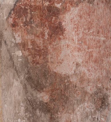 Zdjęcie nr 5: Polichromia pokrywa ściany i sklepienie kolebkowe z lunetami czworobocznej, dwuprzęsłowej zakrystii. Pole sklepienia wypełnia dekoracja ornamentalna utworzona ze zawijanych liści akantu, stylizowanych kwiatów oraz wazonów z kwiatami. Pośrodku sklepienia umieszczono w owalu w kartuszu fragmentarycznie zachowaną scenę Koronacji Marii. W centrum kompozycji zachowała się głowa Marii ujęta w trzy czwarte w prawo z widocznym fragmentem prawego ramienia i ułożonej do modlitwy prawej ręki. Po prawej stronie widać postać tronującego Boga Ojca w złotej koronie, z brodą, trzymającego złotą koronę nad głową Marii. Z lewej można dostrzec fragment ręki Chrystusa oraz fragment jego czerwonej szaty i lewej stopy. Na ścianie wschodniej dekorację malarską w postaci wici utworzonej ze stylizowanych liści akantu i kwiatów poprowadzono w glifie okiennym. Wokół okna utworzono malowane obramienie z motywami stylizowanego ornamentu rollwerkowego. Ponad oknem w glifie znajduje się malowany chrystogram "IHS". Po prawej stronie okna widoczne jest całopostaciowe przedstawienie proroka Eliasza z rozłożonymi rękami. Postać została ujęta w trzech czwartych w prawo. Ma pociągłą twarz okoloną zarostem z wydatnym nosem i ustami. Ubrana jest w strój wschodni - długą szatę z bladoczerwonym płaszczem z kołnierzykiem spiętym przy szyi oraz z rozciętymi rękawami. Na głowie ma szaroniebieski turban. Ponad nim widać lecącego kruka. Obok mężczyzny z prawej strony widoczna jest niewielka sekwencja krajobrazowa z motywem drzewa. Eliasz zwrócony jest w stronę sceny z Ostatnią Wieczerzą wykonaną w pierwszym przęśle ściany południowej zakrystii. Ostatnią Wieczerzę z prawej strony zamyka malowana kolumna z kapitelem rozdzielająca ścianę na dwa przęsła. Na tle altany ze schodami po lewej, flankowanej trzema kolumnami na wysokich cokołach, ukazano Chrystusa i dwunastu apostołów siedzący przy okrągłym, okazałym stole. Ponad stołem wisi płonącą lampa. Stół nakryto białym obrusem zastawionym siedmioma talerzami, owalną misą pośrodku, trzema okrągłymi bochenkami chleba, dwoma nożami i kielichem. Siedzący centralnie za stołem Chrystus został ukazany frontalnie. Zbawiciel ma zmęczoną twarz otoczoną brodą i długimi włosami, spływającymi na ramiona. Ubrany jest w białą tunikę i niebieski płaszcz przerzucony przez lewe ramię. O jego pierś opiera się zamyślony św. Jan, wspierający głowę na prawej ręce trzymanej na stole. Lewą rękę położoną na blacie ma zgiętą w łokciu. Wokół stołu siedzą rozmawiający ze sobą pozostali apostołowie. Są to starsi, brodaci mężczyźni, niektórzy z nich są łysi. Ubrani są w tuniki i narzucone na ramionach płaszcze. Można spośród nich wyróżnić siedzącego po prawe strony Chrystusa św. Piotra oraz Judasza widocznego jako pierwszego po lewej stronie kompozycji. Judasza ukazanego frontalnie identyfikuje żółta szata oraz trzymany w prawej ręce mieszek ze srebnikami. Powyżej w podłuczu lunety namalowano siedzącego, starszego brodatego mężczyznę ujętego w trzech czwartych w prawo. Jest to ewangelista widoczny do kolan. Prawą rękę przyciska do piersi lewą zaś opiera o stół ustawiony z prawej strony kompozycji z ułożoną na nim księgą. Jego twarz charakteryzuje wydatny nos i usta oraz spojrzenie skierowane na widza. W drugim przęśle ściany  
południowej dekoracje tworzy stylizowana wić akantowo-kwiatowa w glifie okiennym oraz otaczające okno obramienie utworzone z motywów rollwerkowych. Nie zachowała się polichromia w lunecie powyżej okna. Na zachodniej ścianie w glifie dawnego otworu wejściowego obramionego żółtą listwą, wykonano dekorację malarską składającą się z malowanych romboidalnych płycin pokrytych czerwonawą marmoryzacją. Ponad glifem na ścianie znajduje się czerwony krzyż równoramienny rozdzielający datę 16 / 46. Na ścianie z prawej strony otworu wyobrażono Ukrzyżowanie Chrystusa na polu pokrytym licznymi, stojącymi krzyżami. Postać Zbawiciela zachowała się fragmentarycznie w partii tułowia i nóg. Powyżej pole w lunecie ozdobiono stylizowaną wicią akantowo-kwiatową. Ścianę północną w pierwszym przęśle wypełnionym szafą zakrystyjną udekorowano rozpostartym, czerwonym paludamentum z baldachimem. Powyżej w lunecie zachowało się bardzo zniszczone przedstawienie św. Jana Ewangelisty, którego można rozpoznać po młodzieńczej, pociągłej twarz o wydatnych rysach. Z postaci zachowały się jeszcze  fragmenty stóp widoczne nad baldachimem. W drugim prześle w dolnej strefie przepruto drzwi z otworem zamkniętym łukiem odcinkowym, obramienionym złocistą taśmą. W nadprożu znalazła się stylizowana wić akantowo-kwiatowa. Powyżej, w górnej strefie namalowano modlitwę Chrystusa w Ogrójcu. Na pierwszym planie kompozycji widoczny jest klęczący na ziemi Zbawiciel ujęty w trzech czwartych w prawo. Lewą rękę ma przyłożoną do piersi, drugą zaś odsuniętą od tułowia. Jego uniesioną głowę ku górze otacza ciemna broda i długie włosy spływające na plecy. Chrystus ma wydatny nos i usta. Ubrany jest w obszerną, jasnooliwkową tunikę przewiązaną w pasie oraz niebieskoszary płaszcz przerzucony przez lewe ramię i rękę. Jezus wpatruje się w zjawiającego mu się powyżej uskrzydlonego anioła ukazanego w dwóch trzecich na obłokach. Anioł w wyciągniętej prawej ręce trzyma złoty kielich, a prawą podtrzymuje opary o ramię krzyż. Ubrany jest w baldoczerwoną tunikę przewiązaną w pasie. Z prawej strony Jezusa widocznych jest trzech śpiących apostołów. Na pierwszym planie ukazano leżącego św. Piotra z głową wspartą na lewej ręce. Jest to starszy mężczyzna z łysym czołem i siwiejącymi włosami i brodą. Ubrany jest w bladoniebieską tunikę i ciemnoochrowy płaszcz. Za nim widać siedzącego św. Jana z głową wspartą na ręce, którą podpiera o prawe kolano. Jest to młodzieniec o długich włosach, ubrany w blado oliwkową tunikę i baldoczerwony płaszcz. O niewielki wzgórek z lewej strony Jana oparty jest św. Jakub. Jest to starszy mężczyzna z brązową brodą i włosami ubrany w bladooliwkowy płaszcz. Za Zbawicielem z lewej strony kompozycji widać drewniany płot z bramką, przez którą do ogrodu wchodzi Judasz w jasno-chórowej szacie, prowadzący zbrojny oddział sług świątynnych. W głębi kompozycji ukazano panoramę Jerozolimy. Powyżej na sklepieniu lunety wyobrażono siedzącego ewangelistę, który ukazany został jako starzec z długą siwą brodą i łysiejącym czołem. Mężczyzna wspierając prawą rękę o stół podpiera nią głowę. Lewą ma położoną na kolanie. Ubrany jest w szarą tunikę oraz bladoczerwony płaszcz przerzucony przez prawe ramię i okrywający kolana.    
